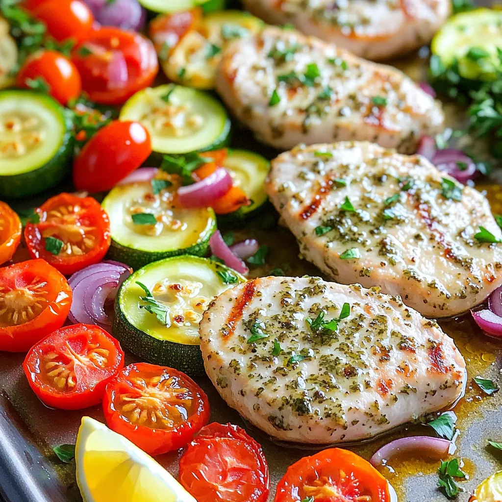- 4 turkey cutlets - 3 tablespoons extra virgin olive oil - 4 cloves garlic, finely minced - 1 teaspoon dried thyme - 1 teaspoon dried rosemary - 1 teaspoon smoked paprika - Sea salt and freshly cracked black pepper to taste - 1 medium zucchini, sliced into half-moons - 1 bell pepper (choose either red or yellow), sliced into strips - 1 cup cherry tomatoes, halved - 1 small red onion, roughly chopped into wedges - Fresh parsley, chopped, for a delightful garnish - Lemon wedges for serving - Calories per serving: About 350 - Macronutrients breakdown: - Protein: 30g - Carbohydrates: 18g - Fat: 20g These ingredients create a tasty and balanced meal. The turkey cutlets stay juicy and flavorful thanks to the marinade. The veggies add color, nutrients, and crunch. Plus, the optional garnishes brighten up the dish. By using fresh parsley and lemon, you enhance the taste and presentation. Each serving brings a good mix of protein, carbs, and healthy fats, making this meal satisfying and nutritious. 1. First, set your oven to 400°F (200°C). This hot temperature gives your turkey cutlets a nice roast. 2. In a small bowl, mix 3 tablespoons of olive oil, 4 minced garlic cloves, 1 teaspoon thyme, 1 teaspoon rosemary, 1 teaspoon smoked paprika, and sea salt and pepper. Whisk it all together until smooth. 1. Place 4 turkey cutlets in a large resealable bag or a shallow dish. 2. Pour the marinade over the cutlets. Make sure they are fully coated. 3. Seal the bag or cover the dish. Place it in the fridge for 30 minutes. If you have time, let it marinate for up to 2 hours for better flavor. 1. While the turkey marinates, wash and chop your veggies. Cut 1 medium zucchini into half-moons, slice 1 bell pepper into strips, halve 1 cup of cherry tomatoes, and chop 1 small red onion into wedges. 2. In a big bowl, combine the chopped veggies. Drizzle with a bit of olive oil and add some salt and pepper. Toss them until they are well coated. 3. Line a baking sheet with parchment paper or foil. This helps with cleanup later. 4. Place the marinated turkey cutlets on one side of the sheet pan. Leave space for the veggies. 5. Spread the seasoned vegetables on the other side of the pan in a single layer. 1. Put the sheet pan in your preheated oven. Roast for 20-25 minutes. 2. Check the turkey and veggies. The turkey should reach an internal temperature of 165°F (74°C). The veggies should be fork-tender. 1. After roasting, take the pan out of the oven. Let it rest for a couple of minutes. 2. Before serving, sprinkle freshly chopped parsley on top for color and taste. Serve it right from the pan for a fun, rustic look. - Avoiding dryness: Turkey cutlets can dry out easily. To keep them juicy, marinate them well. Use olive oil and herbs to coat the meat. Make sure to monitor the cooking time closely. Aim for an internal temperature of 165°F. This ensures they stay moist and tender. - Enhancing flavors with marinades: Marinades add great taste. For this dish, mix olive oil, garlic, thyme, rosemary, and paprika. Let the turkey sit in this mix for at least 30 minutes. For even more flavor, marinate it for up to 2 hours. - Best practices for even cooking: Cut veggies into similar sizes. This helps them cook at the same rate. Spread them on the sheet pan in a single layer. Crowding the pan can lead to steaming instead of roasting. - Flavor combinations for different veggies: Try mixing zucchini, bell peppers, cherry tomatoes, and red onions. These veggies work well together. You can also add carrots or asparagus for variety. Season them with salt, pepper, and a drizzle of olive oil. - Plating ideas: For a rustic touch, serve the turkey and veggies right from the sheet pan. This looks inviting and makes cleanup easier. You can also plate them separately for a more formal look. - Pairing with side dishes: This dish pairs well with simple sides. Try a fresh green salad or warm bread. You can also serve it with a light rice or quinoa dish to round out the meal. Adding lemon wedges enhances the flavors and adds a zesty kick. {{image_4}} You can swap turkey cutlets for other proteins. Chicken breast works great here. It cooks quickly and stays juicy. If you prefer plant-based options, try tofu or tempeh. Both absorb flavors well. Just cut them into similar sizes to the turkey. Marinate them the same way for tasty results. Use fresh veggies based on what’s in season. In spring, asparagus and snap peas shine. Summer brings zucchini and bell peppers, while fall calls for butternut squash and Brussels sprouts. Winter veggies like carrots and parsnips also work well. Mix and match to keep meals exciting and colorful. Change the herbs and spices for new tastes. Instead of thyme and rosemary, try basil and oregano for a Mediterranean twist. You can also add a dash of cumin or chili powder for heat. Experiment with lemon zest for brightness or honey for sweetness. It’s fun to make each dish unique! To keep your turkey cutlets and veggies fresh, follow these steps: - Cool Down: Let the dish cool to room temperature before storing. - Refrigeration: Place leftovers in an airtight container. Store in the fridge for 3-4 days. - Portioning: Divide into smaller portions for easy meals later. Reheat turkey cutlets and veggies to enjoy them again: - Oven Method: Preheat your oven to 350°F (175°C). Place the leftovers on a baking sheet and cover with foil. Heat for about 15-20 minutes. - Microwave Method: Place the food in a microwave-safe dish. Cover and heat for 2-3 minutes, stirring halfway through. Freezing is great for long-term storage: - Freezing: Place cooled leftovers in a freezer-safe container. Seal well to avoid freezer burn. They can last up to 3 months. - Thawing: When ready to eat, thaw the container in the fridge overnight. Reheat as mentioned above. Yes, you can make this recipe ahead of time. Marinate the turkey cutlets a few hours before cooking. Store them in the fridge. You can also chop the veggies and keep them in a sealed container. This way, everything stays fresh. When you're ready, just roast them together. This saves you time on busy days. To check if the turkey is fully cooked, use a meat thermometer. The ideal internal temperature is 165°F (74°C). Insert the thermometer into the thickest part of the cutlet. If it is not at that temperature, cook it a bit longer. The turkey should be juicy and not dry when done. You can use many different vegetables in this recipe. Some great options include: - Carrots, sliced - Broccoli florets - Cauliflower, chopped - Asparagus, trimmed Mix and match your favorites for a colorful dish. Just keep the cooking times in mind. Some veggies may need more or less time to cook. Yes, this recipe is quite friendly for dietary restrictions. It is naturally gluten-free, as it does not use bread crumbs or flour. For low-carb options, focus on the turkey and non-starchy veggies. You can skip the potatoes and stick with zucchini and bell peppers. This makes it a good choice for many diets. Always check labels on your ingredients to ensure they meet your needs. This blog post covered how to create delicious roasted turkey cutlets and veggies. We discussed ingredients, step-by-step instructions, and tips for perfect results. You learned about variations and storage, too. In the end, take these ideas and make the recipe your own. Experiment with flavors and veggies. Enjoy your cooking process and share your tasty results. You’ll impress your family and friends with ease!