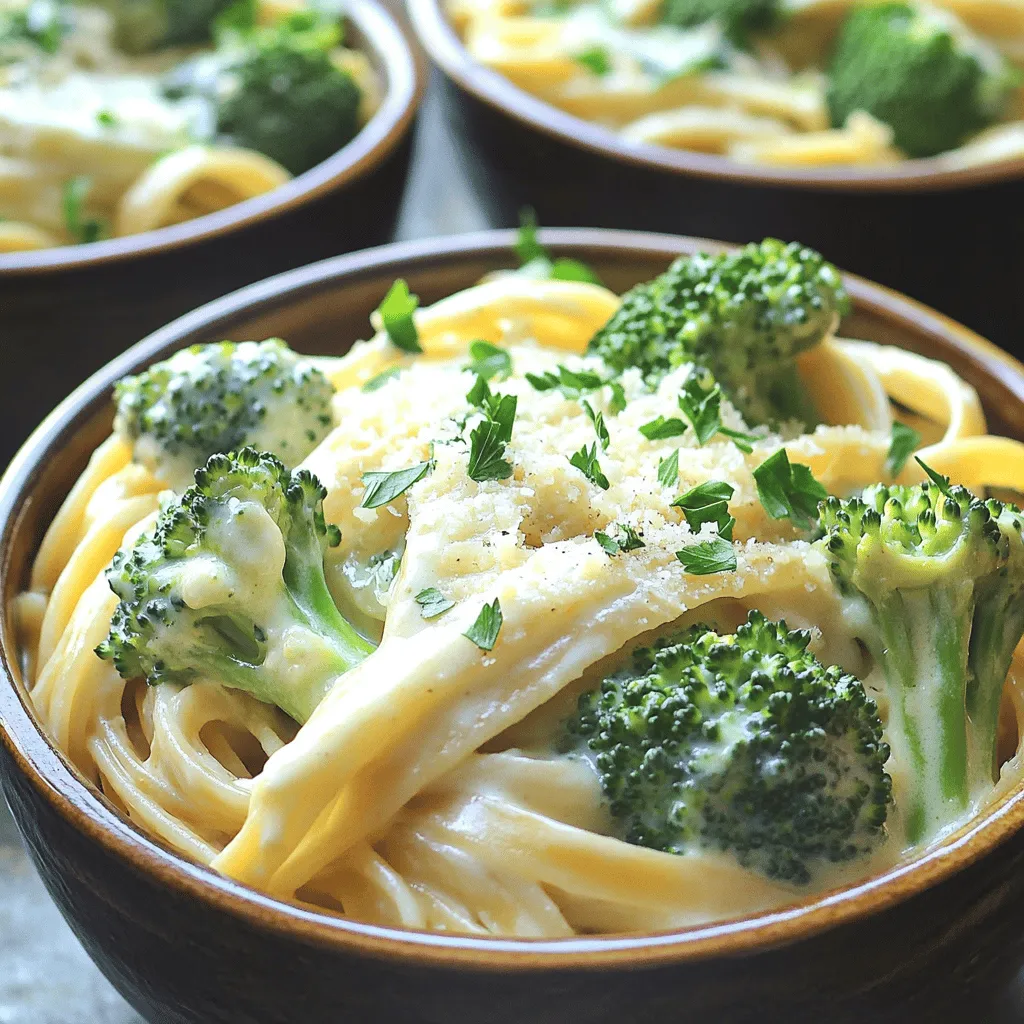 - 1 cup cottage cheese - 1 cup low-sodium vegetable broth - 2 cups fresh broccoli florets - 8 oz whole wheat fettuccine Cottage cheese is the star here. It packs protein and gives the sauce a creamy texture. The vegetable broth adds flavor without extra calories. Fresh broccoli gives the dish color and nutrition. Whole wheat fettuccine keeps it hearty and filling. - 1 tablespoon extra virgin olive oil - 2 cloves garlic, minced - 1 teaspoon onion powder - 1 teaspoon garlic powder - 1/4 teaspoon nutmeg - 1/4 cup grated Parmesan cheese (optional) Olive oil brings richness to the sauce. Garlic adds a savory kick. Onion powder and garlic powder boost the flavor even more. Nutmeg gives a subtle warmth that rounds out the sauce. If you choose Parmesan, it adds a nice salty touch. - Fresh parsley, finely chopped - Salt and pepper to taste Fresh parsley not only looks pretty but also adds freshness. Salt and pepper balance the flavors. Adjust them to your liking for the perfect dish. 1. Start by boiling a large pot of salted water. 2. Once boiling, add 8 oz of whole wheat fettuccine. 3. Cook the pasta according to the package instructions until it is al dente. 4. Drain the pasta, but save a small cup of the cooking water for later. 1. In a separate large pot, bring water to a rolling boil. 2. Carefully add 2 cups of fresh broccoli florets. 3. Blanch the broccoli for about 3 minutes, until it is bright green and tender. 4. Drain the broccoli and set it aside. 1. In a blender, combine 1 cup of cottage cheese, 1 cup of low-sodium vegetable broth, 2 cloves of minced garlic, 1 teaspoon of onion powder, 1 teaspoon of garlic powder, and a pinch of nutmeg. 2. Blend until smooth and creamy. The sauce should be thick. 1. In a large skillet, heat 1 tablespoon of extra virgin olive oil over medium heat. 2. Pour in the creamy cottage cheese sauce and bring it to a gentle simmer. 3. Add the cooked fettuccine and blanched broccoli to the skillet. 4. Gently toss everything together. If the sauce is too thick, add a splash of the reserved pasta water to make it creamier. 1. If you want extra flavor, stir in 1/4 cup of grated Parmesan cheese. 2. Taste the dish and adjust seasoning with salt and freshly ground pepper, if needed. 3. Let the skillet sit off the heat for about a minute. This helps the flavors blend together before serving. To get the right sauce consistency, start with the cottage cheese. Blend it well with the vegetable broth. You want it smooth and creamy. If it’s too thick, add a splash of reserved pasta water. This helps create a velvety sauce. Timing is key for boiling pasta and blanching broccoli. Boil your fettuccine in salted water until al dente, about 8-10 minutes. For broccoli, blanch it for just 3 minutes. It should be bright green and tender. Drain both before mixing. You can use different cheeses to enhance the flavor. Try adding mozzarella or goat cheese for a twist. Each cheese brings its own unique taste and creaminess. Adding spices or herbs can give your dish extra depth. Fresh basil or oregano adds great flavor. A pinch of red pepper flakes can add a nice kick, too. Experiment to find your perfect mix. To plate the dish, use deep bowls. This helps keep the creamy sauce contained. Garnish with finely chopped parsley for a pop of color. A light dusting of grated Parmesan on top also looks great. For pairing ideas, serve this dish with a simple side salad. A light vinaigrette can balance the richness of the Alfredo. You might also enjoy it with crusty bread to soak up the sauce. {{image_4}} You can make this dish fit your needs with some easy swaps. If you want to change the pasta, try using gluten-free pasta or zoodles. Both options work well and keep the dish light. For those avoiding dairy, you can use a dairy-free cottage cheese. Look for nut-based or soy-based options. They provide a similar texture and flavor without the dairy. Feel free to add more veggies! Spinach, peas, or bell peppers can make great additions. Each brings a new flavor and color to your plate. You can also think about seasonal veggies. In spring, try asparagus or green beans. In fall, roasted squash can add a nice touch. Want to add more protein? You can toss in cooked chicken or shrimp. Both options are tasty and fill you up. If you prefer plant-based proteins, try chickpeas or black beans. They add protein and fiber, making this dish even better. Store leftover High-Protein Cottage Cheese Alfredo with Broccoli in an airtight container. Glass or plastic containers work well. Make sure the lid seals tightly to keep air out. This dish stays fresh in the fridge for up to three days. When warming up, I prefer the stovetop method. It helps keep the sauce creamy. Heat it slowly over low heat. Stir often to avoid burning. If you use the microwave, heat in short bursts. Stir between each burst to promote even warming. Yes, you can freeze this dish. Use a freezer-safe container to store it. Let it cool completely before freezing. It lasts up to three months in the freezer. To thaw, move it to the fridge overnight. Reheat it on the stove for the best texture. Can I use low-fat cottage cheese? Yes, you can use low-fat cottage cheese. It will change the taste and texture slightly, but it still works well in this dish. What to do if I don’t have vegetable broth? If you lack vegetable broth, use water or chicken broth. Both options will keep the dish flavorful. Is this recipe gluten-free? No, this recipe is not gluten-free due to the whole wheat fettuccine. Use gluten-free pasta for a gluten-free option. Can this recipe be made vegan? Yes, to make it vegan, swap cottage cheese for a plant-based alternative. Also, omit the Parmesan cheese. How much protein per serving? Each serving has about 21 grams of protein. This makes it a great choice for a protein boost. Caloric information for weight management Each serving contains around 350 calories. It offers a filling meal without excessive calories. This blog post explored a creamy fettuccine dish using cottage cheese. We focused on the main ingredients and seasonings that create a rich flavor. You learned step-by-step instructions for cooking, combining, and serving the pasta. Tips helped enhance taste and texture, while variations showed how to customize the recipe. Proper storage and reheating advice ensured you can enjoy leftovers. Overall, this dish is simple, tasty, and easy to adapt. Enjoy experimenting with the flavors and making it your own!