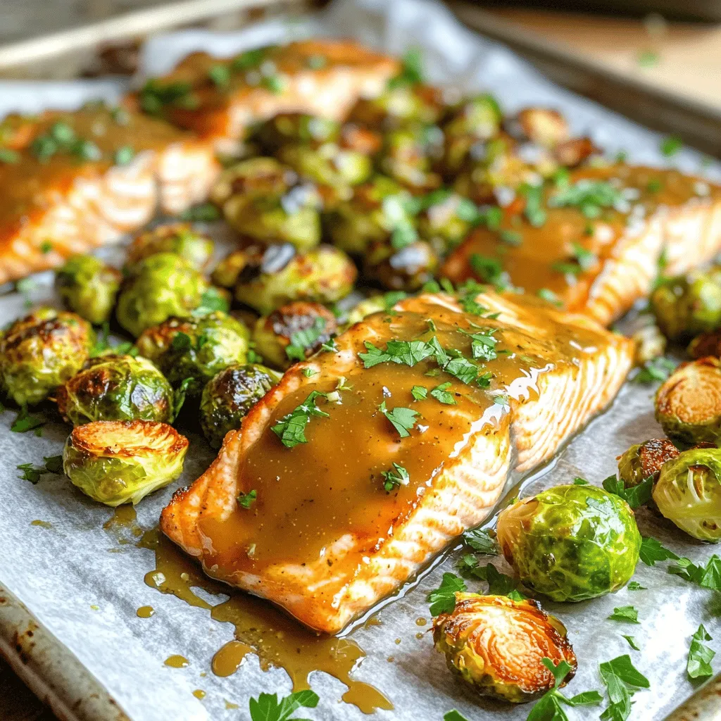 - 4 salmon fillets - 1/4 cup pure maple syrup - 2 tablespoons Dijon mustard - 2 tablespoons olive oil - 1 tablespoon fresh lemon juice - 2 cloves garlic, minced - Salt and pepper to taste - 2 cups Brussels sprouts, trimmed and halved - 1/4 teaspoon red pepper flakes (optional) - Fresh parsley, chopped (for garnish) - Extra maple syrup for drizzling - Lemon wedges for serving - Other herbs like thyme or rosemary for added flavor Using these ingredients makes your dish both tasty and easy to prepare. The salmon fillets soak up the sweet and tangy sauce. The Brussels sprouts get crispy and caramelized. You can switch things up too! Add different herbs or drizzle more syrup for a sweeter touch. Enjoy mixing it up! First, you need to preheat your oven to 400°F (200°C). This step ensures your dish cooks evenly. While the oven warms up, grab a large baking sheet. Line it with parchment paper. This makes clean-up easy and keeps the food from sticking. Next, trim and halve the Brussels sprouts. You want them ready for roasting. Now, let’s make the sauce. In a small bowl, mix together 1/4 cup of pure maple syrup and 2 tablespoons of Dijon mustard. Add in 2 tablespoons of olive oil and 1 tablespoon of fresh lemon juice. Then, toss in 2 cloves of minced garlic. Season it with salt and pepper to taste. If you like a bit of heat, add 1/4 teaspoon of red pepper flakes. Whisk all these together until it’s nice and smooth. Take the halved Brussels sprouts and place them on one side of the baking sheet. Drizzle half of the maple Dijon sauce over them. Toss them gently to coat well. On the other side, lay the 4 salmon fillets skin-side down. Use a brush or the back of a spoon to spread the remaining sauce over each fillet. Now, pop the sheet pan into the oven. Roast everything for about 15 to 20 minutes. You’ll know it’s done when the salmon flakes easily with a fork, and the Brussels sprouts are tender and golden. After removing the pan, let the salmon and sprouts rest for a minute. This helps the flavors meld together nicely. Before serving, sprinkle some chopped fresh parsley on top. It adds a bright touch and fresh flavor. Enjoy your Maple Dijon Salmon and Brussels Sprouts! To get perfectly cooked salmon, check a few key points. First, use fresh salmon fillets. They should be bright and slightly firm. Always cook skin-side down for the best results. Preheat your oven to 400°F (200°C) and roast for 15-20 minutes. Salmon cooks well when it flakes easily with a fork. If you want a glaze, brush the maple Dijon sauce on top. This adds flavor and keeps the salmon moist. For caramelized Brussels sprouts, start with fresh and firm sprouts. Trim and halve them. Spread them out on the baking sheet to avoid steaming. Drizzle half of the maple Dijon sauce over them and toss well. The sauce helps them brown nicely. Roast alongside the salmon for 15-20 minutes. Look for a golden color and tender texture. If you like a bit of crunch, broil them for the last few minutes. This adds a delightful taste. To present this dish beautifully, place the salmon fillet next to a mound of Brussels sprouts. Drizzle a little more maple syrup over the salmon for a glossy finish. Add a lemon wedge on the side for a pop of color. Fresh parsley sprinkled on top adds a vibrant touch. This makes your plate look colorful and tempting. A well-presented dish enhances the dining experience. Enjoy the smiles at your table! {{image_4}} You can swap salmon for other proteins. Chicken breast works well. It absorbs flavors nicely. Use the same maple Dijon sauce. Cook it for about 25-30 minutes. For a meatless option, try tofu. Press and cube firm tofu, then coat with the sauce. Bake it for about 20 minutes. Both options provide great flavor and texture. You can change the Brussels sprouts based on the season. In spring, use asparagus for a fresh taste. Just trim the ends and toss them in the same sauce. In fall, try sweet potatoes. Cut them into cubes and roast them alongside the protein. They add sweetness and color. This makes your dish vibrant and appealing. You can easily tweak the flavors to suit your taste. For a spicy kick, add more red pepper flakes. If you prefer a sweeter dish, increase the maple syrup. For a tangy twist, add more lemon juice. Each adjustment can change the dish's vibe. Experiment with these options to find your favorite! After enjoying your Maple Dijon Salmon & Brussels, you may have some leftovers. To store them, let the dish cool down to room temperature. Then, place the salmon and Brussels sprouts in an airtight container. Keep it in the fridge for up to three days. Make sure to separate the salmon and Brussels sprouts if you want them to last longer. When you are ready to eat your leftovers, reheating properly is key. Preheat your oven to 350°F (175°C) for the best results. Place the salmon and Brussels sprouts on a baking sheet. Cover them with foil to keep them moist. Heat for about 10-15 minutes, or until warmed through. You can also use a microwave if you’re short on time. Just use a microwave-safe dish and cover it to avoid drying out the food. If you want to prepare ahead, freezing is a good option. First, let the dish cool completely. Then, wrap the salmon and Brussels sprouts tightly in plastic wrap or foil. Place them in a freezer-safe bag or container. They can last for up to three months in the freezer. When you are ready to enjoy, thaw overnight in the fridge. Then, reheat using the tips above to keep the flavors fresh. Yes, you can use frozen salmon. Just thaw it in the fridge first. Plan for a few hours. This helps the salmon cook evenly. If you skip thawing, the cooking time increases. Use a fork to check for doneness. It should flake easily. You can serve this dish with many sides. Here are some great ideas: - Quinoa or rice for a filling base. - A fresh green salad for crunch. - Mashed potatoes for creaminess. - Roasted sweet potatoes for sweetness. These sides will enhance the meal and add variety. To check if the salmon is done, look for color change. The flesh should be opaque and flake easily with a fork. You can also use a food thermometer. The ideal temperature is 145°F (63°C). If you reach this temp, your salmon is ready. Let it rest for a minute before serving. This blog post covered a tasty recipe for Maple Dijon Salmon with Brussels sprouts. We looked at the main and optional ingredients, detailed preparation steps, and key cooking tips. You learned how to make it look great on your plate and ways to vary the dish to fit your tastes. In closing, this recipe is simple yet flavorful. You can impress yourself and guests alike. Enjoy cooking and trying out new twists. Your kitchen can be a place of creativity and fun!