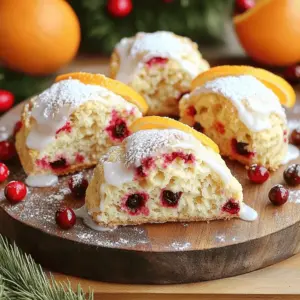 To create warm cranberry orange scones, you will need: - 2 cups all-purpose flour - 1/3 cup granulated sugar - 1 tablespoon baking powder - 1/2 teaspoon salt - 1/2 cup cold unsalted butter, cubed - 3/4 cup dried cranberries - Zest of 1 large orange - 1/2 cup heavy cream - 1 large egg - 1 teaspoon vanilla extract - 1/2 cup powdered sugar (for glaze) - 1 tablespoon milk (for glaze) - 1/4 teaspoon vanilla extract (for glaze) These ingredients blend to create a delightful treat with bright flavors. To keep your ingredients fresh: - Store flour in a cool, dry place. - Keep sugar in an airtight container to avoid clumping. - Refrigerate unsalted butter to maintain its freshness. - Dried cranberries should stay in a sealed bag or container. Using fresh ingredients helps your scones taste their best. If you lack some ingredients, here are smart swaps: - Replace all-purpose flour with whole wheat flour for a nutty flavor. - Use brown sugar instead of granulated sugar for added depth. - Swap heavy cream with whole milk or a non-dairy milk for a lighter option. - If you don’t have dried cranberries, try raisins or chopped dried apricots. These swaps can help you make scones with what you have at home! First, you need to preheat your oven to 400°F (200°C). This step is crucial for baking the scones evenly. While the oven heats up, grab a baking sheet. Line it with parchment paper to help prevent sticking. This will make cleanup easy and keep your scones nice. In a large bowl, measure out 2 cups of all-purpose flour. Add 1/3 cup of granulated sugar, 1 tablespoon of baking powder, and 1/2 teaspoon of salt. Use a whisk to mix these dry ingredients well. It’s important to blend them thoroughly to ensure even flavor in every bite. Now, take 1/2 cup of cold unsalted butter, cubed. Add it to your dry mixture. Use a pastry cutter or your fingers to work the butter into the flour. Aim for a crumbly texture, like coarse crumbs. Make sure there are no large butter chunks. Next, in another bowl, whisk together 1/2 cup of heavy cream, 1 large egg, and 1 teaspoon of vanilla extract until mixed well. Once your butter is combined, gently fold in 3/4 cup of dried cranberries and the zest of 1 large orange. This adds a wonderful flavor. Pour the wet mixture into the dry ingredients. Stir gently until just combined. The dough should be slightly sticky but hold together. Lightly flour a clean surface, then turn the dough out. Knead it a few times, just enough to bring it together. Shape it into a circle about 1-inch thick. To cut the dough, you can slice it into wedges like a pizza or use a round cutter. Place the cut scones on the prepared baking sheet, ensuring they have space to rise. Bake your scones in the hot oven for 15-18 minutes. You want them to turn lightly golden. To check if they are done, insert a toothpick into the center. It should come out clean. Once baked, let the scones cool on the baking sheet for a few minutes. This helps them firm up just right. While the scones cool, prepare the vanilla glaze. In a small bowl, mix 1/2 cup of powdered sugar, 1 tablespoon of milk, and 1/4 teaspoon of vanilla extract. Stir until the glaze is smooth and has a drizzle-able texture. When the scones are warm, drizzle this glaze over them. This adds a sweet touch and a nice shine. Enjoy your delicious warm cranberry orange scones! To make great scones, dough consistency is key. The dough should feel slightly sticky yet hold together well. If it feels too dry, add a splash of cream. If it’s too wet, sprinkle in a bit more flour. It’s crucial not to overmix. This keeps the scones light and fluffy. Just mix until you see no dry flour. Baking can be tricky, but some easy tips can help. Always measure your ingredients accurately. Use a kitchen scale for precision. Cold butter is best for flaky scones. Make sure your oven is preheated. An oven thermometer can help ensure the right temp. Also, do not skip the cooling step! Let the scones rest to firm up before adding the glaze. Serving your scones beautifully can enhance the experience. For a charming touch, place the warm scones on a rustic wooden platter. Add slices of fresh orange around them for color. A light dusting of powdered sugar on top adds elegance. Pair them with a steaming cup of tea or coffee. This creates a warm, inviting treat that everyone will love. {{image_4}} You can easily change the flavor of your scones. Try adding nuts like walnuts or pecans. This gives a nice crunch. Chocolate chips can also work well for a sweet twist. Just fold in half a cup of your choice before mixing the wet ingredients. You can even use dried fruits like cherries or blueberries for a fun spin. Seasonal fruits can add a fun touch to your scones. In spring, use fresh strawberries or raspberries. Their sweetness can brighten the scone flavor. In the fall, consider apples or pears for a cozy taste. You can also swap out cranberries for dried apricots or figs. Each fruit will bring its unique flair. If you want to make your scones more nutritious, consider using whole wheat flour. It adds fiber and a nuttier taste. You can replace half of the all-purpose flour with whole wheat flour. For a lower sugar option, try using honey or maple syrup instead of granulated sugar. You can also cut down the butter by using Greek yogurt. This change keeps scones moist while reducing fat. To keep your warm cranberry orange scones fresh, store them in an airtight container. This helps maintain their soft texture. Be sure to let them cool before sealing. If you store them while warm, they can become soggy. The scones stay fresh for about 2 days at room temperature. To enjoy your leftover scones, you can reheat them easily. Preheat your oven to 350°F (175°C). Place the scones on a baking sheet and warm them for about 5 to 10 minutes. This will help restore their softness and enhance their flavor. You can also use a microwave, but be careful not to overheat them. Just warm them for 10-15 seconds for the best results. If you want to save some scones for later, freezing is a great option. Allow your baked scones to cool completely. Then wrap each scone tightly in plastic wrap. Place the wrapped scones in a freezer bag or container. They can be frozen for up to 3 months. When you’re ready to enjoy them, thaw them in the fridge overnight and reheat as mentioned above. You can tell when the scones are done by their color. They should be lightly golden. Insert a toothpick in the center of a scone. If it comes out clean, they are ready. The time to bake is about 15 to 18 minutes. Keep an eye on them during the last few minutes. Yes, you can make the scone dough ahead of time. Wrap it tightly in plastic wrap and store it in the fridge for up to 24 hours. When you're ready to bake, just roll it out and cut your scones. This is a great way to save time on busy mornings. To boost the flavor, you can add spices like cinnamon or nutmeg. Fresh herbs also work well. Zest from citrus fruits, like lemon or lime, can add a bright note. You can even mix in nuts or chocolate chips for a fun twist. These scones stay fresh for about two days at room temperature. Store them in an airtight container to keep them soft. If you want them to last longer, you can freeze them. Just wrap them well and store them in the freezer for up to three months. In this post, we explored the key ingredients, step-by-step baking instructions, and useful tips for making scones. I shared ideas for variations and storage methods too. Remember, with the right ingredients and techniques, you can make delicious scones at home. Experiment with flavors and enjoy your baking journey! The joy of fresh-baked scones makes every effort worthwhile. Happy baking!