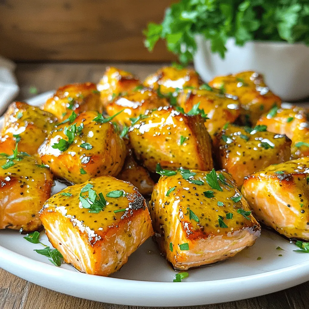 You need 1 pound of fresh salmon fillet. Make sure the skin is off and cut it into bite-sized pieces. This helps the salmon cook evenly and makes it easy to eat. Fresh salmon gives the best taste. For the marinade, gather these items: - 2 tablespoons honey - 2 tablespoons Dijon mustard - 1 tablespoon soy sauce - 1 teaspoon garlic powder - 1 teaspoon smoked paprika - Salt and pepper to taste These ingredients create a sweet and tangy flavor. Honey adds sweetness, while Dijon mustard gives it a nice bite. Soy sauce adds depth, and garlic powder and smoked paprika bring warmth. For a beautiful finish, consider using fresh chopped parsley. It adds color and a fresh taste. You can also serve with lemon wedges. The lemon gives a bright flavor that pairs well with salmon. To start, gather your ingredients. In a medium bowl, mix: - 2 tablespoons honey - 2 tablespoons Dijon mustard - 1 tablespoon soy sauce - 1 teaspoon garlic powder - 1 teaspoon smoked paprika - A pinch of salt and pepper Whisk these until smooth. This blend creates a rich and tasty marinade. Next, take your fresh salmon fillet, cut it into bite-sized pieces. Place the salmon in the bowl with the marinade. Make sure each piece gets coated well. Cover the bowl and let it sit for 15-20 minutes. This allows the flavors to soak in deeply. Once the salmon is marinated, preheat your air fryer to 400°F (200°C) for about 5 minutes. Lightly spray the air fryer basket with non-stick spray. This step ensures the salmon won’t stick. Arrange the salmon bites in a single layer in the basket. Avoid crowding them. Cook for 8-10 minutes, flipping halfway through. The salmon should look golden and flaky when done. After cooking, let the bites rest for a minute. This keeps them juicy. Finally, sprinkle fresh chopped parsley on top before serving. Enjoy! To ensure your honey mustard salmon bites burst with flavor, let them marinate. I recommend at least 20 minutes. This time allows the salmon to soak up the marinade. The mix of honey, Dijon mustard, soy sauce, and spices creates a bold taste. For a sweet touch, adjust the honey. If you prefer more heat, add a dash of cayenne pepper. Cooking time can change based on salmon bite size. Smaller pieces may cook faster, around 6-8 minutes. Larger chunks might need 10-12 minutes. Always check for doneness. The salmon should flake easily with a fork. If needed, return it to the air fryer for a few more minutes. Serve your salmon bites with lemon wedges for a zesty kick. Fresh parsley adds color and flavor. Pair them with a light salad or some steamed veggies. These bites also work great as an appetizer or snack. Don't forget to offer toothpicks for easy serving! {{image_4}} You can switch up the marinade to fit your taste. Try using maple syrup instead of honey for a sweeter kick. You can also use whole grain mustard instead of Dijon for extra texture. If you like heat, add a dash of hot sauce to the mix. This gives your salmon bites a nice spice. If you don't have fresh salmon, you can use canned salmon. Just drain it well and break it into bite-sized pieces. For a gluten-free option, swap soy sauce with tamari. You can also replace garlic powder with fresh minced garlic for a stronger flavor. Don't hesitate to be creative with what you have! These salmon bites pair well with many sides. Try serving them with a fresh salad for a light meal. Roasted veggies are another great choice. You can also serve them with rice or quinoa for a heartier dish. Don't forget about dipping sauces like tzatziki or a spicy mayo. To store leftovers, place the salmon bites in an airtight container. This keeps them fresh. You can refrigerate them for up to three days. Make sure they cool down before sealing. This helps avoid excess moisture. When you're ready to eat, reheating is key. I suggest using the air fryer again. Set it to 350°F (175°C) for about five minutes. This method keeps them crispy. You can also use the microwave, but it may make them soggy. If you choose the microwave, heat them for 30 seconds at a time. You can make these salmon bites ahead. Marinate the salmon and store it in the fridge for up to 24 hours. This lets the flavors deepen. When you’re ready, pop them in the air fryer. They cook quickly, making this a great meal prep option. You should air fry salmon bites for 8 to 10 minutes. Flip them halfway for even cooking. When done, they should look golden and flaky. Yes, you can use frozen salmon. Just thaw it first before marinating. This ensures the marinade sticks well. Set your air fryer to 400°F (200°C). This high heat cooks the salmon quickly and makes it crispy. This blog detailed how to prepare flavorful air-fried salmon. We discussed key ingredients, like fresh salmon and marinade choices. I walked you through simple steps for marinating and air frying. We also shared tips for flavor and cooking times. Lastly, we explored variations and storage options. Air-fried salmon is easy and tasty. You can enjoy it as a meal or snack!