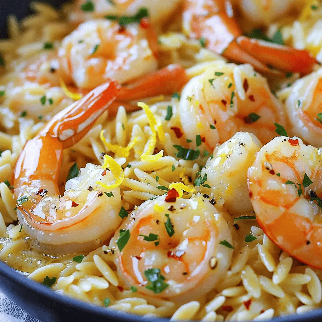 - 1 pound large shrimp, peeled and deveined - 1 cup orzo pasta - 4 tablespoons unsalted butter - 4 cloves garlic, minced - 1 lemon (zested and juiced) - 1/2 teaspoon red pepper flakes (adjust according to your spice preference) - 1 cup vegetable or chicken broth - Salt and pepper to taste - 2 tablespoons fresh parsley, finely chopped (for garnish) - Extra lemon zest (for garnish) When making Minute Garlic Butter Shrimp Orzo, use fresh shrimp. Look for shrimp that smell like the ocean. If your shrimp smells strong or fishy, skip it. Fresh garlic adds a punch of flavor. Avoid garlic that is soft or sprouted. For the orzo, choose a high-quality brand for better taste and texture. If you can’t find large shrimp, medium shrimp works well too. You can even use chicken or tofu if you prefer. For a gluten-free option, swap orzo for rice or gluten-free pasta. If you don’t have fresh parsley, use basil or cilantro for a different twist. You can also skip the red pepper flakes if you want a milder dish. Start by boiling water in a medium saucepan. Add salt to the water. Once it boils, add 1 cup of orzo pasta. Cook it for 8 to 10 minutes until it’s al dente. Stir it occasionally. When done, drain the orzo but keep a bit of the water. Set aside the orzo for later. Next, heat a large skillet over medium heat. Add 4 tablespoons of unsalted butter and let it melt. Once melted, add 4 cloves of minced garlic. Stir the garlic for 1 to 2 minutes until it smells nice. Be careful not to let it brown. Now, add 1 pound of shrimp that is peeled and deveined. Season the shrimp with salt, pepper, and 1/2 teaspoon of red pepper flakes for a little heat. Cook the shrimp for 2 to 3 minutes. Stir occasionally until they turn pink and are cooked through. Once the shrimp are cooked, squeeze the juice of 1 lemon into the skillet. Add the lemon zest as well. Pour in 1 cup of vegetable or chicken broth. Let this mix simmer for 2 to 3 minutes. This step helps all the flavors blend well. Now, gently add the cooked orzo to the skillet. Use tongs to toss everything. If it seems dry, add a bit of the reserved pasta water. Taste and add more salt or pepper if you need it. Finally, remove the skillet from heat and serve right away. Garnish with fresh parsley and extra lemon zest. Enjoy your meal! To get the best garlic flavor, use fresh garlic cloves. Mince them finely so they release their oils. Sauté them in melted butter over medium heat. Stir them for 1-2 minutes until they smell great. Avoid browning the garlic. Brown garlic can taste bitter. If you want a stronger flavor, try adding garlic powder at the end. Cook the shrimp until they turn pink. This usually takes about 2-3 minutes. They should be opaque in the center. Overcooked shrimp can be tough. Make sure to season them with salt and pepper before cooking. This step adds flavor and keeps them juicy. Use a timer if needed to avoid overcooking. Spice levels can change the dish. Start with 1/2 teaspoon of red pepper flakes. This adds a nice warmth without overwhelming the dish. If you like it spicier, add more flakes as you cook. You can also add hot sauce or fresh chopped chili for extra heat. Always taste as you go to find your perfect balance. {{image_4}} You can boost nutrition and flavor by adding vegetables. Consider spinach, cherry tomatoes, or bell peppers. You can sauté these in the butter with the garlic. This makes the dish more colorful and delicious. Broccoli or zucchini also work well. They add a nice crunch and fresh taste. If you want to mix up the protein, try chicken or scallops. For chicken, cut it into small pieces. Cook it until golden brown before adding garlic. For scallops, sear them for about 2-3 minutes. Both options will give you a new twist on the dish. You can even make it vegetarian by using mushrooms or tofu. If you need a gluten-free option, use rice or quinoa instead of orzo. Both grains will soak up the garlic butter flavor nicely. You can also find gluten-free orzo in stores. Just follow the cooking instructions on the package. These alternatives ensure everyone can enjoy this tasty meal. To store your leftover Minute Garlic Butter Shrimp Orzo, let it cool first. Place it in an airtight container. It will stay fresh in the fridge for up to three days. If you want to enjoy it later, make sure to seal the container well. This helps keep the flavors intact. When you are ready to eat your leftovers, reheat them gently. You can use a skillet or microwave. If using a skillet, add a splash of broth or water. This helps to keep the orzo moist. Heat it over low heat, stirring often. If using a microwave, cover the dish loosely. Heat in short bursts, stirring in between, until warm. You can freeze Minute Garlic Butter Shrimp Orzo, but it’s best to freeze the shrimp and orzo separately. This keeps the shrimp from becoming rubbery. Place each in a freezer-safe bag. Use them within three months for best taste. When you’re ready to eat, thaw them overnight in the fridge. Then reheat as mentioned above. This dish takes about 20 minutes from start to finish. You spend around 10 minutes prepping and cooking the orzo. The shrimp cooks quickly in just a few minutes. This makes it a great meal for busy nights. Yes, you can use frozen shrimp. Just thaw the shrimp before cooking. You can do this by placing them in cold water for a few minutes. Cook them as you would fresh shrimp. They will taste just as good in the dish. Minute Garlic Butter Shrimp Orzo pairs well with a simple salad. You can use mixed greens and a light vinaigrette. Grilled vegetables also make a nice side. For a touch of freshness, serve with lemon wedges. It adds a zesty kick! To sum up, we explored the key ingredients for making Minute Garlic Butter Shrimp Orzo. We shared tips on choosing the best quality items and substitutions. Next, I provided clear steps on preparing the orzo, cooking the shrimp, and mixing the ingredients perfectly. With helpful tips on flavor, cooking shrimp, and adjusting spices, you can create a great dish. We then discussed adding veggies and other proteins for variety. Finally, we covered storage tips and quick answers to your common questions. Enjoy making this meal!