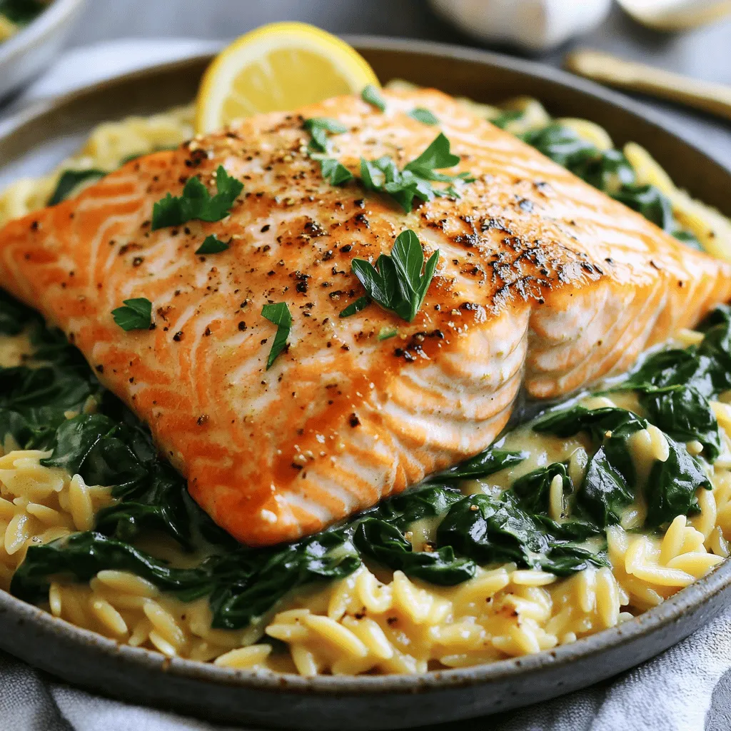 - 4 salmon fillets, skin-on - 2 cups fresh spinach, washed and trimmed - 1 cup orzo pasta - 4 tablespoons unsalted butter, divided - 4 cloves garlic, minced - 1 cup heavy cream - 1 cup chicken or vegetable broth - 1 tablespoon fresh lemon juice - Salt and freshly ground black pepper, to taste - Fresh parsley, finely chopped (for garnish) Gathering the right ingredients is key to making this dish shine. The salmon fillets bring a rich flavor and healthy fats. The fresh spinach adds color and nutrients. Orzo pasta gives a nice texture, soaking up the creamy sauce. For the cooking essentials, unsalted butter is best for control over saltiness. Garlic adds depth to the sauce. Heavy cream turns the sauce rich and velvety, while broth boosts the overall flavor. Lastly, lemon juice brightens everything with its acidity. When it comes to seasoning, salt and black pepper enhance the natural flavors. Fresh parsley not only looks great but also adds a fresh taste. With these ingredients ready, you are set for a delicious meal! - Bring a large pot of salted water to a boil. - Add the orzo and cook it until al dente, about 8-10 minutes. - Drain the orzo in a colander and set it aside. - Heat a large skillet over medium heat and add 2 tablespoons of butter. - Season both sides of the salmon fillets with salt and pepper. - Once the butter melts and shimmers, place the salmon skin-side down in the skillet. - Cook for about 4-5 minutes, then flip the fillets and cook for another 4-5 minutes until golden brown and cooked through. - Remove the salmon from the skillet and place it on a plate while you prepare the sauce. - In the same skillet, add the remaining 2 tablespoons of butter. - When the butter melts, add the minced garlic and sauté for 1-2 minutes until fragrant. - Pour in the chicken or vegetable broth and lemon juice. Bring to a gentle simmer. - Reduce the heat to low and slowly stir in the heavy cream. Blend well. - Let the sauce simmer for 3-4 minutes until it thickens slightly. - Gently fold the fresh spinach into the sauce. Stir until the spinach wilts, about 2-3 minutes. - Add the cooked orzo to the skillet, tossing gently to coat the pasta with the creamy sauce. - Place the seared salmon fillets on top of the orzo and sauce, drizzling some sauce over the salmon to keep it moist and flavorful. To cook salmon with crispy skin, start with a hot skillet. Use a bit of oil or butter to coat the pan. When the salmon hits the pan, it will sizzle. Cook it skin-side down for about 4-5 minutes. Don’t move it around. This helps the skin crisp up nicely. Flip the salmon and cook for an additional 4-5 minutes. This gives you a golden brown finish. The ideal internal temperature for salmon is 145°F (63°C). You can check this with a meat thermometer. The fish should flake easily with a fork when fully cooked. To avoid curdling in your cream sauce, keep the heat low. Never let it boil. When you add the cream, stir slowly. This keeps the sauce smooth. If the sauce starts to thicken too much, add a splash of broth. This will help adjust the consistency. You can customize the thickness of your sauce. If you want it thicker, let it simmer a bit longer. For a lighter sauce, add more broth or cream. Just mix until you find the right balance for your taste. Salmon pairs well with many sides. Try serving it with roasted vegetables or a fresh salad. A light, zesty side dish complements the rich flavors. For serving dishes, shallow bowls or plates work best. They allow you to showcase the salmon and orzo beautifully. Drizzle the creamy sauce over the top. Add a lemon wedge on the side for a fresh touch. A sprinkle of parsley adds color and flavor too! {{image_4}} You can easily swap out salmon for other proteins. Chicken works well in this dish. Just cook it until golden and juicy. Shrimp is another great choice. Sauté them in the same pan until they turn pink and tender. For a meatless meal, try using tofu or chickpeas. These options add protein and keep the dish hearty. If you need a gluten-free option, use rice or quinoa instead of orzo. Both will soak up the sauce nicely. You can also try other pasta shapes, like penne or fusilli. These shapes hold the creamy sauce well, making each bite satisfying. Adding herbs can take your dish up a notch. Fresh dill or thyme adds a nice touch. You can also use paprika for a hint of spice. If you want more veggies, consider adding cherry tomatoes or bell peppers. They add color and sweetness, making the dish even more vibrant. To store your creamy garlic butter salmon with spinach and orzo, let it cool first. Put it in an airtight container. This keeps the flavors fresh. You can store it in the fridge for up to three days. Make sure to label the container with the date. This helps you track how long it has been stored. If you want to keep it longer, you can freeze the dish. Use a freezer-safe container to avoid freezer burn. It can last up to three months in the freezer. When you're ready to eat, thaw it in the fridge overnight. For reheating, place it in a skillet over low heat. Add a splash of broth or cream to keep it moist. Stir until heated through. Enjoy your meal just like the first time! To check if the salmon is done, look for a few signs. The fish should change from translucent to opaque. It should also flake easily with a fork. The internal temperature should reach 145°F. If you see these signs, your salmon is perfect. Yes, you can prepare parts of this dish in advance. You can cook the orzo and store it in the fridge. Cook the salmon and sauce fresh for the best taste. You could also sauté the spinach ahead and add it later. Just reheat everything gently before serving. Several side dishes work well with this creamy salmon. Consider a fresh salad for crunch. Roasted vegetables add color and flavor too. Garlic bread is also a great choice. Each of these sides will complement your salmon and orzo beautifully. This blog post detailed how to make creamy garlic butter salmon with orzo. You learned the key ingredients, step-by-step instructions, tips for perfect cooking, and creative variations. The recipe is simple and satisfying. Whether you choose salmon, chicken, or shrimp, the flavors shine through. Remember to store leftovers correctly for fresh meals later. Enjoy your cooking and impress friends and family with this dish. Your kitchen adventure just got tastier!