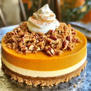 - 1 ½ cups graham cracker crumbs - ¼ cup melted butter - 2 tablespoons granulated sugar - 16 oz cream cheese, softened - 1 cup granulated sugar - 1 cup canned pumpkin puree - 3 large eggs, at room temperature - 1 teaspoon vanilla extract - 1 teaspoon ground cinnamon - ½ teaspoon ground nutmeg - ½ teaspoon ground ginger - ½ teaspoon salt I love using graham cracker crumbs for that crunchy base. The butter helps the crust stick together. I also mix in a little sugar for added sweetness. Cream cheese gives the cheesecake its rich texture. Canned pumpkin puree is key for that fall flavor. The eggs help bind everything and keep it smooth. I always add vanilla and spices like cinnamon, nutmeg, and ginger for warmth. Finally, a pinch of salt balances the sweetness. - ½ cup chopped pecans - ½ cup brown sugar - ½ cup all-purpose flour - 1 teaspoon ground cinnamon - ¼ cup chilled butter, cubed The streusel topping makes the cheesecake extra special. I use chopped pecans for crunch. Brown sugar adds sweetness and depth. All-purpose flour helps bind it all together. I add more cinnamon to echo the flavors in the cheesecake. The chilled butter creates that crumbly texture we all love. - Butter for greasing the pan - 9-inch springform pan Greasing the pan is a must. It keeps the cheesecake from sticking. I prefer a 9-inch springform pan for easy removal. It helps create a beautiful presentation. Make sure to have these ready before you start. - Preheat your oven to 325°F (163°C). This gets your oven ready for baking. - In a bowl, combine 1 ½ cups of graham cracker crumbs, ¼ cup of melted butter, and 2 tablespoons of sugar. Mix well until the crumbs are coated. - Press this mixture firmly into the bottom of a springform pan. Bake the crust for 10 minutes. Let it cool while you make the filling. - In a large bowl, beat 16 oz of softened cream cheese until smooth. - Gradually add 1 cup of sugar and 1 cup of canned pumpkin puree. Mix until smooth with no lumps. - Add 3 large eggs one at a time, mixing well after each addition. - Stir in 1 teaspoon of vanilla extract, 1 teaspoon of ground cinnamon, ½ teaspoon of ground nutmeg, ½ teaspoon of ground ginger, and ½ teaspoon of salt. Ensure everything is mixed well. - Carefully pour the pumpkin cheesecake filling into the cooled crust. Smooth the top with a spatula. - For the streusel topping, mix ½ cup of chopped pecans, ½ cup of brown sugar, ½ cup of flour, 1 teaspoon of cinnamon, and ¼ cup of cubed chilled butter in a new bowl. Use your fingers to combine until it looks like crumbs. - Sprinkle the streusel topping evenly over the cheesecake filling. - Bake the cheesecake for 55-65 minutes. Look for firm edges and a slight jiggle in the center. - After baking, turn off the oven and crack the door open to let it cool for about an hour. This helps prevent cracks. - Finally, move the cheesecake to the fridge. Chill it for at least 4 hours, or overnight for best flavor. To make a great cheesecake, avoid cracks. Cool it gradually by leaving it in the oven with the door slightly open. This helps the cheesecake set evenly. Always use room-temperature ingredients. Cold cream cheese or eggs can lead to lumps in your filling, which we want to avoid. For a lovely presentation, slice the cheesecake into wedges. Top each piece with a dollop of whipped cream. A sprinkle of cinnamon and a few extra pecans make it look fancy. This cheesecake pairs well with coffee or spiced cider. The flavors complement each other perfectly. One common mistake is overmixing the filling. This can introduce too much air, leading to cracks. Also, do not skip the chilling step. Letting the cheesecake chill for at least four hours is key. It helps the flavors develop and sets the texture. Trust me, it’s worth the wait! {{image_4}} You can change the flavor of your Pumpkin Streusel Cheesecake easily. Consider adding chocolate or caramel swirls. These add a rich taste and fun texture. Just drizzle melted chocolate or caramel into the filling before baking. Another idea is to use different nuts for the topping. While pecans are great, walnuts or almonds can add a unique crunch. Try toasting the nuts first to bring out their flavor. If you need a gluten-free option, switch to gluten-free graham cracker crumbs. This keeps the crust tasty while meeting dietary needs. You can also use almond flour as a base for the crust. For those who follow a vegan diet, use vegan cream cheese and flax eggs. To make one flax egg, mix one tablespoon of ground flaxseed with three tablespoons of water. Let it sit for a few minutes until it thickens. To switch things up, try using sweet potatoes instead of pumpkin. Sweet potatoes give a similar texture and a slightly different flavor. Make sure to cook and mash them first for the best results. You can also add more fall spices to enhance the flavor. Consider using cloves or allspice along with the cinnamon, nutmeg, and ginger. This brings more warmth and complexity to each bite. To store leftover pumpkin streusel cheesecake, put it in the fridge. Make sure to use an airtight container. This keeps the cheesecake fresh and prevents it from drying out. You can also cover the springform pan tightly with plastic wrap. This way, it stays moist and tasty for days. For long-term storage, you can freeze the cheesecake. First, let it cool completely in the fridge. Then, wrap it well in plastic wrap. After that, place it in a freezer-safe bag or container. This ensures it won’t get freezer burn. When you want to enjoy it, thaw the cheesecake in the fridge overnight. This slow thaw keeps the texture nice. In the fridge, pumpkin streusel cheesecake lasts about 5 to 7 days. Check for signs of spoilage, like an off smell or a change in texture. If you see mold, toss it out right away. Enjoy every slice while it’s still fresh! You can use several options for your crust. Here are some ideas: - Digestive biscuits: These give a similar taste and texture. - Vanilla wafers: They add a sweet flavor and crunch. - Oreo cookies: For a fun twist, use crushed Oreos for a chocolatey crust. - Almond flour: This is gluten-free and gives a nutty taste when mixed with butter. Each option brings a unique taste to your Pumpkin Streusel Cheesecake, so choose what you like best! Yes, you can make this cheesecake ahead of time. Here are some best tips: - Prepare up to a day in advance: Bake and chill the cheesecake a day early. It will taste even better! - Store properly: Keep it in the fridge, covered well to avoid drying out. - Streusel topping: Add the streusel right before serving for extra crunch. These steps help you enjoy this treat without the rush! Testing for doneness is simple. Here are the signs to look for: - Firm edges: The edges should look set and firm. - Slight jiggle: The center can jiggle a bit. This means it will firm up as it cools. - Toothpick test: Insert a toothpick into the center. If it comes out mostly clean, your cheesecake is ready. These tips help you achieve the perfect Pumpkin Streusel Cheesecake every time! This blog post covered how to make a Pumpkin Streusel Cheesecake from start to finish. We discussed key ingredients, step-by-step instructions, tips for perfection, and storage advice. Remember, a few simple tricks can elevate your cheesecake. Avoid common mistakes, like overmixing, to ensure a smooth texture. Don’t forget to try fun variations and enjoy your creation with friends. Making this cheesecake can be fun and rewarding. I hope you feel ready to start baking a delicious fall treat!
