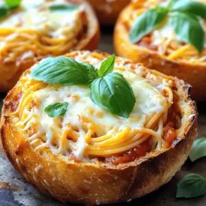 - 4 large bread bowls (store-bought or homemade) - 400g (14 oz) spaghetti - 2 cups marinara sauce - 1 cup ricotta cheese - 2 cups shredded mozzarella cheese - 1/2 cup grated Parmesan cheese - 1 teaspoon Italian seasoning - 1 teaspoon garlic powder - Salt and pepper to taste - Fresh basil leaves for garnish When choosing bread bowls, you can go with store-bought or make your own. Store-bought options save time and work well. Homemade bread bowls offer a fresh taste and a fun cooking project. If you opt for homemade, select a simple bread recipe that allows for a sturdy bowl. Italian seasoning and garlic powder are key to a rich flavor. They add warmth and depth to the dish. Without them, the bake might taste flat. Feel free to adjust the amounts to suit your taste. For garnishes, fresh basil leaves add color and a hint of brightness. Other options include chopped parsley or a sprinkle of red pepper flakes for heat. These can enhance both the look and flavor of your dish. Preheating your oven to 375°F (190°C) is key. This step warms the oven, ensuring even cooking. A hot oven helps the cheese melt perfectly and gives a nice golden finish. Next, cook the spaghetti. Boil water in a large pot. Add salt to the water for flavor. Cook the spaghetti for about 8-10 minutes until it is al dente. Al dente means the pasta is firm but not hard. After cooking, drain the spaghetti and set it aside in a large bowl. Now, it’s time to mix your ingredients. In the bowl with the spaghetti, add 2 cups of marinara sauce. Then, stir in 1 cup of ricotta cheese, 1 teaspoon of Italian seasoning, and 1 teaspoon of garlic powder. Don’t forget to add salt and pepper to taste. Mix well to coat the spaghetti evenly. This ensures every bite is full of flavor. Take each bread bowl and carefully hollow it out. You can use a knife or a spoon for this. Leave about 1 inch of bread at the edges. This keeps the bowl strong and holds the filling. Pack the spaghetti mixture into each bread bowl. Don’t overfill them. If they are too full, the filling will spill during baking. It’s better to have a little space at the top. Arrange the filled bread bowls on a baking sheet. This catches any drips while they bake. Place them in the preheated oven. Bake for about 25-30 minutes. You want the cheese to melt and bubble. It should also turn a lovely golden brown. Once baked, carefully remove the bowls from the oven. Let them cool for a few minutes before serving. This makes them safer to eat. Just before serving, add fresh basil leaves on top for a nice touch and extra flavor. To cook spaghetti just right, start with plenty of water. Bring it to a boil. Add a pinch of salt for flavor. Cook for about 8-10 minutes. You want the pasta to be firm, or al dente. Once done, drain the spaghetti well. This step keeps the bread bowl from getting soggy. For that perfect cheese melt, avoid overcrowding your bread bowls. Use a mix of mozzarella and Parmesan. They melt beautifully together. Bake at 375°F until the cheese is bubbly and golden. This takes about 25-30 minutes. Keep an eye on it to avoid burning. Serving your bread bowl spaghetti bake can be fun! Place each bowl on a rustic wooden board. It adds warmth to the meal. Drizzle extra marinara sauce around the plate for color. This makes the dish look inviting. For garnishing, fresh basil leaves work wonders. They add a pop of green and a fresh taste. You can also sprinkle some extra Parmesan on top. This gives it a nice finishing touch. To store leftovers, let the bread bowls cool completely. Wrap them in plastic wrap or foil. This keeps them fresh. You can also place them in an airtight container. When reheating, use your oven if possible. Preheat it to 350°F. Place the bread bowls on a baking sheet. Heat them for about 10-15 minutes. This way, the bread stays soft, and the cheese melts again. Enjoy your tasty treats! {{image_4}} You can easily switch up the cheeses in this dish. Try using provolone or gouda instead of mozzarella for a rich taste. If you want a sharper flavor, go for aged cheddar. For sauces, experiment with pesto or Alfredo sauce for a fun twist. Adding veggies is a great way to boost nutrition. Spinach, bell peppers, or mushrooms work well. If you want protein, consider adding cooked ground meat or sautéed sausage. You can also use grilled chicken for a lighter option. For those who need gluten-free options, there are many brands of gluten-free bread bowls available. You can also make your own using gluten-free flour. This way, you can enjoy the dish without worry. If you follow a vegan diet, substitute ricotta with a mix of blended tofu and nutritional yeast. For cheese, look for vegan mozzarella brands. You can use a plant-based marinara sauce to keep it completely vegan. These swaps will keep the dish tasty and satisfying. Pair your Bread Bowl Spaghetti Bake with a fresh salad. A simple mixed green salad works great. Toss baby spinach, cherry tomatoes, and cucumber with a light vinaigrette. This adds a crisp contrast to the warm dish. For appetizers, consider garlic bread or bruschetta. Both add a nice touch and enhance the Italian theme. Serve them warm to please your guests. For drinks, try a light red wine. A Chianti or a Pinot Noir complements the dish well. If you want non-alcoholic options, serve sparkling water with lemon. It refreshes and balances the meal nicely. For a family meal, serve one bread bowl per person. This makes sure everyone enjoys a hearty portion. If you're hosting a party, cut the bread bowls in half. This way, guests can taste more dishes. For gatherings, consider using smaller bread bowls. These allow for smaller servings and let guests sample more. Always keep a few extra bowls ready in case some guests want more. Keep in mind that the rich flavors of the spaghetti bake can be filling. So, adjust the portion size accordingly based on your guests' appetites. What is the best way to prevent the bread bowl from getting soggy? To keep your bread bowl firm, bake it first. Lightly toast the hollowed bread bowls for about 5 minutes before filling them. This step helps to create a barrier against moisture. You can also reduce the amount of sauce in the filling. Can I make this recipe ahead of time? Yes, you can prepare it ahead! Cook the spaghetti and mix it with sauce and cheese. Store it in the fridge for up to a day. Hollow the bread bowls right before baking to keep them fresh. How do I know when the bread bowl spaghetti bake is done? Look for melted cheese that is golden and bubbly. The edges of the bread should also be slightly toasted. Use a knife to check the center; it should be hot throughout. Can I speed up the cooking process? To save time, use pre-cooked or microwaveable spaghetti. You can also bake the filled bread bowls at a higher temperature, around 400°F (200°C), but watch them closely to avoid burning. What adjustments are needed for different oven types? If you use a convection oven, reduce the temperature by 25°F (about 15°C). This helps the dish cook more evenly. Keep an eye on the baking time, as it may vary. What can I substitute if I cannot find ricotta cheese? If ricotta is not available, use cottage cheese or cream cheese. Both will work well in this dish. Blend cottage cheese for a smoother texture if you prefer. How to make this recipe more budget-friendly? Use store-brand ingredients instead of name brands. You can also replace some cheese with a less expensive option. Adding veggies like spinach or bell peppers can stretch the dish further without adding much cost. This blog post shared a fun recipe for bread bowl spaghetti bake. We covered key ingredients and offered tips for choosing and preparing bread bowls. You learned how to cook spaghetti to the right texture and pack it into bowls. We also discussed variations, like gluten-free options and storage methods. Making this dish lets you get creative while serving it up. Enjoy the process and the smiles around the table! With these tips, you’ll impress everyone with your cooking skills.