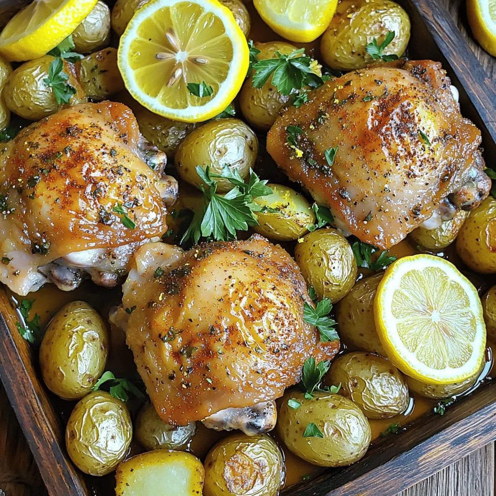 - 4 boneless, skinless chicken thighs - 1 pound baby potatoes, halved - 3 tablespoons olive oil, divided - Zest and juice of 2 fresh lemons - 4 cloves garlic, minced - 1 tablespoon Dijon mustard - 1 teaspoon dried oregano - 1 teaspoon dried thyme - ½ teaspoon paprika - Salt and pepper to taste - Fresh parsley, finely chopped (for garnish) Using fresh and quality ingredients makes your dish shine. I use boneless, skinless chicken thighs for their juicy texture. They absorb flavors well and stay tender during cooking. Baby potatoes are a favorite because they cook evenly and get crispy. The olive oil adds richness and helps everything roast perfectly. Zesty lemons bring a bright taste. I love using both the juice and zest. Garlic adds a warm, savory flavor. Dijon mustard enhances the marinade’s tanginess. Dried herbs like oregano and thyme give depth to the dish. Paprika adds a hint of smokiness. A sprinkle of salt and pepper balances everything out. Fresh parsley is my go-to for garnish. It adds color and a fresh taste. When I sprinkle it on top, it makes the dish look even more inviting. These ingredients come together to create a meal that is both comforting and vibrant. 1. First, preheat your oven to 425°F (220°C). This heat will make your chicken and potatoes nice and crispy. 2. Now, grab a large mixing bowl. In it, whisk together the olive oil, lemon juice, lemon zest, minced garlic, Dijon mustard, oregano, thyme, paprika, salt, and pepper. This yummy marinade packs a lot of flavor. 1. Next, take your chicken thighs. Coat them well in the marinade. Make sure each piece gets a good covering of that tasty mix. 2. For the best flavor, let the chicken sit in the marinade. Fifteen minutes is good, but two hours is even better if you have the time. 1. While the chicken marinates, let’s prep those baby potatoes. Halve them and place them on a large baking sheet. 2. Drizzle the potatoes with a tablespoon of olive oil. Sprinkle with salt, pepper, and a bit more paprika. Toss them well to coat them evenly. 3. Arrange the potatoes in a single layer on the sheet pan. This helps them get crispy while cooking. 4. Once your chicken is ready, place the thighs on the same sheet pan with the potatoes. Pour any leftover marinade over the chicken for extra flavor. 1. Roast the chicken and potatoes in the preheated oven for 25 to 30 minutes. 2. Keep an eye on them. The chicken needs to reach an internal temperature of 165°F (75°C). When done, the potatoes should be golden and crispy. 3. After cooking, let the dish rest for a few minutes before serving. This helps all the flavors come together. Enjoy your meal! Marinating chicken adds depth to its taste. I recommend marinating for at least 15 minutes. If you have time, let it sit for up to 2 hours. This helps the chicken absorb all the zesty lemon and herb flavors. Using fresh herbs makes a big difference. Fresh oregano and thyme add brightness. Dried herbs work, but the taste is not as vibrant. If you use dried herbs, cut the amount in half. This keeps the flavor balanced. To get crispy potatoes, choose baby potatoes. Cut them in half for even cooking. Toss them with olive oil, salt, and pepper. Lay them out in a single layer on the sheet pan. This allows hot air to circulate, making them crispy. Cook the potatoes with the chicken. Check for doneness by piercing a potato with a fork. If it feels soft, they are ready. If not, give them a few more minutes. For a beautiful presentation, serve the chicken on a large platter. Arrange the crispy potatoes around the chicken. Drizzle some pan juices over everything for extra flavor. Finish with a sprinkle of fresh parsley for a pop of color. Pair this dish with a light salad or steamed vegetables. A side of green beans or a fresh garden salad works well. These add freshness and balance to your meal. {{image_4}} You can switch out chicken thighs for chicken breasts or tofu. Chicken breasts have less fat and cook faster. Tofu adds a great plant-based option. As for potatoes, baby potatoes work well, but you can use sweet potatoes or red potatoes too. Each option brings a unique taste and texture to the dish. Want to spice it up? Add a pinch of cayenne pepper or red pepper flakes for heat. You can also swap dried oregano and thyme for fresh herbs like basil or rosemary. Fresh herbs give a brighter flavor. Experiment with your favorites to find the mix you love. You can add other vegetables to your sheet pan. Try carrots, bell peppers, or zucchini for color and taste. If you want a smoky flavor, cook on a grill instead of in the oven. Grill marks add a nice touch and change the taste. Just keep an eye on the cooking time, as it may differ. To keep your Lemon Herb Chicken and Potatoes fresh, let them cool first. Then, store the leftovers in the fridge. Use airtight containers to keep them safe. This helps avoid any odors or moisture that can spoil the food. - Best Practices for Refrigeration: - Cool down the dish to room temperature before sealing. - Store in the fridge within two hours to keep it safe. - Recommended Storage Containers: - Use glass or plastic containers with tight-fitting lids. - Label containers with the date for easy tracking. Reheating is easy and quick. You want to warm it up without losing flavor or texture. - Methods for Reheating Chicken and Potatoes: - Use an oven at 350°F (175°C) for 15-20 minutes. - Alternatively, microwave for 1-2 minutes, checking often. - Tips for Keeping Potatoes Crispy: - If using the oven, place the potatoes on a baking sheet. - Broil for a few minutes to get them crispy again. This dish can be frozen, making it great for meal prep. - Can It Be Frozen? - Yes, it freezes well for up to three months. - How to Properly Freeze and Thaw: - Place cooled portions in freezer-safe bags or containers. - To thaw, move it to the fridge overnight before reheating. Yes, you can use chicken breasts. However, chicken breasts cook faster than thighs. Adjust the cooking time to about 20-25 minutes. Check for an internal temperature of 165°F (75°C) to ensure they are safe to eat. To check if the chicken is done, use a meat thermometer. Insert it into the thickest part of the thigh or breast. The safe internal temperature for chicken is 165°F (75°C). If you don’t have a thermometer, cut into the chicken. It should be white and the juices should run clear. Yes, you can prepare this dish ahead of time. Marinate the chicken and store it in the fridge for up to 2 hours. You can also cook it and store leftovers in the fridge. For reheating, place it in the oven at 350°F (175°C) until heated through. This dish pairs well with a fresh salad or steamed veggies. Consider serving a simple green salad with a light vinaigrette. Roasted broccoli or green beans also complement the meal nicely. You now have all the tools to create a delicious Lemon Herb Chicken and Potatoes dish. We covered easy steps, perfect ingredients, and useful tips. Remember to marinate your chicken well and season your potatoes for the best flavor. Explore variations for new tastes and don’t forget to store leftovers properly. This meal is not just tasty; it’s simple and fun to make. Dive in and enjoy a delightful dinner with family or friends!