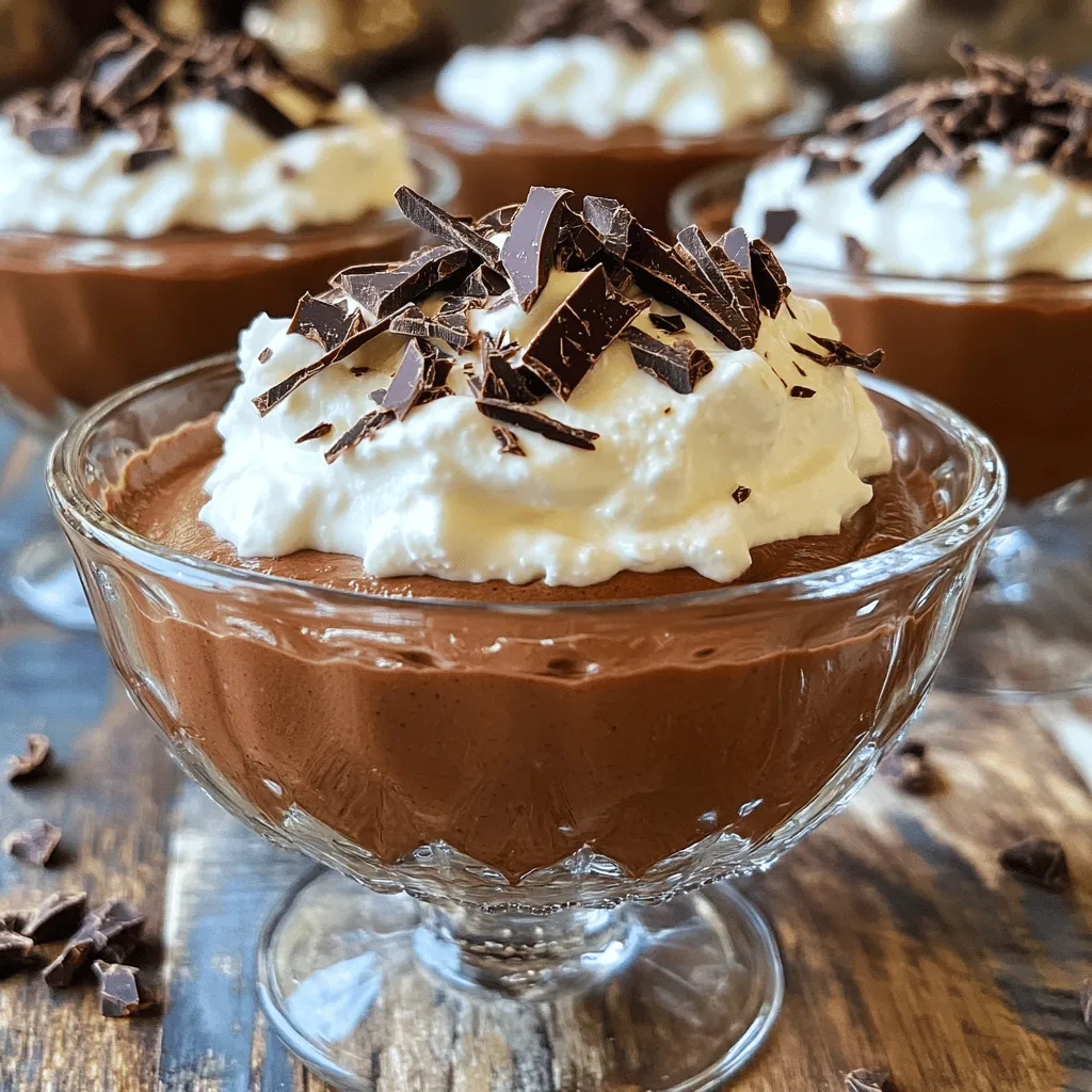- 1 cup low-fat cottage cheese - 2 tablespoons unsweetened cocoa powder - 2 tablespoons honey or maple syrup - 1 teaspoon pure vanilla extract - 1/4 cup unsweetened almond milk (or milk of your choice) - 1/2 teaspoon instant coffee granules - Shaved dark chocolate or cocoa nibs - Whipped cream Gathering the right ingredients is key for a tasty mousse. I always start with low-fat cottage cheese. It gives the mousse a creamy texture while keeping it healthy. Next, I add unsweetened cocoa powder. This gives the dessert that rich chocolate flavor we all love. I sweeten it with honey or maple syrup, letting you adjust to your taste. For a little extra flair, I use optional ingredients. Pure vanilla extract adds warmth and depth. Unsweetened almond milk makes the mousse lighter. If you want a mocha twist, add instant coffee granules. Garnishing is fun, too! Shaved dark chocolate or cocoa nibs add a nice crunch. A dollop of whipped cream on top makes it feel special. With these ingredients, you create a high-protein treat that feels indulgent but is still good for you. - Start by adding 1 cup low-fat cottage cheese to your blender. - Next, mix in 2 tablespoons unsweetened cocoa powder. - Then, add 2 tablespoons honey or maple syrup for sweetness. - Include 1 teaspoon pure vanilla extract and 1/4 cup unsweetened almond milk. - Toss in a pinch of fine sea salt and 1/2 teaspoon instant coffee granules (optional). - Blend on high speed until smooth and creamy. - Stop to scrape down the sides for even blending. - Taste the mousse. Add more honey or maple syrup if you want it sweeter. - Blend briefly to mix in any extra sweetness. - Carefully transfer the mousse into individual serving bowls or elegant glasses. - For the best flavor, chill the mousse for at least 30 minutes. - This allows the flavors to mix and the mousse to set. - Just before serving, garnish with shaved dark chocolate or cocoa nibs. - This adds a nice texture and look. - You can also top it with a dollop of whipped cream for extra creaminess. - For a fun twist, layer the mousse with fresh fruits like berries or banana slices. - This adds color and nutrition to your treat. To make your mousse even tastier, think about sweetening options. You can use honey or maple syrup. Both add a nice touch. Adjust the amount to fit your taste. Adding spices can also bring depth. Consider cinnamon or a dash of nutmeg. These spices pair well with cocoa. They add warmth and richness to your chocolate treat. If you want a creamier texture, there are alternatives to cottage cheese. Greek yogurt works great. It keeps the protein but adds a smoothness you might love. Silken tofu is another option for a vegan spin. Techniques for blending are key. Blend on high speed until smooth. Stop to scrape down the sides. This way, you ensure every bit is mixed well. If it seems thick, add a splash more almond milk. Layering your mousse with fresh fruits makes it pop. Berries or banana slices add color and nutrition. They also balance the richness of the chocolate. Pairing with beverages can enhance your dessert experience. Hot cocoa or coffee complements the mousse nicely. You can also serve it with a glass of milk for a fun twist. {{image_4}} You can mix up the flavor of your mousse easily. Here are two fun options: - Mint chocolate mousse: Add a few drops of mint extract to your mixture. This gives a fresh twist to the rich cocoa flavor. - Mocha mousse with coffee: Use one teaspoon of instant coffee granules. This small addition brings a deep coffee taste that pairs well with chocolate. Sometimes you may need to swap ingredients. Here are some ideas: - Dairy-free alternatives: Use silken tofu instead of cottage cheese for a vegan option. You can also try coconut yogurt; it adds creaminess and flavor. - Sweetener swaps: If you want a low-calorie option, try stevia or erythritol instead of honey or maple syrup. Adjust the amount based on your taste. How you present your mousse can change the whole experience. Here are two fun serving ideas: - Parfait styles: Layer the mousse with fresh fruits like berries or banana slices. This adds color and nutrition. - Individual cups vs. shared bowls: Serve in small cups for a fun individual treat. Or use a big bowl for everyone to share. This makes it feel like a special dessert at a gathering. Store any leftover mousse in an airtight container. This keeps it fresh and tasty. You can enjoy it for up to three days. Make sure to check for any off smells before eating. Yes, you can freeze this mousse! Just place it in a freezer-safe container. It can stay frozen for about a month. When you’re ready to eat, thaw it in the fridge overnight. Get creative with any extra mousse. You can blend it into smoothies for a protein boost. Try using it as a topping for pancakes or waffles too. It adds great flavor! The mousse has about 25 grams of protein per serving. This comes mainly from low-fat cottage cheese. Protein helps build muscle and keeps you full longer. It also supports overall health. The use of cottage cheese makes this mousse a great snack or dessert. You can enjoy it without guilt while still getting a protein boost. Yes, you can make this mousse vegan! Use silken tofu instead of cottage cheese. This gives a creamy texture. You can also use a plant-based milk like almond or oat milk. For sweetening, maple syrup works well. This way, you keep the delicious taste while making it plant-based. You can store the mousse in the fridge for about three days. Keep it in an airtight container to ensure freshness. If you want the best taste, enjoy it within the first day. The flavors meld together nicely after chilling. However, it may change texture if stored too long. Cottage cheese adds creaminess and protein. If you don’t like it, you can use Greek yogurt. It will change the flavor slightly, but it works well. You could also try a nut-based yogurt for a dairy-free option. Each choice will alter the taste and texture, so pick what you like best! You now know how to create a tasty high-protein hot cocoa mousse. Start with simple ingredients like low-fat cottage cheese and cocoa powder. Customize flavors with vanilla or coffee. Follow the steps to blend and chill for the best taste. Remember to garnish and serve it right. Use our tips to make it creamy or try new flavors. Whether you keep it in the fridge or freeze it, this mousse will please everyone. Enjoy your delicious creation, and don’t hesitate to experiment with it!