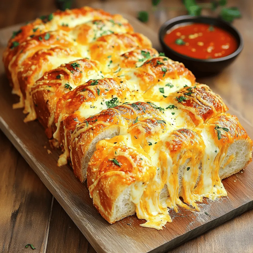 To make Cheesy Garlic Pull-Apart Bread, gather these simple ingredients: - 1 loaf of crusty artisan bread - 1 cup shredded mozzarella cheese - 1 cup shredded cheddar cheese - 1/2 cup unsalted butter, melted - 4 cloves garlic, minced - 2 tablespoons fresh parsley, finely chopped - 1 teaspoon Italian seasoning - 1/2 teaspoon salt - 1/4 teaspoon freshly ground black pepper - Optional: crushed red pepper flakes for added spice These ingredients come together to create a warm, cheesy delight. The crusty artisan bread serves as the perfect base. The shredded mozzarella and cheddar cheese melt beautifully, creating gooey pockets of flavor. Garlic and butter add a rich taste that makes it hard to resist. Fresh parsley brings a hint of brightness. Italian seasoning adds depth, while salt and pepper enhance all the flavors. If you like a kick, toss in some crushed red pepper flakes. They add a nice heat without overpowering the dish. This combination makes every bite a delicious experience. - Preheat the oven to 375°F (190°C). - Slice the loaf of bread into a grid pattern. Start by heating your oven. This helps the bread bake evenly. Next, take your serrated knife and slice the bread. Make deep cuts but don’t cut all the way through. This keeps the loaf intact, so it pulls apart easily later. - Whisk butter, garlic, and spices together. - Add optional crushed red pepper flakes for heat. In a bowl, mix melted butter, minced garlic, fresh parsley, Italian seasoning, salt, and black pepper. Whisk them together well. If you like some heat, toss in crushed red pepper flakes. This adds a nice kick to your bread. - Drizzle the garlic butter mixture into the bread cuts. - Stuff the bread with mozzarella and cheddar cheese. - Wrap and bake the bread in the oven. Now, take a brush or spoon. Drizzle the garlic butter into each cut in the bread. Make sure every slice gets some of that tasty mixture. Next, stuff those cuts with shredded mozzarella and cheddar cheese. Spread the cheese evenly so every bite is cheesy. Wrap the whole loaf in aluminum foil. This helps keep it moist while it bakes. Place it on a baking sheet for easy handling. Bake in the preheated oven for 15-20 minutes. After that, remove the foil and bake for another 10 minutes until the top is golden and crisp. Let it cool for a few minutes, then enjoy pulling apart the gooey, cheesy goodness! To get the best texture for your cheesy garlic pull-apart bread, focus on cutting the bread properly. Use a serrated knife for clean cuts. Slice the bread in a grid pattern. Make deep cuts without going all the way through the bottom crust. This keeps the loaf intact and makes pulling apart easy. Next, ensure even distribution of the garlic butter and cheese. After mixing the butter, garlic, and spices, use a brush or spoon to fill each cut. Don’t rush this step. Take your time to coat every crevice. This way, every bite is full of flavor. You can adjust the seasoning to fit your taste. Start with the recipe's suggested spices, but feel free to add more. If you love garlic, add extra minced garlic to the butter mixture. For a kick, include more crushed red pepper flakes. Herbs can elevate the flavor further. Try adding fresh thyme or rosemary for a unique twist. You could use dried herbs too, like oregano or basil. Experiment with different herbs to find your favorite mix. This allows you to personalize your bread to suit your style. {{image_4}} You can change up the cheese for a new taste. Try using provolone or gouda for a twist. A mix of cheeses adds depth. For a non-dairy option, use vegan cheese. Many brands offer tasty vegan cheeses, so explore your local store. Want to boost flavor? Add cooked bacon or ham for a savory kick. Chopped spinach or sun-dried tomatoes can bring in freshness. You can also try adding jalapeños for some heat. When it comes to dips, marinara sauce pairs well. A creamy garlic dip can be a fun option. You can even serve it with pesto for a herbaceous twist. The options are endless! To store leftover pull-apart bread, wrap it in plastic wrap. This keeps it fresh. You can also place it in an airtight container. Make sure to seal it well to prevent air from getting in. Store the bread at room temperature for up to three days. If you want to reheat it, preheat your oven to 350°F (175°C). Place the bread on a baking sheet, cover it with foil, and heat for about ten minutes. This keeps the cheese from drying out. If you need to freeze your pull-apart bread, wait until it cools completely. Wrap it tightly in foil and then in plastic wrap. This double wrapping helps prevent freezer burn. You can freeze it for up to three months. When you're ready to enjoy it, take it out of the freezer. Let it thaw in the fridge overnight. For reheating, follow the same steps as before: preheat to 350°F, cover with foil, and heat for ten minutes. This way, you get that warm, gooey cheese back! You can tell the bread is done when the top is golden brown. The cheese will bubble and the smell will fill your kitchen. To test, gently pull apart a piece. The inside should feel warm and gooey. If it looks dry or hard, it may need more time. Yes, you can make this bread ahead of time. Prepare it up to the baking step. Cover it tightly with foil or plastic wrap. Store it in the fridge for up to one day. When you're ready, just bake it as directed. This bread pairs well with many dishes. You can serve it with marinara sauce for dipping. Pesto also makes a great option. For a complete meal, try it alongside soup or salad. Guests love it as an appetizer too! Absolutely! You can use any crusty bread you like. French or Italian bread works well. You can even try sourdough for a tangy twist. Just ensure it has a firm crust to hold the toppings. To add spice, mix in crushed red pepper flakes with the garlic butter. You can also use pepper jack cheese for a kick. Another option is to add sliced jalapeños into the bread cuts. These changes will give you that extra heat without changing the recipe too much. You’ve now learned how to make Cheesy Garlic Pull-Apart Bread. We covered the key ingredients, step-by-step instructions, and tips for perfect texture. You can customize it with different cheeses and extra ingredients, like meats or veggies. Don’t forget proper storage for leftovers and reheating tips to keep it fresh. Whether for a party or a cozy night in, this dish is sure to please. Try it, and enjoy a tasty twist on bread!