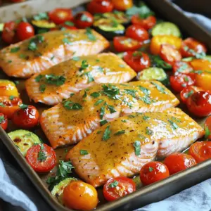 - 4 salmon fillets - 2 tablespoons Dijon mustard - 3 tablespoons pure maple syrup - 1 cup cherry tomatoes, halved - 1 bell pepper, sliced into strips - 1 medium zucchini, sliced into rounds - 1 medium red onion, sliced into wedges You will start with fresh salmon fillets. They are rich in omega-3 fatty acids, making them healthy and tasty. Next, you need Dijon mustard and pure maple syrup. These create a sweet and tangy glaze that pairs well with the salmon. Fresh vegetables are key for color and flavor. I love using cherry tomatoes, bell pepper, zucchini, and red onion. They add crunch and sweetness to the dish. - 1 tablespoon extra virgin olive oil - 1 teaspoon garlic powder - 1 teaspoon dried thyme - Salt and freshly ground black pepper For the pantry staples, you will need olive oil for cooking. Garlic powder adds depth to the sauce, while dried thyme brings a hint of earthiness. Salt and pepper help enhance all the flavors. They are simple but very important. - Fresh parsley, finely chopped To finish, I like to add fresh parsley. It adds a pop of color and freshness to the dish. Just sprinkle it on top right before serving for a lovely touch. Enjoy this vibrant and tasty meal! 1. Preheat your oven to 400°F (200°C). This heat will help cook the food evenly. 2. Line a large sheet pan with parchment paper. This makes cleanup easy and prevents sticking. 3. In a small bowl, mix together 2 tablespoons of Dijon mustard, 3 tablespoons of maple syrup, and 1 tablespoon of olive oil. 4. Add 1 teaspoon of garlic powder, 1 teaspoon of dried thyme, salt, and pepper. Whisk until smooth. This sauce adds a sweet and tangy taste to the dish. 1. Place your 4 salmon fillets on one side of the sheet pan. 2. Use a brush or spoon to coat the top of each fillet with the maple Dijon sauce. Make sure they are well covered for the best flavor. 3. In a large bowl, combine 1 cup of halved cherry tomatoes, 1 sliced bell pepper, 1 medium zucchini sliced into rounds, and 1 medium red onion cut into wedges. 4. Drizzle the remaining sauce over the veggies and toss gently. This step ensures they get a yummy glaze. 1. Spread the veggies on the other side of the sheet pan. Leave space between them for air to flow. This helps them caramelize nicely. 2. Bake in the preheated oven for 15-20 minutes. Check the salmon; it is done when it flakes easily with a fork. It should reach 145°F (63°C). 3. The veggies should be tender and slightly caramelized. 4. Remove the pan from the oven and let it rest for a few minutes. This lets the juices settle in the salmon. 5. Before serving, sprinkle with freshly chopped parsley for a burst of color and freshness. To make the salmon tasty, use a thick layer of the maple Dijon sauce. This mix has Dijon mustard and sweet maple syrup. Brush it generously on the salmon. This keeps the fish moist and flavorful. For the veggies, caramelizing them is key. Spread them out on the sheet pan. This gives each piece room to brown. When veggies touch, they steam instead of roast. Toss them in the remaining glaze to coat well. This adds a sweet touch to each bite. Salmon fillets vary in thickness. If your fillets are thick, they need more time. Thin fillets cook faster. Adjust the bake time by a few minutes. Different veggies also cook at different rates. Cherry tomatoes cook fast, while zucchini takes longer. Cut the zucchini smaller to match the tomatoes’ cook time. This way, all veggies finish at once. Serving from the pan creates a cozy feel. The colors of salmon and veggies look great together. Just sprinkle fresh parsley on top for a nice touch. If you prefer individual plates, divide the salmon and veggies. Drizzle leftover glaze over each plate. This adds extra flavor and a polished look. Use a fork to pull apart the salmon for easy serving. {{image_4}} You can easily change the protein in this dish. If you want to try other seafood, use cod or tilapia. Both work well with the sweet and tangy glaze. If you prefer meat, chicken breasts or thighs are great options too. Just ensure they cook through before serving. For a vegetarian option, tofu or tempeh is perfect. They absorb flavors well and provide a nice texture. Simply marinate them in the maple Dijon sauce for extra taste. Seasonal veggies can change the vibe of this dish. In spring, use asparagus or snap peas. In the fall, roasted Brussels sprouts or sweet potatoes are tasty choices. You can also mix in other flavors with your veggies. Try adding a bit of lemon zest or some chili flakes for a kick. Fresh herbs like basil or dill can also brighten up the dish. Want to spice things up? Add some sriracha or cayenne pepper to the sauce. This will give your salmon and veggies a nice heat. For a different flavor profile, swap the Dijon for a spicy mustard or even BBQ sauce. You can also add a splash of soy sauce for an Asian flair. Each twist brings a new taste to your dinner! To keep your leftovers fresh, cool them first. Place them in airtight containers. Make sure to refrigerate any leftovers within two hours. Store salmon and veggies together or separately, based on your preference. Use glass or BPA-free plastic containers for the best results. They help maintain flavor and moisture. You can reheat salmon and veggies in various ways. The oven works well to keep the texture nice. Preheat your oven to 350°F (175°C). Place the salmon and veggies on a baking sheet and cover with foil. Heat for about 10 to 15 minutes. Alternatively, use a microwave for quick reheating. Just be careful not to overcook, as this can dry out the salmon. Yes, you can freeze this dish! Wrap the salmon and veggies tightly in plastic wrap or foil. Then, place them in a freezer-safe bag. This helps prevent freezer burn. For best quality, eat them within three months. To defrost, move the dish to the fridge overnight. Reheat in the oven or microwave as described above. You should bake salmon for 15-20 minutes at 400°F. The salmon is ready when it flakes easily with a fork. The internal temperature should reach 145°F. This ensures a juicy and tender piece of fish. Yes, you can use frozen salmon. Just make sure to thaw it first. Place it in the fridge overnight for the best results. If you are in a hurry, you can use cold water to speed up the thawing. - Suggested sides for a complete meal: - Quinoa or brown rice - Roasted sweet potatoes - Steamed asparagus or green beans - Salads or grains that pair well: - A light arugula salad with lemon vinaigrette - A refreshing cucumber and tomato salad - Couscous with herbs and lemon zest This blog post covers a simple and tasty sheet pan salmon recipe. We went through key ingredients, like salmon and fresh veggies, and how to prepare them. You learned step-by-step baking tips and ways to tweak flavors with various sauces. Remember to store any leftovers wisely for future meals. Cooking can be both fun and easy with these methods. You now have a solid foundation to create delicious, healthy meals that impress. Enjoy making this dish your own, and let your creativity shine in the kitchen.