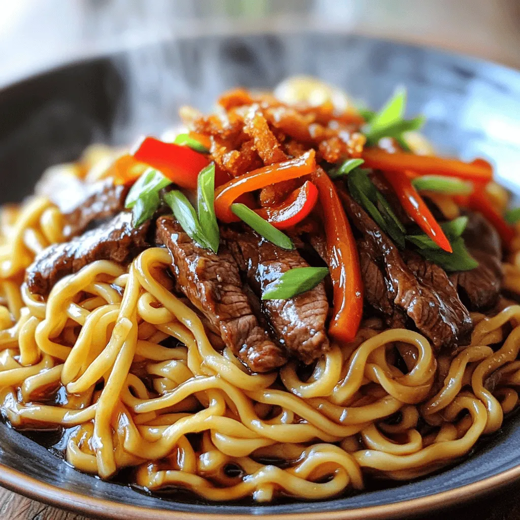 To make Better-Than-Takeout Mongolian Beef Noodles, gather the following ingredients: - 8 oz. egg noodles - 1 lb. flank steak, thinly sliced against the grain - 3 tablespoons soy sauce, divided - 1 tablespoon hoisin sauce - 1 tablespoon packed brown sugar - 2 teaspoons sesame oil - 1 tablespoon vegetable oil - 4 cloves garlic, minced - 1 inch fresh ginger, grated - 1 red bell pepper, thinly sliced - 1 cup green onions, chopped (divide white and green parts) - 1 tablespoon cornstarch - 1 tablespoon water - Salt and black pepper to taste These ingredients create a mix of flavors and textures. The egg noodles give a soft base. Flank steak adds heartiness. Soy sauce and hoisin sauce bring rich umami. Brown sugar balances the saltiness. Sesame oil adds warmth, while garlic and ginger provide a fragrant kick. Red bell pepper and green onions add color and crunch. Cornstarch helps the beef stay tender. Using fresh ingredients makes all the difference. You’ll taste the care in each bite! - Preparing and Draining Noodles: Cook 8 oz. of egg noodles as per the package. Drain them well and set aside. This step is key to prevent sogginess. - Ensuring Noodles Don't Stick: To keep the noodles from sticking, toss them with a teaspoon of oil after draining. This will help them stay separate. - Time and Method for Marinating: For the best flavor, marinate 1 lb. of flank steak for 15 minutes. Mix it with 1 tablespoon of soy sauce, 1 tablespoon of cornstarch, and salt and pepper. - Importance of Even Coating: Ensure each piece of beef is coated well. This helps the beef absorb the flavors during cooking. - Heat Levels and Cooking Time: Heat 1 tablespoon of vegetable oil in a skillet over medium-high heat. Cook the beef in one layer for about 3-4 minutes. - Tips for Achieving the Perfect Browning: Avoid stirring too much. Let the beef sit to get that nice brown crust. This adds flavor. - Garlic, Ginger, and Green Onions: After removing the beef, add 1 tablespoon sesame oil. Then add 4 cloves of minced garlic, 1 inch of grated ginger, and the white parts of 1 cup of chopped green onions. Stir for about 30 seconds. - Avoiding Overcooking: Watch carefully! You want the garlic golden, not burnt. This adds a lovely aroma. - Cooking Red Bell Pepper: Toss in 1 thinly sliced red bell pepper. Stir-fry for 2-3 minutes until it softens but stays bright. - Maintaining Color and Crispness: You want the pepper to be tender yet still vibrant. This keeps the dish appealing. - Mixing Ingredients for Sauce: In a bowl, whisk 2 tablespoons of soy sauce, 1 tablespoon of hoisin sauce, 1 tablespoon of brown sugar, and 1 tablespoon of water. - Simmering for Flavor: Pour this sauce over the vegetable mix in the pan. Let it simmer gently for a few minutes to meld the flavors. - Mixing Beef, Noodles, and Vegetables: Return the beef to the pan and add the drained noodles. Toss everything gently to coat well. - Final Cooking Tips: Heat all ingredients together for 2-3 minutes. This ensures everything is warm and flavors blend. - Serving Techniques: Serve in deep bowls for a relaxed vibe. This makes the dish inviting. - Garnishing for Appeal: Top with extra green onions and sesame seeds. This adds a nice touch and makes it look gourmet! - Recommended Seasonings: Use fresh garlic and ginger. They add depth to the dish. You can also sprinkle a little red pepper flakes for extra heat. - Tips for a Richer Sauce: Mix soy sauce, hoisin sauce, and brown sugar. This combo gives a sweet and savory taste. Adding a splash of water helps combine the flavors well. - Best Practices for Stir-Frying: Heat your pan before adding oil. This helps cook the beef quickly. Always keep the beef in a single layer for even cooking. - Achieving Tender Beef: Slice flank steak against the grain. This makes each bite tender. Marinate it with cornstarch and soy sauce for extra flavor and tenderness. - Common Errors to Avoid: Don’t overcrowd the pan. This can steam the beef instead of browning it. Also, be careful not to burn the garlic when sautéing. - Troubleshooting Overcooked Ingredients: If your beef is tough, try slicing it thinner next time. For overcooked veggies, cook them just until soft but still bright in color. {{image_4}} You can easily switch out the flank steak for chicken or tofu. Both options work well. For chicken, use boneless thighs or breasts. Cut them into bite-sized pieces. For tofu, use firm or extra-firm tofu for the best texture. When cooking chicken, use the same method. Just adjust the cooking time. Cook until the chicken is no longer pink. For tofu, press it first to remove excess water. Then, cube and sauté it until golden. Fresh veggies can enhance this dish’s flavor. Try adding seasonal vegetables like snap peas or bok choy. They add color and crunch. A good mix includes: - Snap peas - Carrots, julienned - Broccoli florets Add them after cooking the beef. Stir-fry for a few minutes until tender but crisp. If you want a gluten-free version, swap the egg noodles for rice noodles. They cook quickly and absorb flavors well. For the sauce, use tamari instead of soy sauce. It has a similar taste without gluten. Check the hoisin sauce too; many brands offer gluten-free versions. Adjust the sugar and vinegar in the sauce if needed to keep it balanced. - Store your leftovers in airtight containers. - Keep them in the fridge for up to 3 days. Storing your Mongolian beef noodles properly helps keep them fresh. Make sure to let the dish cool down before you put it in the fridge. This helps prevent extra moisture, which can make the noodles soggy. - Use the microwave for quick heating. - Heat on medium power to avoid overcooking. To keep the texture nice, add a splash of water or soy sauce when reheating. This adds moisture back into the dish. Stir every minute to ensure even heating. - Freeze leftovers in freezer bags or containers. - Use within 2 months for best taste. If you freeze your noodles, it's best to separate the beef and noodles. This helps them stay fresh. When you want to eat them again, thaw in the fridge overnight. Then, reheat on the stove for the best results. The ideal marination time for the beef is 15 minutes. This short time allows the meat to soak up some flavor from the soy sauce and cornstarch. It helps make the beef tender and delicious. Yes, you can use other noodles. Some great alternatives are rice noodles or udon noodles. Just adjust the cooking time based on the type you choose. Always follow the package instructions to ensure they cook well. If you don’t have hoisin sauce, try using a mix of soy sauce and peanut butter. You can also use teriyaki sauce or a blend of soy sauce and brown sugar. These options will keep the flavor close to the original dish. To add heat, include red pepper flakes or sliced fresh chili peppers. You can also add a dash of sriracha or chili oil to the sauce. Adjust the amount based on your spice preference. You can prepare this dish ahead of time. Store the cooked noodles and beef separately to keep them fresh. When ready to eat, simply reheat them in a pan. They taste great even after a day in the fridge! You now have the tools to create delicious Mongolian Beef Noodles. We covered key ingredients, cooking steps, and helpful tips throughout the process. Remember to marinate the beef well and avoid overcooking the veggies for the best taste. Feel free to experiment with proteins and veggies to suit your preferences. By storing and reheating properly, you can enjoy great flavors later. With practice, you'll impress everyone with your skills. Enjoy making this dish and sharing it with friends and family!