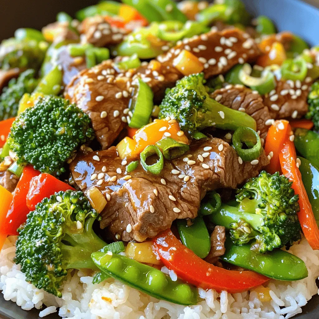 - 1 lb beef flank steak, thinly sliced against the grain - 1 cup broccoli florets - 1 red bell pepper, thinly sliced - 1 cup snap peas, trimmed - 1 medium carrot, julienned - 4 green onions, chopped (white and green parts) - 2 tablespoons fresh ginger, finely minced - 4 cloves garlic, finely minced - 2 tablespoons sesame oil (divided) - 3 tablespoons low-sodium soy sauce (divided) - 1 tablespoon honey - 1 tablespoon sesame seeds - Salt and black pepper to taste - Optional garnish ingredients To marinate the beef, grab a medium bowl. Combine your thinly sliced beef with 1 tablespoon of soy sauce, 1 tablespoon of sesame oil, and a sprinkle of salt and black pepper. Mix it well. You want each piece of beef coated nicely. Let it marinate for 15 to 20 minutes. This time allows the flavors to soak in. Next, heat a large skillet or wok over medium-high heat. Add 1 tablespoon of sesame oil. Swirl this oil around to coat the surface. Once the oil is hot, add the minced ginger and garlic. Sauté them for about 30 seconds until they smell great. Be careful not to burn them. Now, increase the heat to high. Add the marinated beef in a single layer. Avoid overcrowding the pan. Cook it for 2 to 3 minutes on each side. You want the beef to brown nicely and reach your preferred doneness. When it’s ready, take the beef out and set it aside on a plate. In the same skillet, add the broccoli florets, red bell pepper slices, snap peas, and julienned carrot. Stir-fry these colorful veggies for about 4 to 5 minutes. You want them tender-crisp. The bright colors should stay vibrant. Now it’s time to add the beef back to the pan with the vegetables. Pour in the remaining 2 tablespoons of soy sauce and honey. Stir everything together well. Cook for another 2 minutes. This allows the flavors to mix. Finally, sprinkle sesame seeds and the green parts of the green onions on top. This gives your dish a fresh touch. To achieve a great sear on beef, it’s key to use high heat. Start with a hot skillet or wok. Swirl in sesame oil until it shimmers. This ensures your beef browns well. When you add the beef, spread it in a single layer. This prevents steaming and creates a nice crust. To prevent overcrowding in the pan, cook in batches. If the pan is too crowded, the beef will steam. This will make it tough and chewy. Instead, work in smaller portions. This way, each piece gets that perfect sear. For extra flavor, consider adding spices like red pepper flakes or five-spice powder. These add warmth and depth to your dish. Fresh herbs, like cilantro or basil, also brighten the taste. They work great when added before serving. Using fresh vs. dried ingredients can change the flavor. Fresh ginger and garlic give a bright, vibrant taste. Dried versions are convenient but may lack some punch. Always choose fresh when you can for the best results. Serve your stir-fry over steamed jasmine rice or fluffy quinoa. Both options soak up the tasty sauce well. For a pop of color, add a side of bright, steamed veggies. For garnishing ideas, sprinkle extra sesame seeds on top. They add crunch and texture. Chopped green onion tops also give a fresh look. This makes your dish not just tasty but visually appealing, too. {{image_4}} You can swap out beef for other proteins. Chicken works well in this dish. Just cut it into thin strips like the beef. Tofu is a great choice for a plant-based option. Use firm tofu, and press it to remove extra moisture. If you prefer seafood, shrimp cooks quickly and adds a nice flavor. Just make sure to adjust cooking times based on the protein you choose. Feel free to get creative with your veggies! Use seasonal vegetables like zucchini or bell peppers. You can even add mushrooms for an earthy taste. If you want to use what you have, it’s okay to skip certain vegetables. Just remember, each veggie adds a unique flavor and texture. Some good options to omit or add are bok choy, snow peas, or asparagus. If you need a gluten-free version, use tamari instead of soy sauce. It gives a similar taste without gluten. For a low-carb option, skip the rice and serve the stir-fry alone. You can also load up on extra vegetables to keep it filling. These simple swaps let everyone enjoy this meal while fitting their needs. To store leftovers, place your stir-fry in an airtight container. This keeps it fresh. Let it cool first before sealing. Store in the fridge for up to three days. Make sure to label it with the date. For freezing, divide the stir-fry into portions. Use freezer-safe bags or containers. Remove as much air as possible to prevent freezer burn. It stays fresh for up to three months. To reheat, thaw overnight in the fridge. Heat in a skillet over medium heat until hot. Stir occasionally to ensure even heating. You can add a splash of water or broth to keep it moist. In the fridge, your sesame ginger beef stir-fry lasts about three days. If you freeze it, expect it to stay good for three months. Always check for any off smells or changes in texture before eating. You can add chili peppers or hot sauce. Slice fresh chili peppers and toss them in while cooking. If you prefer, drizzle your favorite hot sauce over the finished dish. Both options give a nice kick. Yes, but it will change the flavor and texture. Marinating helps the beef soak up the sauce, making it juicier. Without it, the beef may taste bland and be less tender. This dish pairs well with steamed jasmine rice or fluffy quinoa. You can also serve it with a light salad or spring rolls for extra crunch. These sides balance the flavors nicely. Yes, you can prep ingredients in advance. Cut your veggies and slice the beef a day before. Store them in airtight containers in the fridge. Then, when you're ready, just cook everything quickly. This blog discussed making a tasty sesame ginger beef stir-fry. You learned about key ingredients like flank steak, veggies, and sauces. I shared step-by-step instructions for marinating the beef, cooking it, and stir-frying the vegetables. Tips on enhancing flavor and presentation were also provided. Stir-frying is simple and fun. Choose your favorite proteins and veggies for variety. Enjoy creating delicious meals that impress!