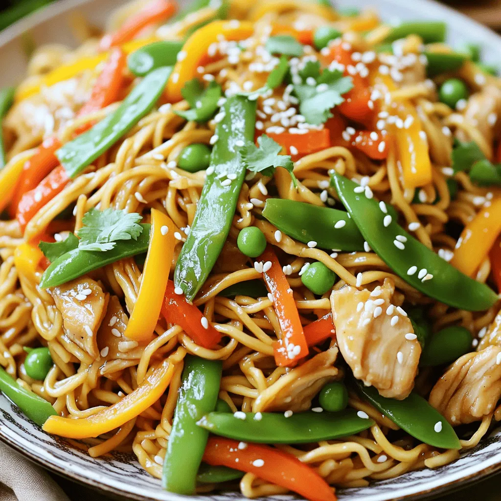 To make your Better-Than-Takeout Spicy Chicken Lo Mein, gather these ingredients: - 8 oz. lo mein noodles - 2 tablespoons vegetable oil, divided - 1 pound chicken breast, thinly sliced - 2 cloves garlic, minced - 1-inch piece of ginger, freshly grated - 1 bell pepper, sliced (red or green for color) - 1 cup snap peas, trimmed - 1 carrot, peeled and julienned - 3 green onions, chopped (whites and greens separated) - 3 tablespoons soy sauce - 1 tablespoon hoisin sauce - 1 tablespoon sriracha (adjust based on heat preference) - 1 teaspoon sesame oil - Salt and freshly ground black pepper to taste - Sesame seeds for garnish (optional) Fresh ingredients add great flavor. I suggest using fresh chicken, vegetables, and ginger. Fresh garlic gives a bright punch, too. However, frozen vegetables can work well. They save time and still taste good. Just thaw them before cooking. Fresh lo mein noodles are best, but you can use dried ones if needed. You can swap chicken for shrimp or tofu for a different taste. Try adding other veggies like broccoli or mushrooms. If you want less heat, use less sriracha. You can also try different sauces, like teriyaki, for a unique spin. Enjoy experimenting with these options! To start, bring a large pot of salted water to a boil. Once boiling, add 8 oz. of lo mein noodles. Cook them according to the package instructions until they are al dente. This usually takes about 4-5 minutes. After cooking, drain the noodles and rinse them under cold water. This stops the cooking and keeps them from sticking. Set the noodles aside while you prepare the other ingredients. Next, heat 1 tablespoon of vegetable oil in a wok or large skillet over medium-high heat. When the oil is hot, add 1 pound of thinly sliced chicken breast. Season the chicken with salt and freshly ground black pepper. Cook for about 5-7 minutes. Stir it occasionally until the chicken turns golden brown and is fully cooked. Once done, transfer the chicken to a plate and set it aside. In the same pan, add the other tablespoon of vegetable oil. Then, add 2 cloves of minced garlic and 1-inch piece of grated ginger. Sauté for about 30 seconds until you smell the garlic and ginger. Now, toss in 1 sliced bell pepper, 1 cup of snap peas, and 1 julienned carrot. Stir-fry these veggies for 3-4 minutes. You want them to be tender but still crisp. It's time to bring it all together! Return the cooked chicken to the pan with the veggies. Add the drained lo mein noodles, 3 tablespoons of soy sauce, 1 tablespoon of hoisin sauce, 1 tablespoon of sriracha, and 1 teaspoon of sesame oil. Gently toss everything together for 2-3 minutes. Make sure everything is heated through. Taste the dish and adjust the seasoning with more salt, pepper, or sriracha if you like it spicier. Remove the pan from heat. Fold in the chopped green onion whites for added flavor. Transfer the lo mein to serving plates and sprinkle the green onion greens on top. If you like, add sesame seeds for garnish. Serve this dish right away for the best taste! Enjoy your perfect homemade spicy chicken lo mein! To make your lo mein pop, focus on fresh ingredients. Use ripe bell peppers and crisp snap peas. Fresh garlic and ginger add a punch that dried spices can't match. Cook chicken until golden for a rich taste. Always taste your sauce mix before adding to the pan, adjusting soy sauce or hoisin for balance. This small step can change the whole dish. Want it spicier? Add more sriracha to the chicken while it cooks. You can also sprinkle red pepper flakes in the veggie mix. If you prefer it milder, use less sriracha or skip it altogether. Remember, you control the heat! Always start with a little, and you can add more later if needed. Don’t overcook your noodles. They should be al dente and firm. Rinse them under cold water to stop the cooking process. When stir-frying, keep your veggies crisp; avoid sogginess by cooking them just until tender. Lastly, don’t skip the sesame oil; it adds a nice finish. Always serve the dish right after cooking for the best flavor and texture. {{image_4}} You can swap chicken for other proteins. Tofu is a great choice for a vegetarian option. Use firm tofu for the best texture. Just press and cube it before cooking. Shrimp is another tasty alternative. It cooks quickly and adds a nice flavor. Just sauté the shrimp until they turn pink. Both options give you a fun twist on this dish. Feel free to get creative with vegetables. You can add broccoli, bok choy, or mushrooms. They add more flavor and nutrients. If you want, replace snap peas with baby corn or bell peppers with zucchini. Just ensure all vegetables are cut into similar sizes for even cooking. This makes your dish colorful and fun to eat. Sauces can change the whole dish. Instead of soy sauce, try using tamari for a gluten-free option. You can also add oyster sauce for extra umami. For a sweeter version, mix in some honey or brown sugar. Experiment with different hot sauces if you want more heat. Each sauce gives a unique flavor, so don’t be afraid to mix it up! To keep your Better-Than-Takeout Spicy Chicken Lo Mein fresh, store it in an airtight container. Let the dish cool to room temperature first. Then, seal the container tightly. This helps to prevent moisture loss and keeps the flavors intact. Refrigerate the leftovers for up to three days. When you’re ready to enjoy your leftovers, use a skillet or a microwave. For the skillet, heat a little oil over medium heat. Add the lo mein and stir until hot. This method keeps the noodles from getting soggy. If you use a microwave, place the lo mein in a microwave-safe bowl. Cover it loosely with a damp paper towel and heat in 30-second intervals, stirring in between, until warm. To freeze your lo mein, portion it into freezer-safe bags or containers. Make sure to remove as much air as possible. This helps prevent freezer burn. Label the bags with the date. You can freeze it for up to two months. When you’re ready to eat, thaw it overnight in the fridge before reheating. Yes, you can. Use gluten-free lo mein noodles or rice noodles. Check labels to ensure no gluten is present. You can also swap soy sauce for tamari, which is gluten-free. To reduce the heat, cut back on sriracha. You can also skip it entirely. Add a bit more hoisin sauce for sweetness. A dash of sugar can help balance flavors too. You can use several noodles. Lo mein noodles are best, but you can also try egg noodles or even spaghetti in a pinch. Always cook them according to package instructions. Absolutely! Pre-cooked chicken saves time. Just make sure to heat it through before adding it to the dish. This keeps your meal quick and easy. Your spicy chicken lo mein will last about 3 to 4 days in the fridge. Store it in an airtight container for best results. Reheat in a pan or microwave before serving. This blog post covered everything you need to make a great lo mein dish. We looked at the ingredients, cooking steps, and tips for better flavor. You also learned about storage and common questions. Remember, you can customize this dish to fit your taste with different proteins and veggies. Don't be afraid to experiment. With practice, you will create a meal your friends and family will love, every time. Enjoy cooking!