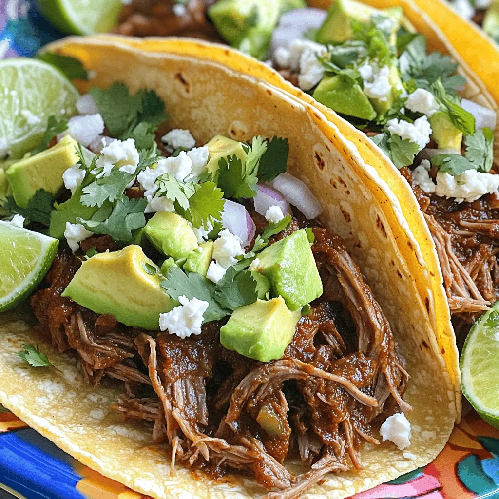 - 2 pounds beef chuck roast - 2-3 chipotle peppers in adobo sauce, chopped - 1 medium onion, finely chopped - 4 cloves garlic, minced - 1 tablespoon ground cumin - 1 tablespoon dried oregano - 2 teaspoons smoked paprika - 1/2 cup beef broth - 2 bay leaves - Corn tortillas, for serving - Diced avocado - Chopped fresh cilantro - Finely diced onion - Crumbled feta cheese - Lime wedges You will need good cuts of beef for tasty tacos. I suggest using beef chuck roast. It is tender and flavorful after slow cooking. Chipotle peppers in adobo sauce add smoky heat. Their flavor shines through the beef. Aromatics like onion and garlic add depth to the dish. The spices—cumin, oregano, and smoked paprika—are key for that Mexican taste. Don’t forget the beef broth! It keeps the meat moist and adds more flavor. Bay leaves add a nice touch while cooking. They infuse the dish with herbal notes. You’ll serve the barbacoa in warm corn tortillas. They are soft and hold up well with the beef. For toppings, the fresh ingredients make a difference. Diced avocado brings creaminess. Chopped cilantro adds freshness and color. Finely diced onion gives a nice crunch. Crumbled feta cheese adds a salty bite. Finally, lime wedges provide a zesty kick. This balance of flavors makes each taco delightful! - Seasoning the chuck roast: Start by seasoning the beef chuck roast. Use coarse sea salt and cracked black pepper. Cover all sides evenly. This step packs in flavor. - Searing the beef for flavor: Heat olive oil in a skillet over medium-high heat. When the oil shimmers, add the beef. Sear for 4-5 minutes on each side. You want a nice brown crust. This boosts the taste of the meat. - Sautéing onions and garlic: In the same skillet, add chopped onions. Cook them over medium heat until they turn translucent, about 3-4 minutes. Next, add minced garlic. Sauté until fragrant, about 1 minute. This mix brings a sweet and savory base to your dish. - Combining ingredients in the slow cooker: Transfer the sautéed onions and garlic to the slow cooker. Add chopped chipotle peppers, adobo sauce, ground cumin, dried oregano, smoked paprika, beef broth, and bay leaves. Stir well to combine all the flavors. - Adding the beef to the slow cooker: Place the seared beef chuck roast on top of the mixture in the slow cooker. Make sure it sits in the sauce. This helps the meat absorb all those tasty flavors. - Setting cooking time and temperature: Cover the slow cooker with its lid. Set it to low and let it cook for 8-10 hours. The beef should become tender and shred easily with a fork. - Shredding the beef: Once cooked, carefully remove the beef from the slow cooker. Place it on a cutting board. Use two forks to shred it into bite-sized pieces. Return the shredded beef to the sauce in the slow cooker. Mix well to coat the meat. - Warming the tortillas: If you like, warm the corn tortillas in a non-stick pan or grill for a few seconds on each side. This step adds flavor and makes them more flexible. - Assembling the tacos: Take a corn tortilla and fill it with a generous portion of the barbacoa beef. Top it with diced avocado, fresh chopped cilantro, diced onion, and crumbled feta cheese. Serve with lime wedges for a zesty kick. To make your tacos shine, focus on seasoning. Generously coat the beef with coarse sea salt and cracked black pepper. This helps bring out the rich flavors as it cooks. For the best taste, cook the beef on low for 8-10 hours. This slow cooking makes the meat tender and full of flavor. If you're short on time, you can cook it on high for 5-6 hours, but the low method gives the best results. Setting up a taco bar is fun and easy. Lay out corn tortillas, shredded beef, and all your toppings. Let guests build their own tacos. It creates a lively atmosphere! Some great side dishes include Mexican rice, refried beans, or a fresh salad. These pair well with the spicy flavors of the barbacoa. Warm your corn tortillas before serving. You can toast them in a dry pan for a few seconds on each side. This makes them soft and adds a nice touch to your tacos. For extra crunch, consider toppings like diced radishes or crispy lettuce. These add a fresh, crisp bite to balance the rich beef. Don’t forget the lime wedges for a zesty finish! {{image_4}} You can change the beef cut for your tacos. Try brisket or round roast. Both options work well and taste great. Using different spices or peppers can also add fun. If you like it spicier, go for more chipotle peppers. For a milder taste, try bell peppers instead. If you need gluten-free options, look for corn tortillas. They are a great substitute. You can also make a vegetarian version of barbacoa. Use jackfruit or mushrooms instead of beef. Both options soak up flavor well and give a nice texture. Adding sauces or salsas can boost flavor. Try a tangy salsa verde or a rich chipotle sauce. Adjust the spice level to your liking. If you want more heat, add extra chipotle peppers or a dash of hot sauce. If you prefer mild, use fewer peppers and pair with cooling toppings. To store your beef barbacoa, let it cool first. Place it in an airtight container. This keeps the beef fresh and tasty. You can refrigerate it for up to three days. Always check for any off smell before eating. It's best to consume it sooner to enjoy its full flavor. If you want to keep barbacoa longer, freezing works great. Divide the beef into smaller portions. Use freezer bags or containers to keep it safe. Remove as much air as possible before sealing. You can freeze it for up to three months. When ready to eat, thaw it overnight in the fridge. To reheat, warm it on the stove or in the microwave until hot. Barbacoa beef is very versatile. You can make burritos, quesadillas, or nachos with it. Try adding it to soups for extra flavor. For a twist, create barbacoa breakfast tacos topped with eggs. Mixing it into chili gives a smoky taste. You can also use it for meal prep. Just pack the beef in containers with your favorite sides for easy lunches. Barbacoa is a Mexican dish made from beef, lamb, or goat. It is slow-cooked until tender. The meat absorbs rich flavors from spices and seasonings, often with a smoky taste. This dish is perfect for tacos, burritos, or bowls. You can find barbacoa in many Mexican restaurants. Yes, you can make barbacoa without a slow cooker. Use a pot or Dutch oven instead. Cook it on low heat for 3-4 hours. Make sure to cover the pot tightly. This method gives you tender beef, just like the slow cooker does. The spice level in these tacos depends on the chipotle peppers. Chipotles in adobo sauce add a nice kick. If you want less heat, use fewer peppers. You can also remove seeds for less spice. Adjust to your taste for the perfect taco. Barbacoa tacos pair well with many sides. You can serve them with: - Mexican rice - Refried beans - Grilled corn - Fresh salad - Tortilla chips with salsa These sides enhance the meal and add variety to your dinner. To create a taco bar, set up a table with all the taco fixings. Include: - Warm corn tortillas - Shredded barbacoa - Diced avocado - Chopped cilantro - Diced onions - Crumbled feta cheese - Lime wedges Let guests build their own tacos. This makes it fun and interactive! This blog post shared how to make flavorful barbacoa tacos. You learned about key ingredients like beef chuck roast and spices, and how to prepare them step by step. I also highlighted tips for enhancing flavor and texture. Remember, you can customize your tacos with different ingredients or storage methods. With practice, you will create delicious meals that impress. Enjoy your cooking journey and the tasty results!