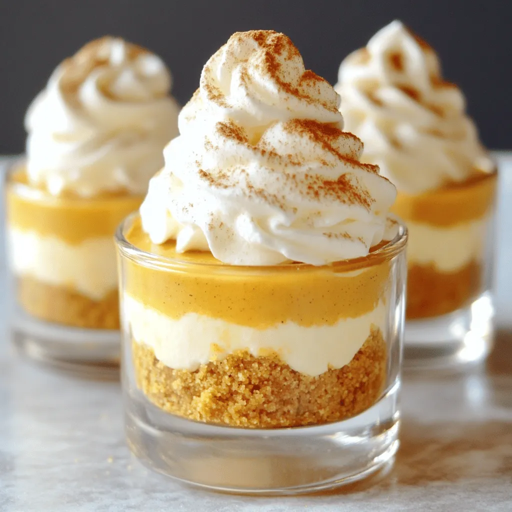 - 1 cup graham cracker crumbs - 1/4 cup unsalted butter, melted - 3 tablespoons brown sugar - 1 (8 oz) package cream cheese, softened - 1 cup canned pumpkin puree - 1/2 cup powdered sugar - 1 teaspoon vanilla extract - 1 teaspoon pumpkin pie spice - 1 cup whipped topping (or heavy cream, whipped) - Whipped cream and cinnamon for garnish To make the no bake pumpkin cheesecake cups, gather these simple ingredients. The graham cracker crumbs form a tasty crust. Mix them with melted butter and brown sugar for a sweet touch. The cream cheese gives the cheesecake its smooth texture. Canned pumpkin puree is key here. Make sure it’s not pumpkin pie filling. You need pure pumpkin for the best flavor. The powdered sugar sweetens the filling just right. Vanilla extract adds depth to the taste. Pumpkin pie spice brings warmth and aroma to the dessert. Finally, the whipped topping makes the filling light and fluffy. For a finishing touch, top each cup with whipped cream and a sprinkle of cinnamon. This adds both beauty and flavor. These ingredients come together to create a dessert that is easy, quick, and absolutely delicious. - First, gather your ingredients: graham cracker crumbs, melted butter, and brown sugar. - In a medium bowl, combine the graham cracker crumbs, melted butter, and brown sugar. - Stir the mixture until the crumbs feel like wet sand. - Next, take small serving cups and spoon the crumb mixture into each cup. - Press down gently to form a solid layer for the crust. - In a large bowl, beat the softened cream cheese with an electric mixer. - Mix until the cream cheese is smooth and free of lumps. - Add the pumpkin puree, powdered sugar, vanilla extract, and pumpkin pie spice. - Continue to beat the mixture until fluffy and well blended. - Carefully fold in the whipped topping into the pumpkin filling. - Take your time to keep the mixture light and airy. - Spoon the creamy pumpkin filling into each cup, filling them about three-quarters full. - Place the cups in the refrigerator to chill for at least 2-3 hours. - For best results, chill them overnight to let the flavors meld. - Before serving, top each cup with whipped cream and a sprinkle of cinnamon. To make a perfect cheesecake, you need soft cream cheese. Take the cream cheese out of the fridge. Let it sit at room temperature for about 30 minutes. This softens it and helps it mix better. When you mix in the other ingredients, use a gentle folding technique. This keeps the filling light and fluffy. Overmixing can make it dense, so mix just until combined. Garnishing is key for a great look. Top each cup with whipped cream. A light dusting of cinnamon adds color and flavor. You can also use chocolate shavings or caramel drizzle for extra flair. Pair these cups with coffee or hot cider. The warm drinks balance the cool cheesecake. They make a lovely combo for a cozy dessert. One big mistake is overmixing the filling. This can lead to a heavy texture. Mix just enough for a smooth blend. Another common error is not chilling long enough. For the best taste and texture, let the cups chill for at least 2-3 hours. Overnight is even better, as it helps the flavors develop. {{image_4}} You can change up the flavor of your pumpkin cheesecake cups. Try adding spices like cinnamon or nutmeg. These spices can give your dessert a warm, cozy taste. You can also swirl in caramel or chocolate for a sweet twist. This simple addition makes each bite even more delightful. If you need a gluten-free dessert, you can swap the graham cracker crust. Use gluten-free cookie crumbs or nuts for the base. Check other ingredients too, like the whipped topping. Make sure they are gluten-free to keep the treat safe for everyone to enjoy. For a dairy-free version, look for dairy-free cream cheese. Brands like Tofutti or Kite Hill work well. Instead of regular whipped topping, use coconut whipped cream. It adds a nice flavor and keeps it light. These swaps make the dessert suitable for those with dairy allergies. You can store the no bake pumpkin cheesecake cups in the fridge for up to five days. Use an airtight container to keep them fresh. If you stack the cups, place a layer of plastic wrap between them to avoid sticking. If you want to freeze the cups, do it after they chill. Place the cups in a freezer-safe container, with space between them. To thaw, move the cups to the fridge for about 4 hours before serving. This keeps the texture smooth. The expected shelf life of these dessert cups is about one week when stored in the fridge. However, for best taste and texture, enjoy them within three days. Yes, you can use homemade whipped cream. Just whip heavy cream until it forms soft peaks. This adds a fresh taste to your cheesecake cups. The texture will be light and fluffy, just like with whipped topping. You can tell the cheesecake is set when it feels firm to the touch. Gently press the top with your finger. If it bounces back, it's ready. Chilling for 2-3 hours helps the layers firm up. For best results, chill overnight. Absolutely! These cheesecake cups are perfect for making ahead. Prepare them a day in advance and store them in the fridge. This saves you time and lets the flavors blend nicely. Just add the whipped cream and cinnamon before serving for a fresh look. This blog shows you how to make tasty pumpkin cheesecake cups. We covered the ingredients, step-by-step directions, and tips to avoid mistakes. You learned how to create different flavors and variations for special diets. With these easy steps, you can impress friends and family. Try this dessert for your next gathering. Enjoy making and sharing these delicious treats!