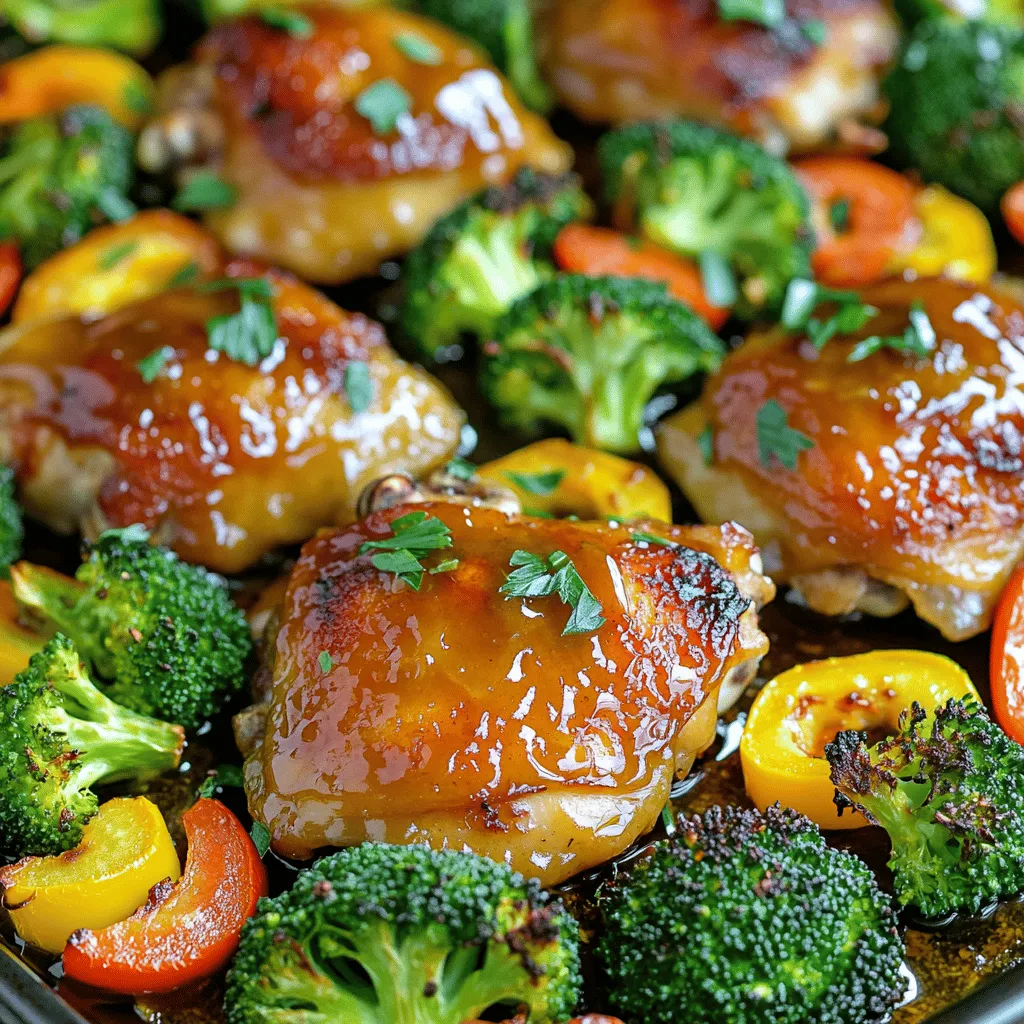 - 4 boneless, skinless chicken thighs - 1/4 cup honey - 1/4 cup Dijon mustard - 2 tablespoons olive oil - 1 teaspoon garlic powder - 1 teaspoon paprika - Salt and pepper, to taste I use boneless, skinless chicken thighs for this recipe. They stay juicy and tender. The honey and Dijon mustard create a tasty marinade that adds flavor. Olive oil helps everything cook nicely. Garlic powder and paprika give it extra depth. Adding salt and pepper brings out the best in every bite. - 2 cups broccoli florets - 1 cup baby carrots, halved - 1 red bell pepper, sliced - 1 yellow zucchini, sliced I love using fresh veggies for this dish. Broccoli florets add crunch and nutrition. Baby carrots bring sweetness and color. Red bell pepper gives a vibrant look and taste. Yellow zucchini adds a lovely texture and mild flavor. Together, they make a colorful and healthy side. - Fresh parsley, chopped Chopped fresh parsley is my favorite garnish. It adds a pop of green and freshness. It also makes the dish look more appealing on the plate. Plus, it enhances the overall flavor with its light taste. - Preheat the oven to 425°F (220°C). - Gather all ingredients and kitchen tools. You will need a large sheet pan, mixing bowl, whisk, and spatula. - In a small mixing bowl, combine: - 1/4 cup honey - 1/4 cup Dijon mustard - 2 tablespoons olive oil - 1 teaspoon garlic powder - 1 teaspoon paprika - Salt and pepper, to taste Whisk these ingredients together until smooth. This sauce adds a sweet and tangy kick to your chicken. - Place 4 boneless, skinless chicken thighs in a large bowl. - Pour half of the honey mustard mixture over the chicken. - Use your hands or a spatula to coat each piece evenly. This step infuses the chicken with flavor and keeps it juicy during cooking. - On a large sheet pan, arrange: - 2 cups broccoli florets - 1 cup baby carrots, halved - 1 red bell pepper, sliced - 1 yellow zucchini, sliced Make sure the veggies are in a single layer for even roasting. Drizzle a little olive oil over them and sprinkle with salt and pepper. Toss gently to coat. - Create space in the center of the sheet pan. - Lay the marinated chicken thighs flat in this space. - Brush the tops of the chicken with the remaining honey mustard mixture. Now, place the sheet pan in the preheated oven. Roast for 20-25 minutes. Use a meat thermometer to check for doneness. The chicken should reach an internal temperature of 165°F (75°C). This method ensures the chicken cooks perfectly with crispy veggies alongside. To ensure even roasting of vegetables, cut them all to similar sizes. This helps them cook at the same rate. Spread them out in a single layer on the sheet pan. If they are crowded, they may steam instead of roast, which can lead to soggy veggies. Resting the chicken before serving is key. After taking it out of the oven, let it sit for five minutes. This lets the juices settle back into the meat. You’ll get a juicier and more flavorful chicken. For a family-style dining experience, serve directly on the sheet pan. This looks rustic and inviting. If you prefer, plate the chicken and veggies separately. Drizzle with extra honey mustard sauce for added flavor and flair. Pair this dish with a light salad or crusty bread. A chilled white wine or sparkling water enhances the meal’s freshness and balance. To spice things up, add a pinch of cayenne pepper to the marinade. This will give the dish a nice kick. You can also try using different mustards, like whole grain or spicy brown, for varied flavors. For a twist, mix in some fresh herbs like thyme or rosemary. These can add a lovely aroma and depth to your honey mustard chicken. {{image_4}} You can switch the chicken thighs for several other proteins. Chicken breast works well if you prefer leaner meat. It cooks faster, so check it at 20 minutes. For a plant-based option, use firm tofu. Press it to remove water, then marinate just like the chicken. Fish is another great choice. Salmon or cod will soak up the honey mustard flavor nicely. Just be careful not to overcook it. Using seasonal veggies makes this dish even better. In spring, try asparagus or snap peas. In summer, zucchini and cherry tomatoes shine bright. Autumn brings squash or Brussels sprouts. Winter is perfect for root veggies like sweet potatoes or parsnips. Use what you find fresh at your local market. This keeps your meal exciting and tasty. If you want to mix things up, try different marinades. Teriyaki adds a sweet and savory twist. Just swap out the honey and mustard for teriyaki sauce. BBQ sauce can also bring a smoky flavor. Brush it on the chicken and veggies for a fun change. Experimenting with flavors keeps your meals fresh and enjoyable. To store leftovers, let the dish cool first. Place the chicken and veggies in an airtight container. Keep it in the fridge for up to three days. Make sure the lid is secure. This keeps the flavors fresh and safe to eat. For reheating, use the oven for best results. Preheat your oven to 350°F (175°C). Place the chicken and veggies on a baking sheet. Heat them for about 15 minutes. Check that the chicken is hot all the way through. You can also use a microwave, but the oven keeps the texture better. If you want to freeze the dish, let it cool completely. Pack the chicken and veggies in freezer-safe bags. Remove as much air as you can before sealing. This helps prevent freezer burn. You can keep it frozen for up to three months. To thaw, place it in the fridge overnight before reheating. Yes, you can use chicken breasts. They will cook faster than thighs. Adjust the cooking time to about 15-20 minutes. Always check for an internal temperature of 165°F (75°C) to ensure they are safe to eat. You can use many veggies! Here are some great options: - Brussels sprouts - Cauliflower - Asparagus - Sweet potatoes - Bell peppers of any color These vegetables add flavor and color to your dish. You can store leftovers in the fridge for up to 3 days. Keep them in an airtight container. Make sure the chicken and veggies cool before sealing. Absolutely! You can mix the sauce a day before. Store it in the fridge. Just give it a good stir before using it. Yes, you can use yellow mustard or whole grain mustard. Each will change the flavor slightly. Experiment and find what you like best! This blog covered a tasty, easy dish with chicken thighs and fresh veggies. You learned how to make a sweet and tangy honey mustard sauce. We also explored cooking tips, serving ideas, and different variations to try. In the end, this recipe is flexible and fun. You can adapt it to fit your taste. Enjoy experimenting with flavors and ingredients. Happy cooking!