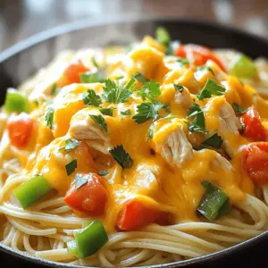 - 2 cups cooked spaghetti - 1 lb boneless, skinless chicken breasts, diced into bite-sized pieces - 1 cup Velveeta cheese, cut into small cubes - 1 cup low-sodium chicken broth - 1 cup diced tomatoes, canned and well-drained - 1/2 cup green bell pepper, diced - 1/2 cup onion, finely chopped - 2 cloves garlic, minced - 1 teaspoon Italian seasoning - 1 tablespoon olive oil - Salt and freshly ground black pepper to taste - 1/4 cup fresh parsley, finely chopped for garnish These ingredients bring the dish to life. The chicken provides protein, while the Velveeta cheese gives a creamy texture. The tomatoes and bell peppers add freshness and color. The onion and garlic create depth and flavor, making this dish hard to resist. You can easily find these ingredients at your local store. The key is to use fresh and high-quality items. This helps ensure your Creamy Velveeta Chicken Spaghetti tastes amazing. 1. First, heat 1 tablespoon of olive oil in a large skillet over medium heat. 2. Next, take 1 pound of diced chicken breasts. Season them well with salt, pepper, and 1 teaspoon of Italian seasoning. 3. Cook the chicken for about 5 to 7 minutes. Stir often until it turns golden brown and is no longer pink inside. 1. After the chicken is done, add 1/2 cup of finely chopped onion and 1/2 cup of diced green bell pepper to the skillet. 2. Stir in 2 cloves of minced garlic. Cook this mix for about 3 to 4 minutes. You want the veggies to soften and smell great. 1. Now, pour in 1 cup of low-sodium chicken broth and 1 cup of well-drained diced tomatoes. 2. Stir everything together and bring it to a gentle simmer. 3. Once it's simmering, add 1 cup of Velveeta cheese cubes. Mix until the cheese melts and the sauce is creamy. 1. In a large bowl, combine the 2 cups of cooked spaghetti with the cheesy chicken mixture. 2. Toss gently until the spaghetti is well-coated in the creamy sauce. 3. Finally, taste the dish and adjust the seasoning with more salt and pepper as needed. To make your sauce extra creamy, use a gentle stirring technique. Start by mixing the chicken broth and tomatoes slowly. This helps blend the flavors well. When adding Velveeta cheese, cut it into small cubes. This will help it melt faster. Stir continuously as the cheese melts. Keep the heat low to avoid burning. You can boost the flavor with extra herbs and spices. Consider adding a pinch of red pepper flakes for some heat. Fresh basil or oregano also adds a nice touch. For toppings, try crispy bacon bits or grated Parmesan cheese. These will add texture and a rich taste that pairs well with the creamy sauce. Serve the Cheesy Chicken Spaghetti in shallow pasta bowls. This makes it look inviting at the table. For garnish, sprinkle fresh parsley over the top. A light drizzle of olive oil adds flavor and shine. You can also add sliced olives or cherry tomatoes for a pop of color. {{image_4}} You can change some ingredients in this recipe. Use different cheeses if you want. For a sharper taste, try cheddar or gouda. These cheeses will melt well and add depth. If you wish to switch proteins, you can use ground turkey or even shrimp. Both options cook quickly and blend nicely with the sauce. If you need gluten-free options, use gluten-free spaghetti. There are many brands that taste great. Just be sure to check the package for cooking times. For a vegan version, swap out the chicken for chickpeas or tofu. Use a plant-based cheese instead of Velveeta. Nutritional yeast can add a cheesy flavor without dairy. If you want to make more, just double the recipe. This dish scales well and tastes great even as leftovers. You can also cut the recipe in half for a smaller meal. Meal prep is easy with this dish. Cook it ahead of time and store portions in containers. Just reheat when you’re ready to eat. Enjoy this dish any day of the week! To store your Creamy Velveeta Chicken Spaghetti, let it cool first. Place it in an airtight container. This helps keep it fresh. You can store it in the fridge for up to three days. After that, the taste and texture may fade. When it's time to enjoy your leftovers, reheat them gently. The best way is to use the stove. Place the spaghetti in a skillet over low heat. Add a splash of chicken broth or water to keep it moist. Stir often until it’s hot. If you prefer the microwave, use a microwave-safe dish. Cover it, and heat in short bursts. This helps warm it without drying it out. Always check for creamy goodness before serving! You can use cream cheese or cheddar cheese. Both melt well. Cream cheese gives a rich flavor. Cheddar adds a sharp taste. You can mix cheeses for more flavor options. Yes, you can prepare it in advance. Cook the chicken and sauce first. Then, store them separately from the spaghetti. When ready to eat, just combine and heat. Add red pepper flakes or diced jalapeños. You can also use spicy sausage instead of chicken. For a kick, try a dash of hot sauce. Adjust to your heat preference. Serve with garlic bread or a fresh salad. Steamed vegetables like broccoli work great too. You can also add a fruit salad for a sweet touch. In this post, we explored how to make creamy Velveeta chicken spaghetti, covering key ingredients and clear steps. You learned about cooking chicken, sautéing veggies, and creating a rich sauce. We also shared tips for perfecting the flavor and offered variations for dietary needs. Now you can make this delicious dish with confidence. Use these methods to impress family and friends. Enjoy your cooking journey and let creativity shine in the kitchen!