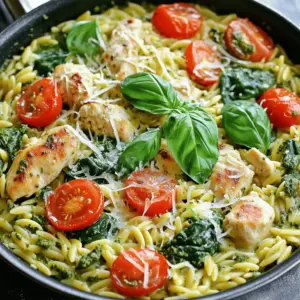 - 1 pound chicken breast, diced into bite-sized pieces - 1 cup orzo pasta - 2 cups chicken broth - 1 cup heavy cream - 1/2 cup basil pesto (store-bought or homemade) - 3 cloves garlic, minced - 1 cup cherry tomatoes, halved - 1 cup fresh spinach, roughly chopped - 2 tablespoons olive oil - Salt and freshly ground black pepper, to taste - Grated Parmesan cheese, for serving - Fresh basil leaves, for garnish In this one-pan creamy pesto chicken orzo, the main ingredients create a great base. The chicken breast adds protein. Orzo gives a nice texture. Chicken broth adds depth, while heavy cream brings richness. The flavor enhancers make this dish shine. The basil pesto gives a burst of fresh flavor. Garlic adds warmth and aroma. Cherry tomatoes add sweetness and color, while spinach provides a nice green touch. Lastly, the essential seasonings tie everything together. Olive oil helps cook the chicken. Salt and pepper boost the flavors. Grated Parmesan adds a salty kick. Fresh basil leaves make a lovely garnish. With these ingredients, you create a meal that is both comforting and delicious. 1. Start by heating 2 tablespoons of olive oil in a large skillet over medium-high heat. Let it warm for about a minute. 2. Add 1 pound of diced chicken breast to the pan. Season it well with salt and freshly ground black pepper. 3. Cook the chicken for 5-7 minutes, stirring often. The chicken should be browned and cooked all the way through. 1. Once your chicken is ready, add 3 minced cloves of garlic to the pan. Sauté it for 1-2 minutes, stirring constantly. The garlic should smell great but not brown. 2. Next, toss in 1 cup of orzo pasta. Mix it well with the chicken and garlic. 3. Pour in 2 cups of chicken broth, making sure the orzo is covered. Bring this mix to a boil, then reduce the heat to a simmer. Cover the pan and cook for about 10-12 minutes. Stir it occasionally until the orzo is al dente and has soaked up most of the broth. 1. After the orzo is cooked, lower the heat. Stir in 1 cup of heavy cream and 1/2 cup of basil pesto. Mix well until everything is creamy and combined. 2. Gently fold in 1 cup of halved cherry tomatoes and 1 cup of roughly chopped fresh spinach. Cook for another 2-3 minutes. The spinach should wilt, and the tomatoes should soften a bit. 3. Taste your dish and adjust the seasoning. You can add more salt or black pepper if you like. 4. Serve your creamy chicken orzo hot. Top it with fresh basil leaves and a sprinkle of grated Parmesan cheese for that extra flavor. To make the sauce creamy, start with heavy cream. You can add more if you want a richer flavor. If it’s too thick, add a splash of chicken broth. Balancing flavors is key. Taste as you go. Use salt and black pepper to enhance the dish. You can also add a pinch of red pepper flakes for a little heat. For orzo, check it after 10 minutes. It should be al dente, not mushy. Stir it often to prevent sticking. To avoid dry chicken, watch the cooking time. Cook it until it’s just done. Overcooked chicken becomes tough. Aim for a juicy texture to keep it tender. Serve the orzo in wide, shallow bowls for a beautiful look. Drizzle extra olive oil around the edges for shine. Add whole cherry tomatoes for color. For garnish, use fresh basil leaves on top. A sprinkle of grated Parmesan cheese adds a lovely finish. This makes the dish feel special and inviting. {{image_4}} You can change the protein in this dish easily. Try using shrimp or diced tofu instead of chicken. These swaps can add new flavors and textures to your meal. Shrimp cooks fast and adds a nice seafood twist. Tofu is great for a vegetarian option. You can also use ground turkey or beef for a heartier dish. Switching pasta types can also make a difference. While orzo is perfect here, you can use other small pasta shapes. Try ditalini or even quinoa for a gluten-free option. Remember, cooking times may vary with these swaps, so watch your pasta closely. Adding vegetables can boost nutrition and taste. Consider tossing in bell peppers, zucchini, or peas. These veggies add color and crunch. You can sauté them with the garlic to enhance their flavor. You can even add mushrooms for an earthy touch. Experimenting with herbs can elevate the dish too. Fresh thyme or rosemary can bring a nice aroma. You can also mix in a bit of fresh parsley for a bright finish. Just chop them finely and stir them in right before serving. If you're looking for dairy-free choices, you can swap heavy cream for coconut milk. This keeps the dish creamy while adding a subtle sweetness. You can also use almond milk with a little cornstarch for thickness. For a vegan pesto, blend fresh basil, nuts, garlic, and olive oil. Skip the cheese or use nutritional yeast for a cheesy flavor. This keeps your dish plant-based and full of flavor. To store your leftovers, let the dish cool to room temperature first. Then, place it in an airtight container. This helps keep it fresh and safe to eat. Use a glass or plastic container that seals well. Glass is great for reheating and won’t stain. You can freeze one-pan creamy pesto chicken orzo for up to three months. Make sure it cools completely before freezing. Use freezer-safe containers or bags to save space. When ready to eat, thaw it overnight in the fridge. Reheat it on the stove or in the microwave. Add a splash of chicken broth to bring back creaminess. In the fridge, this dish lasts about three to four days. Check for signs of spoilage, like any off smells or mold. If it smells sour or looks different, it’s best to throw it away. Always trust your nose and eyes when checking food. Yes, you can use whole wheat orzo in this dish. Whole wheat orzo is a great choice. It adds a nutty flavor and extra fiber. You may need to cook it a bit longer. Check the package for cooking times. Adjust the cooking time of the orzo and broth as needed. The overall taste will still be creamy and delicious. Making homemade basil pesto is simple and fun. You only need a few ingredients. Here’s what you will need: - 2 cups fresh basil leaves - 1/2 cup grated Parmesan cheese - 1/2 cup olive oil - 1/3 cup pine nuts (or walnuts) - 3 cloves garlic, minced - Salt and pepper to taste Just blend everything in a food processor until smooth. You can add more olive oil for a thinner sauce. Homemade pesto boosts the flavor of your creamy orzo dish. Absolutely! Adding vegetables makes the dish colorful and healthy. Here are some great options: - Zucchini, diced - Bell peppers, chopped - Broccoli florets - Peas You can add them when you fold in the spinach and tomatoes. Cook them until they are tender. This will enhance the dish’s taste and texture. Feel free to get creative with your veggie choices! This blog post covered a simple and tasty one-pan creamy pesto chicken orzo recipe. We explored key ingredients, steps, and tips for perfection. You can swap ingredients to fit your taste and dietary needs. Plus, we discussed how to store leftovers properly. Remember, cooking should be fun and creative. Don't be afraid to experiment with flavors and enjoy the process. Now, go ahead and make this dish yours!