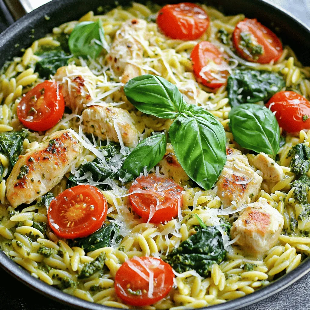 - 1 pound chicken breast, diced into bite-sized pieces - 1 cup orzo pasta - 2 cups chicken broth - 1 cup heavy cream - 1/2 cup basil pesto (store-bought or homemade) - 3 cloves garlic, minced - 1 cup cherry tomatoes, halved - 1 cup fresh spinach, roughly chopped - 2 tablespoons olive oil - Salt and freshly ground black pepper, to taste - Grated Parmesan cheese, for serving - Fresh basil leaves, for garnish In this one-pan creamy pesto chicken orzo, the main ingredients create a great base. The chicken breast adds protein. Orzo gives a nice texture. Chicken broth adds depth, while heavy cream brings richness. The flavor enhancers make this dish shine. The basil pesto gives a burst of fresh flavor. Garlic adds warmth and aroma. Cherry tomatoes add sweetness and color, while spinach provides a nice green touch. Lastly, the essential seasonings tie everything together. Olive oil helps cook the chicken. Salt and pepper boost the flavors. Grated Parmesan adds a salty kick. Fresh basil leaves make a lovely garnish. With these ingredients, you create a meal that is both comforting and delicious. 1. Start by heating 2 tablespoons of olive oil in a large skillet over medium-high heat. Let it warm for about a minute. 2. Add 1 pound of diced chicken breast to the pan. Season it well with salt and freshly ground black pepper. 3. Cook the chicken for 5-7 minutes, stirring often. The chicken should be browned and cooked all the way through. 1. Once your chicken is ready, add 3 minced cloves of garlic to the pan. Sauté it for 1-2 minutes, stirring constantly. The garlic should smell great but not brown. 2. Next, toss in 1 cup of orzo pasta. Mix it well with the chicken and garlic. 3. Pour in 2 cups of chicken broth, making sure the orzo is covered. Bring this mix to a boil, then reduce the heat to a simmer. Cover the pan and cook for about 10-12 minutes. Stir it occasionally until the orzo is al dente and has soaked up most of the broth. 1. After the orzo is cooked, lower the heat. Stir in 1 cup of heavy cream and 1/2 cup of basil pesto. Mix well until everything is creamy and combined. 2. Gently fold in 1 cup of halved cherry tomatoes and 1 cup of roughly chopped fresh spinach. Cook for another 2-3 minutes. The spinach should wilt, and the tomatoes should soften a bit. 3. Taste your dish and adjust the seasoning. You can add more salt or black pepper if you like. 4. Serve your creamy chicken orzo hot. Top it with fresh basil leaves and a sprinkle of grated Parmesan cheese for that extra flavor. To make the sauce creamy, start with heavy cream. You can add more if you want a richer flavor. If it’s too thick, add a splash of chicken broth. Balancing flavors is key. Taste as you go. Use salt and black pepper to enhance the dish. You can also add a pinch of red pepper flakes for a little heat. For orzo, check it after 10 minutes. It should be al dente, not mushy. Stir it often to prevent sticking. To avoid dry chicken, watch the cooking time. Cook it until it’s just done. Overcooked chicken becomes tough. Aim for a juicy texture to keep it tender. Serve the orzo in wide, shallow bowls for a beautiful look. Drizzle extra olive oil around the edges for shine. Add whole cherry tomatoes for color. For garnish, use fresh basil leaves on top. A sprinkle of grated Parmesan cheese adds a lovely finish. This makes the dish feel special and inviting. {{image_4}} You can change the protein in this dish easily. Try using shrimp or diced tofu instead of chicken. These swaps can add new flavors and textures to your meal. Shrimp cooks fast and adds a nice seafood twist. Tofu is great for a vegetarian option. You can also use ground turkey or beef for a heartier dish. Switching pasta types can also make a difference. While orzo is perfect here, you can use other small pasta shapes. Try ditalini or even quinoa for a gluten-free option. Remember, cooking times may vary with these swaps, so watch your pasta closely. Adding vegetables can boost nutrition and taste. Consider tossing in bell peppers, zucchini, or peas. These veggies add color and crunch. You can sauté them with the garlic to enhance their flavor. You can even add mushrooms for an earthy touch. Experimenting with herbs can elevate the dish too. Fresh thyme or rosemary can bring a nice aroma. You can also mix in a bit of fresh parsley for a bright finish. Just chop them finely and stir them in right before serving. If you're looking for dairy-free choices, you can swap heavy cream for coconut milk. This keeps the dish creamy while adding a subtle sweetness. You can also use almond milk with a little cornstarch for thickness. For a vegan pesto, blend fresh basil, nuts, garlic, and olive oil. Skip the cheese or use nutritional yeast for a cheesy flavor. This keeps your dish plant-based and full of flavor. To store your leftovers, let the dish cool to room temperature first. Then, place it in an airtight container. This helps keep it fresh and safe to eat. Use a glass or plastic container that seals well. Glass is great for reheating and won’t stain. You can freeze one-pan creamy pesto chicken orzo for up to three months. Make sure it cools completely before freezing. Use freezer-safe containers or bags to save space. When ready to eat, thaw it overnight in the fridge. Reheat it on the stove or in the microwave. Add a splash of chicken broth to bring back creaminess. In the fridge, this dish lasts about three to four days. Check for signs of spoilage, like any off smells or mold. If it smells sour or looks different, it’s best to throw it away. Always trust your nose and eyes when checking food. Yes, you can use whole wheat orzo in this dish. Whole wheat orzo is a great choice. It adds a nutty flavor and extra fiber. You may need to cook it a bit longer. Check the package for cooking times. Adjust the cooking time of the orzo and broth as needed. The overall taste will still be creamy and delicious. Making homemade basil pesto is simple and fun. You only need a few ingredients. Here’s what you will need: - 2 cups fresh basil leaves - 1/2 cup grated Parmesan cheese - 1/2 cup olive oil - 1/3 cup pine nuts (or walnuts) - 3 cloves garlic, minced - Salt and pepper to taste Just blend everything in a food processor until smooth. You can add more olive oil for a thinner sauce. Homemade pesto boosts the flavor of your creamy orzo dish. Absolutely! Adding vegetables makes the dish colorful and healthy. Here are some great options: - Zucchini, diced - Bell peppers, chopped - Broccoli florets - Peas You can add them when you fold in the spinach and tomatoes. Cook them until they are tender. This will enhance the dish’s taste and texture. Feel free to get creative with your veggie choices! This blog post covered a simple and tasty one-pan creamy pesto chicken orzo recipe. We explored key ingredients, steps, and tips for perfection. You can swap ingredients to fit your taste and dietary needs. Plus, we discussed how to store leftovers properly. Remember, cooking should be fun and creative. Don't be afraid to experiment with flavors and enjoy the process. Now, go ahead and make this dish yours!