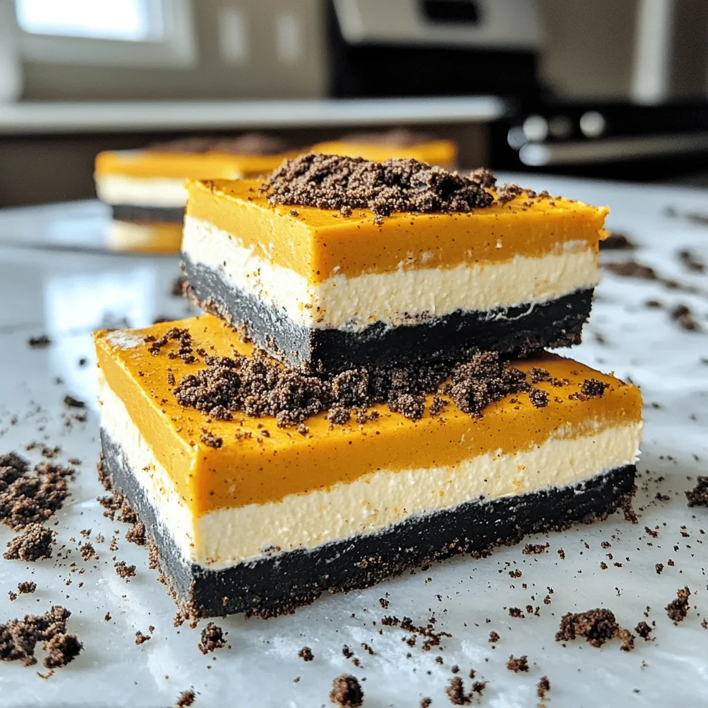 - 24 Oreo cookies, finely crushed - 4 tablespoons unsalted butter, melted - 1 cup pumpkin puree (canned or fresh) - 1 cup cream cheese, softened to room temperature - ½ cup powdered sugar - 1 teaspoon vanilla extract - 1 teaspoon pumpkin pie spice - 1 cup whipped cream (store-bought or homemade) The main flavors in these bars come from the filling. The cream cheese and pumpkin puree create a smooth and creamy texture. The pumpkin puree adds richness and a slight sweetness. The vanilla extract gives a nice aroma, while pumpkin pie spice adds warm notes of cinnamon and nutmeg. The crust, made from Oreo cookies, brings a chocolatey crunch that perfectly balances the creamy filling. - Extra Oreo crumbs for garnish You can add extra Oreo crumbs on top for a fun and crunchy finish. This simple touch makes the bars look even more appealing. If you want to take it a step further, consider using homemade whipped cream. It’s lighter and fresher than store-bought. However, store-bought whipped cream is just as tasty and saves time. To start, take 24 Oreo cookies and finely crush them. You can use a food processor or put them in a bag and crush them with a rolling pin. Once crushed, add 4 tablespoons of melted butter to the cookies. Stir until the mixture looks like wet sand. This is the base for our bars. Next, lightly grease an 8x8-inch baking pan with cooking spray or butter. Press the Oreo mixture into the bottom of the pan. Use the back of a measuring cup or your fingers to flatten it. Make sure it’s even. After that, place the pan in the refrigerator for about 10-15 minutes to let the crust set. Now, let’s make the filling. In a large bowl, beat 1 cup of softened cream cheese with an electric mixer. Mix until it’s smooth and creamy. Then, add 1 cup of pumpkin puree, ½ cup of powdered sugar, 1 teaspoon of vanilla extract, and 1 teaspoon of pumpkin pie spice. Blend everything until it is completely smooth. Next, you’ll want to incorporate 1 cup of whipped cream. Take a spatula and gently fold it into the pumpkin mixture. Be careful not to stir too hard, or you might lose that light, airy feel. Now, it’s time to put it all together. Carefully pour the pumpkin cheesecake filling over the chilled Oreo crust. Use a spatula to spread it evenly so you have a smooth top. This step is key for a great finish. To finish, cover the pan with plastic wrap or foil. Place it in the refrigerator for at least 4-6 hours. For the best results, chill it overnight. This allows the flavors to blend and the cheesecake to set just right. To make a strong crust, mix the crushed Oreo cookies with melted butter well. The butter helps the crust hold together. If you want a twist, try using chocolate or vanilla sandwich cookies instead of Oreos. You can also use graham crackers for a different flavor. When you fold in whipped cream, do it gently. This keeps the light and airy texture of the cream. Use a spatula and lift the mixture from the bottom. Be careful not to overmix, or the cream will lose its fluffiness. For a lovely plate presentation, cut the bars into neat squares. You can sprinkle extra Oreo crumbs on top for a fun touch. These bars pair well with coffee or a warm spiced cider. Serve them alongside a scoop of vanilla ice cream for added delight. {{image_4}} You can switch up the cookie type for the crust. Instead of Oreo cookies, try using graham crackers. They give a nice crunch and a different flavor. You can also use chocolate chip cookies for a sweeter base. This change adds depth to your bars. Another fun option is to mix in different spices. Swap pumpkin pie spice for cinnamon or ginger for a unique twist. You can even add a pinch of nutmeg for a little extra warmth. Each spice brings its own flair. For a gluten-free version, use gluten-free cookies for the crust. Many brands offer tasty options that work well. You can also use almond flour mixed with melted butter for a nutty base. If you want a dairy-free filling, use vegan cream cheese. Pair it with coconut whipped cream for a creamy texture. You won't miss the dairy at all with these swaps. Holiday-themed variations can make your bars festive. Try adding crushed peppermint for a winter treat. You can also swirl in cranberry sauce for a tart contrast during Thanksgiving. For summer, mix in fresh berries like strawberries or blueberries. They add a burst of freshness and color. You can also top your bars with seasonal fruits for added flair. Store your No-Bake Oreo Pumpkin Cheesecake Bars in the fridge. This keeps them fresh and tasty. Use an airtight container for the best results. You can also cover the pan with plastic wrap or aluminum foil. This helps prevent any strong smells from mixing in. You can freeze these bars for later use. Cut them into squares before freezing for easy serving. Wrap each piece in plastic wrap, then place them in a freezer-safe bag. To thaw, leave them in the fridge overnight. Serve them cold for a refreshing treat. These bars stay fresh in the fridge for about five days. Check for changes in smell or texture. If they look dry or have an off smell, it’s best to toss them. Enjoy them while they are still creamy and delicious! Yes, you can use homemade whipped cream. It adds a fresh taste. To make your own, beat heavy cream in a bowl until soft peaks form. Add a bit of sugar and vanilla for flavor. Keep it cool until ready to fold into your filling. These bars need at least 4-6 hours to chill. For best results, chill them overnight. This helps the flavors mix well and the cheesecake sets properly. You can use light cream cheese. It will change the flavor and texture slightly. The bars may be less rich but still tasty. These bars pair well with coffee or hot chocolate. You can also serve them with a scoop of vanilla ice cream. Fresh whipped cream on the side is a great touch too! These pumpkin cheesecake bars blend simple ingredients for a tasty treat. You start with a crust of crushed Oreos, add a creamy filling, and finish with whipped cream. You can make it your own with different flavors or dietary swaps. Storing these bars properly keeps them fresh longer. With this guide, you’re ready to impress friends and family with a delightful dessert. Enjoy your baking and make memories with every slice!