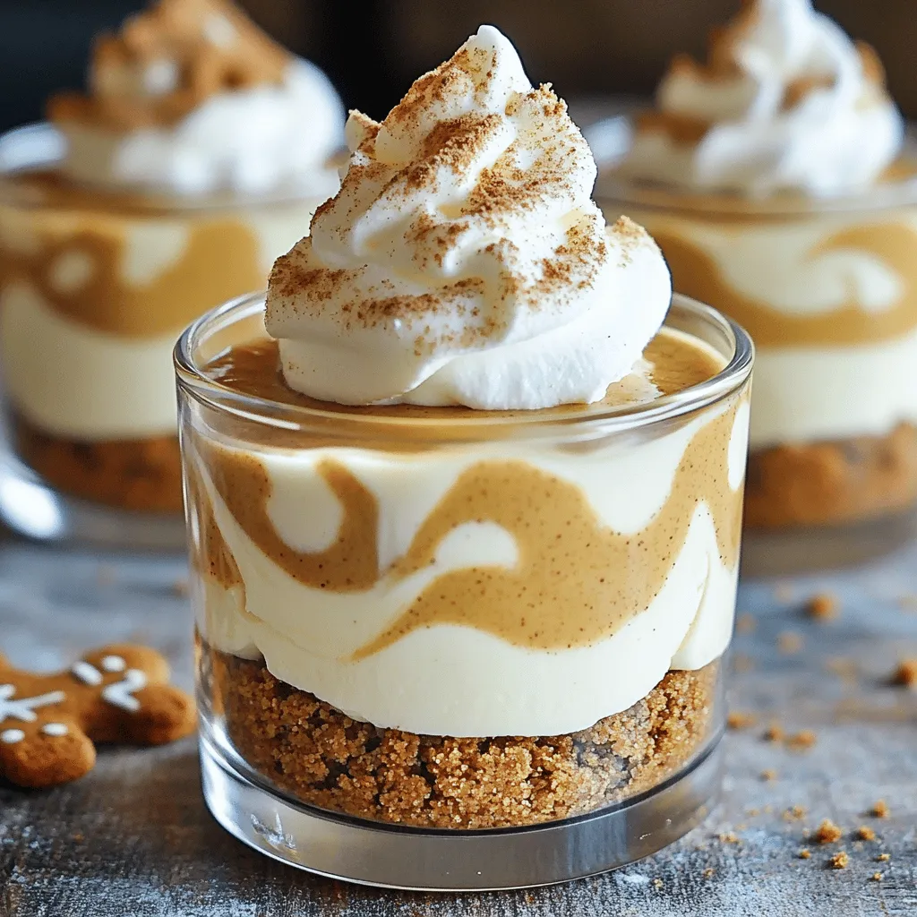 To make No-Bake Gingerbread Cheesecake Cups, you will need the following ingredients: - 1 cup crushed gingerbread cookies - 4 tablespoons unsalted butter, melted - 16 oz cream cheese, softened - 1 cup powdered sugar - 1 teaspoon vanilla extract - 1 teaspoon ground ginger - 1 teaspoon ground cinnamon - ¼ teaspoon ground nutmeg - ½ cup whipped cream (plus additional for garnish) - Optional: Additional crushed gingerbread cookies for topping These ingredients create a rich and creamy dessert. The gingerbread cookies give a warm spice flavor that pairs well with the smooth cheesecake. The whipped cream adds lightness, making this dessert feel festive and fun. When choosing your gingerbread cookies, use ones that are crunchy for the best texture. Soft cookies may not hold up well in the crust. The cream cheese needs to be at room temperature. This helps it mix easier and creates a smooth filling. Feel free to get creative with the toppings! Additional crushed gingerbread cookies on top add a nice crunch. You can also use extra whipped cream to make them look fancy. This dessert is perfect for holiday parties or cozy nights at home. Enjoy making these delightful cups! 1. Start by mixing the crushed gingerbread cookies with melted butter in a bowl. 2. Stir until the cookie crumbs are wet and look like sand. 3. Next, divide the cookie mixture evenly into each cup. 4. Press the mixture down gently to form a firm crust. 1. In a large bowl, beat the softened cream cheese for about two minutes. 2. You want it to be smooth and creamy. 3. Gradually add in the powdered sugar while mixing. 4. Keep beating until the sugar is fully mixed in. 5. Now, blend in the vanilla extract, ground ginger, ground cinnamon, and nutmeg. 6. Mix until all the flavors are well combined. 1. Carefully fold the whipped cream into the cheesecake mixture. 2. Use a spatula and mix until no white streaks are left. 3. Use a spoon or piping bag to fill each cup with the cheesecake mix. 4. Layer the cheesecake on top of the crust. 5. Cover the cups with plastic wrap and place them in the fridge. 6. Chill for at least four hours, but overnight is best for a nice texture. To get the best texture, it is key to soften the cream cheese. Cold cream cheese can create lumps in your mixture. Leave it out for about 30 minutes before mixing. This way, it blends easily and becomes creamy. Next, use careful folding techniques for the whipped cream. When you fold, use a spatula and gently mix. This keeps the air in the whipped cream, making your cheesecake light and fluffy. Avoid stirring too hard or too fast. Chilling your cheesecake cups overnight brings out the best flavor and texture. It lets the layers meld together, making each bite rich and smooth. To tell if they are set, gently press the top with your finger. If it bounces back, they are ready. If not, give them a bit more time to chill. Adding festive touches can make your cheesecake cups shine. Use a dollop of whipped cream on top for a pretty look. Sprinkle some crushed gingerbread cookies for extra flavor and crunch. You can also add a few chocolate shavings or a drizzle of caramel. These toppings bring a fun twist and elevate the overall taste. {{image_4}} You can switch up the spices in the cheesecake mix. Try adding cardamom or allspice for a different taste. These spices bring warmth and depth. You can also play with the cookie base. Use crushed chocolate cookies for a fun twist. The chocolate pairs well with the creamy filling. You could even use gingersnap cookies for extra spice. Each cookie base changes the whole flavor. For gluten-free options, use gluten-free gingerbread cookies. They work just as well and taste great. If you want lower sugar, try using a sugar substitute. Make sure it measures cup-for-cup like regular sugar. For a dairy-free version, use vegan cream cheese and coconut whipped cream. These swaps keep the flavors while meeting dietary needs. These cups pair well with seasonal drinks. Serve them with spiced apple cider or hot cocoa for a cozy treat. At holiday gatherings, arrange them on a festive platter. They look great next to other desserts. You can even add colorful sprinkles or edible glitter. This makes them extra special for guests. To keep your no-bake gingerbread cheesecake cups fresh, store them in the fridge. Place each cup in an airtight container. This method helps maintain their creamy texture and flavor. These cheesecake cups can last in the fridge for up to 5 days. Yes, you can freeze these cheesecake cups! To do this, cover each cup tightly with plastic wrap and then foil. This keeps out air and prevents freezer burn. They can be frozen for up to 2 months. When you're ready to serve, take out the cups and thaw them in the fridge overnight. This gentle thawing keeps the texture smooth and creamy. Enjoy them cold for a delightful treat! Yes, you can use store-bought gingerbread cookies. They save time and effort. Look for cookies that are crunchy. This crunch adds great texture to your dessert. Brands like Pepperidge Farm or Trader Joe’s have good options. You can crush them at home for the crust. This keeps the flavor fresh and tasty. You can make these cups a day before you serve them. Just follow the recipe and chill them overnight. This helps the flavors blend well. Store them in the fridge, covered with plastic wrap. This keeps them fresh and creamy. Just add whipped cream and toppings before serving. If you need a substitute for whipped cream, use Greek yogurt. It gives a creamy texture and tangy flavor. You can also use cool whip as a quick option. Both will work well in this recipe. Just fold them in gently to keep the light texture. These gingerbread cheesecake cups are easy and fun to make. We covered the ingredients, mixing techniques, and creative tips to ensure a great dessert. Remember to chill them long enough for the best texture. Feel free to explore flavor variations and dietary swaps. Always store them properly for freshness. Try these cups at your next festive gathering, and let the flavors shine! You’ll impress everyone with your tasty creation. Enjoy every bite!