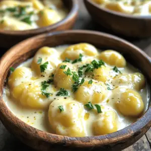 To make Minute Creamy Garlic Gnocchi, gather these items: - 1 pound potato gnocchi - 2 tablespoons unsalted butter - 4 cloves garlic, minced - 1 cup heavy cream - 1 cup grated Parmesan cheese - 1 teaspoon Italian seasoning - Salt and freshly cracked black pepper to taste - Fresh parsley, chopped (for garnish) You can swap some ingredients if needed. Here are a few ideas: - Use olive oil instead of unsalted butter for a lighter option. - Replace heavy cream with half-and-half for a lower fat version. - If you don't have Parmesan, try Pecorino Romano or nutritional yeast for a vegan touch. - Use dried herbs if you lack fresh ones; just adjust the amount since dried herbs are stronger. For the best results, consider these brands: - Gnocchi: Look for De Cecco or Rana for quality potato gnocchi. - Butter: Kerrygold provides rich and creamy unsalted butter. - Parmesan Cheese: Grana Padano or BelGioioso offer great flavors. - Heavy Cream: Organic Valley is a reliable choice for fresh cream. Start by filling a large pot with water. Add salt to it. Bring the water to a rolling boil. Carefully add 1 pound of potato gnocchi. Cook them until they float, about 2-3 minutes. Once they float, they are done. Drain them in a colander and set aside. In a large skillet, melt 2 tablespoons of unsalted butter over medium heat. Wait until the butter is bubbly. Add 4 cloves of minced garlic to the skillet. Sauté the garlic for 1-2 minutes. Stir it often until it is fragrant and golden. Be careful not to burn the garlic. Gradually pour in 1 cup of heavy cream while whisking. This helps mix the cream with the garlic and butter. Raise the heat a bit to bring the sauce to a gentle simmer. Let it simmer for 3-4 minutes. Stir it occasionally until the sauce thickens slightly. Now, reduce the heat to low. Stir in 1 cup of grated Parmesan cheese and 1 teaspoon of Italian seasoning. Mix until the cheese melts, and the sauce is creamy. Taste the sauce. Add salt and freshly cracked black pepper to your liking. Gently fold the cooked gnocchi into the creamy sauce. Make sure each piece is coated well. Heat everything for an extra minute. This helps the flavors blend. Remove the skillet from heat. Transfer the creamy gnocchi to serving bowls. For a nice touch, sprinkle chopped fresh parsley on top. Enjoy your meal! To make the sauce just right, use heavy cream. This gives your sauce a rich, smooth feel. Whisk it in slowly to blend with the garlic and butter. Keep stirring as it heats. You want a gentle simmer, not a hard boil. This helps the sauce thicken nicely. If you want a thicker sauce, let it simmer longer. Just remember to stir often to avoid burning. Gnocchi cooks fast! Boil them in salted water until they float. This usually takes about 2-3 minutes. Be careful not to overcook them. If they sit too long, they can get mushy. Drain them quickly and set aside. Use a wide pot to give them space to move. This helps them cook evenly and prevents sticking. To boost the flavor, add Italian seasoning to the sauce. Just a teaspoon is enough to make a difference. You can also try fresh herbs like basil or thyme. They add bright notes to the dish. A pinch of red pepper flakes can add some heat. For more depth, use freshly cracked black pepper and salt to taste. These simple tweaks can turn a good dish into a great one. {{image_4}} You can boost the nutrition and flavor by adding vegetables. Try spinach, peas, or broccoli. Simply sauté them in the skillet with the garlic. This adds color and a fresh taste to your dish. You can also use roasted bell peppers or zucchini for a twist. Just chop them small so they mix well with the gnocchi. Adding protein makes this meal heartier. Cooked chicken, shrimp, or sausage mix well with the creamy sauce. You can add them right after the garlic is sautéed. If you want a meat-free option, try chickpeas or white beans. They add great texture and protein without meat. Feel free to play with the sauce! For a lighter option, use half and half instead of heavy cream. You can also add a splash of lemon juice for a zesty kick. For a twist, try using pesto or a tomato sauce. Just mix it with the garlic and butter before adding the gnocchi. Each option gives a new flavor to explore! To store leftovers, let the gnocchi cool down first. Place any extra in an airtight container. This helps keep the creamy sauce fresh. You can keep it in the fridge for up to three days. If you want to enjoy it later, make sure you don’t let it sit out for too long. When you want to reheat the gnocchi, use a skillet on low heat. Add a splash of cream or water to help loosen the sauce. Stir gently until everything is warm. This method keeps the gnocchi soft and creamy. You can also use the microwave. Heat in short bursts, stirring often. This helps prevent hot and cold spots. To freeze, first cool the gnocchi completely. Transfer it to a freezer-safe bag or container. It's best to use it within two months for the best taste. When you’re ready to eat, thaw it overnight in the fridge. Reheat as mentioned before. Keep in mind, the texture may change a bit after freezing. It takes about 15 minutes to make Minute Creamy Garlic Gnocchi. The prep time is just 5 minutes. Cooking the gnocchi and making the sauce takes the remaining 10 minutes. You can have a tasty meal ready in no time. Yes, you can use different cheeses in this recipe. Some great options are mozzarella, feta, or even ricotta. Each cheese adds a unique flavor and texture. Just remember, the creaminess may change slightly. Most potato gnocchi is not gluten-free. It often contains wheat flour. However, you can find gluten-free gnocchi made from corn or rice flour. Check labels to find the best option for your needs. You can serve creamy garlic gnocchi with many sides. A fresh green salad pairs nicely. Garlic bread or roasted vegetables also work well. For protein, grilled chicken or shrimp can make a complete meal. To make this dish vegetarian, simply ensure all ingredients are plant-based. Use vegetable broth instead of chicken broth if needed. You can also add more veggies like spinach or mushrooms for extra nutrition. This blog post gave you a solid guide for making creamy garlic gnocchi. We covered the key ingredients, cooking steps, and tips for perfect texture and flavor. You also learned about tasty variations and smart storage ideas. In conclusion, this dish is easy to modify and enjoy. Try it with your favorite veggies or proteins. Experiment and make it your own. Happy cooking!