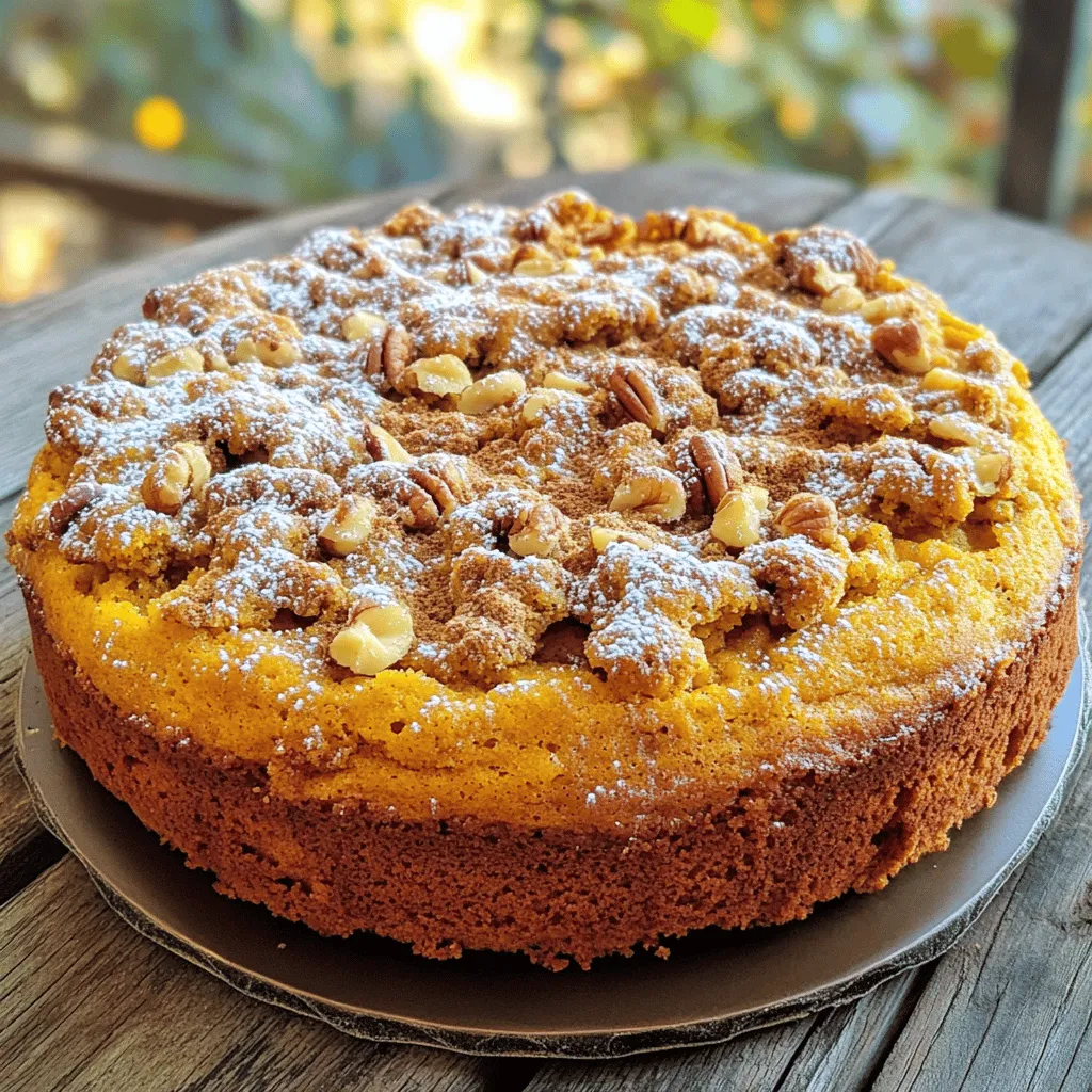 - 2 cups all-purpose flour - 1 cup canned pumpkin puree - 1/2 cup granulated sugar - 1/2 cup brown sugar, tightly packed - 1/2 cup unsalted butter, softened to room temperature - 2 large eggs - 1/2 cup sour cream - 1 teaspoon baking soda - 1 teaspoon baking powder - 2 teaspoons pumpkin spice blend (a mix of cinnamon, nutmeg, ginger, and allspice) - 1/2 teaspoon salt - 1 teaspoon vanilla extract - 1/3 cup all-purpose flour - 1/3 cup brown sugar, tightly packed - 1 teaspoon ground cinnamon - 2 tablespoons unsalted butter, melted - 1/2 cup chopped walnuts or pecans (optional) The ingredients for this cake are simple yet full of flavor. The all-purpose flour gives the cake its structure. Canned pumpkin puree adds moisture and that rich pumpkin taste. Sugar sweetens the mix, while butter keeps it tender. Eggs help bind everything, and sour cream adds a nice tang. For the spices, I love using a pumpkin spice blend. This mix of cinnamon, nutmeg, ginger, and allspice fills your kitchen with warmth. Don’t forget the baking soda and baking powder; they help the cake rise perfectly. A touch of salt balances the sweetness. Now, let’s talk about the streusel. This crunchy topping is made with flour, brown sugar, and cinnamon. It adds a nice texture on top of the soft cake. You can also add chopped nuts for extra crunch. They bring a delightful flavor that pairs well with pumpkin. Gather these ingredients, and you’re on your way to making a delicious pumpkin spice coffee cake with streusel. 1. Preheat the Oven: Start by preheating your oven to 350°F (175°C). Prepare a 9x13 inch baking pan by greasing it lightly with butter or oil. You can also line it with parchment paper for easy removal. 2. Cream Butter and Sugars: In a large bowl, use an electric mixer to cream together the softened butter, granulated sugar, and brown sugar. Mix on medium speed until the mixture is light and fluffy. This should take about 2-3 minutes. 3. Incorporate Eggs and Pumpkin: Add the eggs one at a time. Make sure each egg is fully mixed in before adding the next. After that, mix in the canned pumpkin puree and sour cream. Stir until everything is smooth and well combined. 1. Combine Dry Ingredients: In a separate bowl, whisk together the flour, baking soda, baking powder, pumpkin spice blend, and salt. Ensure these ingredients are well blended. 2. Blend Dry with Wet: Gradually add the dry mixture to the wet mixture. Use a spatula or wooden spoon to gently fold them together. Mix only until just combined. Be careful not to overmix; this keeps the cake light and fluffy. 3. Make the Streusel Topping: In a small bowl, whisk together the flour, brown sugar, and cinnamon for the streusel. Pour in the melted butter and mix with a fork until it looks like coarse crumbs. If you like, fold in chopped nuts for extra texture. 4. Assemble the Cake Layers: Pour half of the batter into the prepared baking pan, spreading it evenly. Sprinkle half of the streusel mixture over the batter. Carefully dollop the remaining batter on top and spread it gently. Finish with the last half of the streusel mixture on top. 1. Bake: Place the pan in the preheated oven. Bake for 30-35 minutes. The cake is done when a toothpick inserted into the center comes out clean or with a few moist crumbs. 2. Check for Doneness: To check if the cake is ready, stick a toothpick into the center. If it comes out clean, it’s done. If not, let it bake a bit longer. 3. Cool Before Serving: Once baked, allow the cake to cool in the pan for about 10 minutes. After that, transfer the cake to a wire rack to cool completely before slicing. Enjoy this delightful treat! - Avoiding overmixing the batter: When you mix the wet and dry ingredients, stop mixing as soon as you see no dry flour. Overmixing can make the cake tough and dense. Keep it light and gentle. - Ensuring the right oven temperature: Always preheat your oven to 350°F (175°C) before baking. An accurate temperature helps the cake rise evenly. Use an oven thermometer if unsure. - Presentation suggestions: Dust the cooled cake with powdered sugar for a charming look. A sprinkle of pumpkin spice on top adds a festive touch. - Pairing suggestions: Serve slices with whipped cream or vanilla ice cream. These creamy toppings balance the warm spices in the cake. - Alternatives for butter and sugar: You can use coconut oil instead of butter for a dairy-free option. For sugar, try using maple syrup or honey, but adjust the liquid in the recipe. - Vegan or dairy-free variations: Replace eggs with flax eggs (1 tablespoon flaxseed meal + 2.5 tablespoons water per egg). Use almond or soy milk in place of sour cream for a vegan twist. {{image_4}} You can make this cake even more fun. Adding chocolate chips gives a rich twist. You can also add spices like extra cinnamon or nutmeg for more flavor. If you want a new taste, swap the pumpkin for sweet potato. Sweet potato offers a smooth texture and a slightly different taste, but it still sings autumn. If you or someone you know is gluten-free, you can use a gluten-free flour blend. This keeps the cake soft and moist. For those looking for less sugar, try using a sugar substitute. Options like stevia or monk fruit work well and don’t change the flavor much. Make this cake fit the holidays. Add cranberries or nuts to give it a festive flair. You can also sprinkle some pumpkin seeds on top for a fun look. Using spices like cardamom or allspice can deepen those autumn flavors and make the cake special for gatherings. To keep your pumpkin spice coffee cake fresh, store it at room temperature. Use a cake dome or wrap it in plastic wrap. This method keeps the cake moist for a few days. Avoid placing it in the fridge, as cold air can make it dry. For longer storage, consider freezing your leftovers. Wrap the cake tightly in plastic wrap and then in aluminum foil. This protects it from freezer burn. You can freeze it for up to three months. When ready to enjoy, thaw it overnight in the fridge. Reheat slices in the microwave for about 15-20 seconds. This warms it nicely without drying it out. When stored properly, the cake stays fresh for about 3-4 days at room temperature. If you freeze it, the flavor and texture can last up to three months. Enjoying it sooner rather than later will give you the best taste. Can I make this coffee cake ahead of time? Yes, you can make this coffee cake ahead of time. Bake it, cool it, and store it in an airtight container. It stays fresh for a few days. You can also freeze it for longer storage. Just wrap it well before freezing. What can I use instead of pumpkin puree? If you don’t have pumpkin puree, you can use applesauce or mashed sweet potatoes. Both options give a nice flavor and moisture. Make sure to use the same amount as the pumpkin puree called for in the recipe. Why did my coffee cake come out dense? A dense coffee cake usually means you overmixed the batter. Mixing too much adds too much air, making it heavy. Always mix just until combined. It’s okay if there are a few lumps! How to fix a dry cake? If your cake is dry, you can add a bit of moisture. Try drizzling a simple syrup on top after baking. You can also serve it with whipped cream or ice cream to add some moisture. What beverages pair well with pumpkin spice coffee cake? This cake pairs well with coffee, tea, or apple cider. The warm spices in the cake go great with these drinks. For a fun twist, try it with a spiced chai latte. Can I serve this cake warm or cold? You can serve this cake warm or cold. Warm, it’s soft and cozy. Cold, it’s still delicious and easy to slice. Both ways bring out its pumpkin spice flavors! You learned how to make a delicious pumpkin spice coffee cake with simple steps. We covered the ingredients, preparation, baking process, and tips to perfect your cake. Remember to mix properly and not overbake for the best results. You can also try fun variations or adjustments to fit your taste. Enjoy this treat with friends or family. Share it when the autumn seasons come around for a warm, cozy vibe. Happy baking!