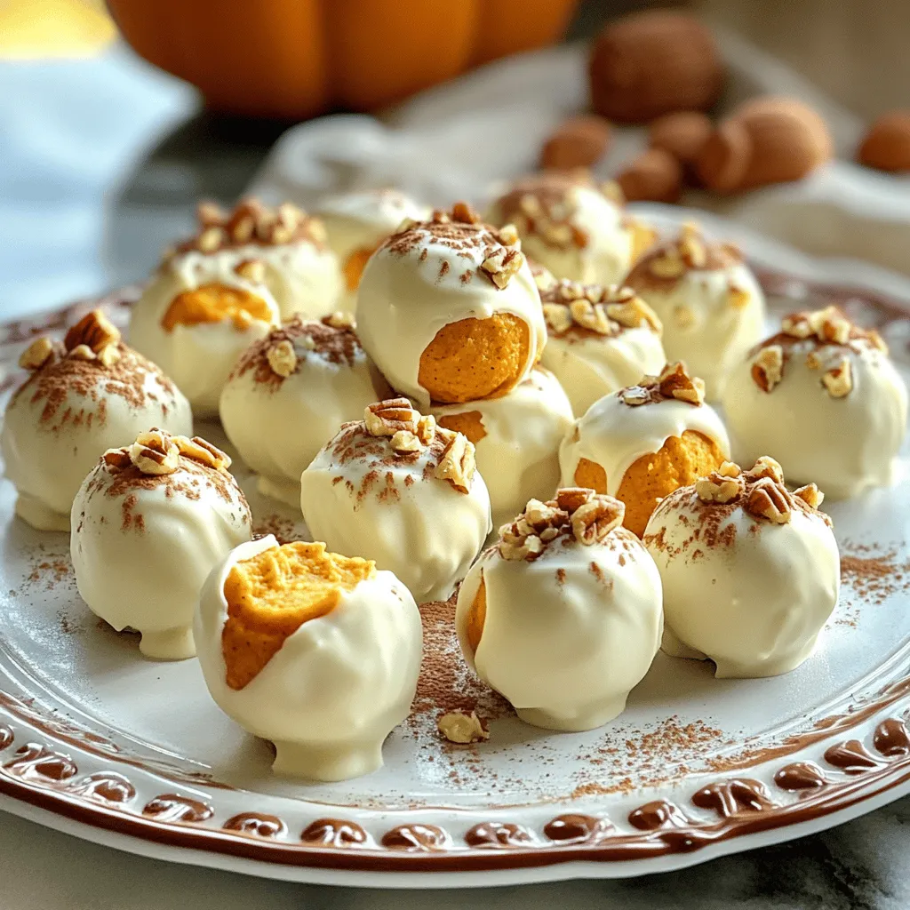 - 1 cup cream cheese, softened at room temperature - 1 cup canned pumpkin puree - 1 cup powdered sugar The main ingredients create a rich, creamy base. Cream cheese gives a smooth texture. Canned pumpkin puree adds warmth and flavor. Powdered sugar sweetens the mix, making it perfect for a treat. - 1 teaspoon vanilla extract - 1 teaspoon ground cinnamon - 1/2 teaspoon ground nutmeg - 1/4 teaspoon ground ginger These flavor enhancers make the truffles taste like fall. Vanilla extract brings a sweet note. Ground cinnamon adds warmth, while nutmeg and ginger give a spicy kick. Mixing these spices elevates the truffles to a new level. - 2 cups graham cracker crumbs - 1 cup white chocolate chips, melted - Crushed pecans or walnuts (optional) The coating creates a lovely crunch. Graham cracker crumbs mimic a cheesecake crust. Dipping the truffles in melted white chocolate adds sweetness. If you like, rolling them in crushed nuts gives extra texture. It's a fun way to finish the truffles. Start by mixing the cream cheese and pumpkin. Place one cup of softened cream cheese into a large bowl. Add one cup of canned pumpkin puree. Use a hand mixer and beat the mix on medium speed. Continue until it becomes smooth and creamy, with no lumps. Next, gradually add the powdered sugar. Sprinkle it in slowly while mixing. This helps blend it well. Keep beating until the mixture is silky and fully combined. Now, it’s time to add some flavor. Pour in one teaspoon of vanilla extract. Then, add one teaspoon of ground cinnamon, half a teaspoon of nutmeg, and a quarter teaspoon of ground ginger. Mix well. This step brings warmth and depth to the truffles. After that, fold in the graham cracker crumbs. Use a spatula or wooden spoon for this. Gently combine until you reach a dough-like texture. It should hold together nicely. Now, let’s shape the truffles. Use a small cookie scoop or your hands. Form the mixture into balls that are about one inch in diameter. Place each ball on a parchment-lined baking sheet. Make sure to leave space between each one. Next, refrigerate the truffles for at least 30 minutes. This helps them firm up. A cold mixture is easier to handle and shape. Once the truffles are chilled, it’s time to coat them. Start by melting one cup of white chocolate chips in a microwave or double boiler. Dip each truffle into the melted chocolate. Let any excess chocolate drip off before moving to the next step. If you want extra crunch, roll each truffle in crushed pecans or walnuts. This adds a nice texture and flavor. Finally, place the coated truffles back on the baking sheet. Return them to the fridge for 10 to 15 more minutes, until the chocolate sets completely. To make perfect truffles, avoid lumps in the mixture. Start with softened cream cheese and canned pumpkin. Use a hand mixer to blend them until smooth. This process will help you get a creamy base. Next, when adding the powdered sugar, do it slowly. This step helps to blend everything well. Beat the mixture after each addition. You want it silky, not gritty. For the right consistency, fold in the graham cracker crumbs gently. Use a spatula or a wooden spoon. The mixture should be thick enough to hold its shape. If it feels too wet, add more crumbs. For serving, arrange truffles on a pretty platter. Drizzle some melted white chocolate over the top for style. This makes the truffles look fancy and fun. A light sprinkle of cinnamon adds an autumn touch. To enhance flavor, consider adding a pinch of sea salt. This little trick boosts the sweetness and adds depth. You can also use colorful paper liners for fun and easy serving. One big mistake is not chilling the mixture. Chilling makes the truffles firm and easy to handle. Always refrigerate them for at least 30 minutes before dipping. Another common error is overcoating with chocolate. Dip each truffle quickly in melted white chocolate. Let the excess chocolate drip off. You want a thin layer that shows the truffle inside. {{image_4}} You can change the flavor of your truffles easily. Add flavored extracts for a new twist. Almond extract brings a nutty taste, while maple gives sweetness. You can also try different spices. Cinnamon is great, but you can use cardamom or allspice for fun. Each change adds unique flavor to your truffles. If you need gluten-free truffles, use gluten-free graham cracker crumbs. Many brands offer these. For vegan options, replace cream cheese with dairy-free cream cheese. Use coconut cream instead for a rich base. Substitute white chocolate chips with dairy-free chocolate chips for a fully vegan treat. You can make these truffles festive too! Add toppings like crushed candy canes for Christmas. In fall, sprinkle with pumpkin spice or drizzle caramel on top. Mix in dried fruits or coconut for texture. These fun additions make your truffles perfect for any holiday or season. To keep your no-bake pumpkin cheesecake truffles fresh, store them in the refrigerator. Place them in an airtight container. This helps to prevent them from drying out. If you want to save them for later, you can freeze them. Wrap each truffle in plastic wrap. Then, place them in a zip-top bag. This keeps air out and helps maintain their flavor. When you store these truffles properly, they last for about one week in the fridge. If you freeze them, they can last up to three months. Just remember to label the container with the date you made them. This way, you know when to enjoy them at their best. To thaw frozen truffles, take them out of the freezer. Leave them in the fridge for a few hours or overnight. This method helps them retain their texture. Avoid microwaving them, as it can make them too soft. Enjoy the truffles chilled for the best taste! No-bake pumpkin cheesecake truffles last about 1 week in the fridge. If left at room temperature, they can sit for about 2 hours before they spoil. Always store them in an airtight container. This keeps them fresh and tasty. Yes, you can make these truffles ahead of time. Prepare them up to a week in advance. Just store them in the fridge until you are ready to serve. They taste great after a day or two, as the flavors blend nicely. You can use mascarpone cheese or Greek yogurt as a substitute for cream cheese. Both options will give a nice creamy texture. If you prefer a lighter flavor, use Greek yogurt. Just remember to adjust the sweetness if needed. To make these truffles dairy-free, substitute cream cheese with vegan cream cheese. Use coconut cream for a rich texture. You can also replace white chocolate with dairy-free chocolate chips. This way, everyone can enjoy these tasty treats! These no-bake pumpkin cheesecake truffles are easy to make and delicious. We covered the key ingredients like cream cheese and pumpkin puree. You learned how to mix, shape, and coat your truffles. Remember to chill them well before serving. Variations let you explore different flavors and dietary needs. Store them properly to keep them fresh longer. Enjoy creating these tasty treats for any occasion!