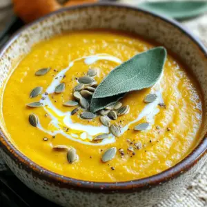 - 1 large butternut squash, peeled, seeded, and cut into 1-inch cubes - 1 medium onion, finely chopped - 2 cloves garlic, minced - 3 cups vegetable broth (preferably low-sodium) - 1 cup full-fat coconut milk (for a richer texture) - 1 tablespoon fresh sage, finely chopped (or 1 teaspoon dried sage) The butternut squash gives the soup a sweet and creamy base. Onions add depth, while garlic brings in warmth. Vegetable broth is key for flavor, and coconut milk adds richness. Fresh sage gives a lovely herbal note, and dried sage works well too. - 1 teaspoon ground cumin for warmth and depth - Salt and black pepper to taste - 2 tablespoons extra-virgin olive oil Ground cumin adds a warm flavor that complements the squash. Salt and black pepper enhance all the tastes. Extra-virgin olive oil helps to sauté the vegetables, adding a nice richness. - Toasted pumpkin seeds - Fresh sage sprigs Toasted pumpkin seeds add crunch and texture. Fresh sage sprigs make the soup look beautiful and add extra flavor. These garnishes elevate your dish, making it more special and inviting. How do you cube butternut squash? Start by peeling the squash. Use a sharp knife for safety. Cut off both ends first. Then, slice it in half lengthwise. Scoop out the seeds with a spoon. Finally, cut it into long strips, then into 1-inch cubes. Next, let's chop the onion and mince the garlic. For the onion, slice it in half, peel it, and chop it finely. For the garlic, take two cloves, peel them, and finely mince. This adds great flavor to the soup. Now, combine all the vegetables and seasonings in your slow cooker. Add the cubed butternut squash, chopped onion, and minced garlic. Drizzle two tablespoons of extra-virgin olive oil over the mix. Olive oil helps the flavors blend well. Next, sprinkle in one teaspoon of ground cumin. This spice gives warmth and depth to the soup. Add salt and black pepper to taste. Toss everything gently for even coating. Now it’s time to set your slow cooker. You can choose low heat for 6-8 hours or high heat for 4-5 hours. The soup is ready when the butternut squash is tender. Use a fork to check this. If it pierces easily, your soup is done. Once cooking is complete, it's time to blend the soup. I recommend using an immersion blender. It’s easy and keeps it all in one pot. If you use a traditional blender, be careful when transferring hot soup. Blend until you reach a smooth texture. Now, stir in one cup of full-fat coconut milk for a rich finish. Mix it well until combined. Taste your soup and adjust the seasonings. Add more salt or black pepper if needed. This final touch elevates your dish beautifully. To boost the sage flavor, add it early in the cooking. Fresh sage gives a bright taste. You could also try mixing in thyme or rosemary for variety. If you love heat, a pinch of red pepper flakes can add some kick. For the perfect creamy soup, use full-fat coconut milk. It gives a rich texture that blends well. An immersion blender works great for smoothness. If you use a regular blender, allow the soup to cool slightly to avoid splatters. Serve your soup in nice bowls for a warm feel. Drizzle coconut milk on top for a pretty swirl. Sprinkle toasted pumpkin seeds for crunch and color. Finish with a fresh sage leaf for a pop of green. These touches really elevate your dish! {{image_4}} You can swap the butternut squash for other types of squash, like acorn or pumpkin. Each will add its unique taste and texture. For a creamier soup, you can use sweet potatoes. If you need dairy-free options, try almond milk or oat milk instead of coconut milk. These alternatives will keep the soup rich without dairy. You can also add a scoop of nut butter for extra creaminess. To change the flavor, add warm spices like nutmeg or cinnamon. These spices can bring a cozy warmth that pairs well with the squash. You can also try using other herbs, like thyme or rosemary. These will add depth and a new layer of taste. Just remember to adjust the amount so it does not overpower the sage. Pair the soup with crusty bread or a fresh green salad. This makes for a complete meal that is both filling and satisfying. To add protein, consider topping the soup with roasted chickpeas or grilled chicken. This will boost the meal's heartiness and keep you full longer. Enjoy experimenting with these variations! To store your butternut sage soup, let it cool first. Pour the soup into an airtight container. This keeps the soup fresh and tasty. In the fridge, it lasts about 4-5 days. Make sure to label the container with the date. This way, you know when to eat it! Freezing butternut sage soup is easy. Let the soup cool down completely. Then, pour it into freezer-safe bags or containers. Leave some space at the top for expansion. The soup can stay good in the freezer for up to three months. When you're ready to eat, take it out and thaw it overnight in the fridge. To reheat, warm it on the stove or in the microwave. Stir it well to get the heat even. You can get creative with leftover soup. Try using it as a sauce for pasta. It also works well as a flavorful base for risotto. Another idea is to mix it with grains for a hearty salad. Adding some cooked chicken or beans makes it a full meal. You can also blend it into a smoothie for a unique drink! The prep time for this soup is about 15 minutes. After that, you need to let it cook. If you use low heat, it takes 6 to 8 hours. If you choose high heat, it cooks in 4 to 5 hours. The soup is done when the butternut squash is tender. You can check this by piercing it with a fork. Yes, you can make this soup vegan. To do this, use vegetable broth and coconut milk, which are both dairy-free. Avoid any ingredients that have animal products. This way, you can enjoy a creamy soup without dairy. You can serve this soup with many sides. Some good options are crusty bread, a fresh salad, or roasted vegetables. You can also pair it with a warm sandwich. These sides make a great meal together. You can use canned butternut squash instead of fresh. If you do, adjust the cooking time. Canned squash is already soft. So, you only need to heat it through. Add it in the last hour of cooking. This way, it won’t become too mushy. Yes, you can make this soup on the stovetop or in the oven. For the stovetop, cook the soup in a large pot. Bring it to a boil, then let it simmer for about 30 to 40 minutes. For the oven, roast the vegetables first, then blend them with broth. Both methods will give you a tasty soup. This blog post covered all the key steps to make butternut sage soup. You learned about the main ingredients like butternut squash and sage, plus how to prepare them. I shared tips for enhancing the soup's flavor and different variations to try. Proper storage methods help keep leftovers fresh too. With these insights, you can enjoy this warm dish again and again. Embrace your creativity in the kitchen, and don’t hesitate to make this soup your own. Your next bowl of comfort is just a recipe away!