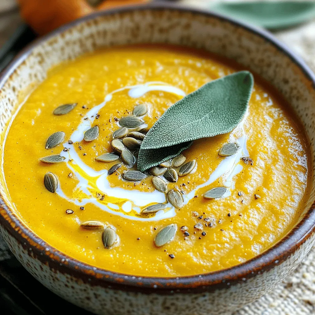 - 1 large butternut squash, peeled, seeded, and cut into 1-inch cubes - 1 medium onion, finely chopped - 2 cloves garlic, minced - 3 cups vegetable broth (preferably low-sodium) - 1 cup full-fat coconut milk (for a richer texture) - 1 tablespoon fresh sage, finely chopped (or 1 teaspoon dried sage) The butternut squash gives the soup a sweet and creamy base. Onions add depth, while garlic brings in warmth. Vegetable broth is key for flavor, and coconut milk adds richness. Fresh sage gives a lovely herbal note, and dried sage works well too. - 1 teaspoon ground cumin for warmth and depth - Salt and black pepper to taste - 2 tablespoons extra-virgin olive oil Ground cumin adds a warm flavor that complements the squash. Salt and black pepper enhance all the tastes. Extra-virgin olive oil helps to sauté the vegetables, adding a nice richness. - Toasted pumpkin seeds - Fresh sage sprigs Toasted pumpkin seeds add crunch and texture. Fresh sage sprigs make the soup look beautiful and add extra flavor. These garnishes elevate your dish, making it more special and inviting. How do you cube butternut squash? Start by peeling the squash. Use a sharp knife for safety. Cut off both ends first. Then, slice it in half lengthwise. Scoop out the seeds with a spoon. Finally, cut it into long strips, then into 1-inch cubes. Next, let's chop the onion and mince the garlic. For the onion, slice it in half, peel it, and chop it finely. For the garlic, take two cloves, peel them, and finely mince. This adds great flavor to the soup. Now, combine all the vegetables and seasonings in your slow cooker. Add the cubed butternut squash, chopped onion, and minced garlic. Drizzle two tablespoons of extra-virgin olive oil over the mix. Olive oil helps the flavors blend well. Next, sprinkle in one teaspoon of ground cumin. This spice gives warmth and depth to the soup. Add salt and black pepper to taste. Toss everything gently for even coating. Now it’s time to set your slow cooker. You can choose low heat for 6-8 hours or high heat for 4-5 hours. The soup is ready when the butternut squash is tender. Use a fork to check this. If it pierces easily, your soup is done. Once cooking is complete, it's time to blend the soup. I recommend using an immersion blender. It’s easy and keeps it all in one pot. If you use a traditional blender, be careful when transferring hot soup. Blend until you reach a smooth texture. Now, stir in one cup of full-fat coconut milk for a rich finish. Mix it well until combined. Taste your soup and adjust the seasonings. Add more salt or black pepper if needed. This final touch elevates your dish beautifully. To boost the sage flavor, add it early in the cooking. Fresh sage gives a bright taste. You could also try mixing in thyme or rosemary for variety. If you love heat, a pinch of red pepper flakes can add some kick. For the perfect creamy soup, use full-fat coconut milk. It gives a rich texture that blends well. An immersion blender works great for smoothness. If you use a regular blender, allow the soup to cool slightly to avoid splatters. Serve your soup in nice bowls for a warm feel. Drizzle coconut milk on top for a pretty swirl. Sprinkle toasted pumpkin seeds for crunch and color. Finish with a fresh sage leaf for a pop of green. These touches really elevate your dish! {{image_4}} You can swap the butternut squash for other types of squash, like acorn or pumpkin. Each will add its unique taste and texture. For a creamier soup, you can use sweet potatoes. If you need dairy-free options, try almond milk or oat milk instead of coconut milk. These alternatives will keep the soup rich without dairy. You can also add a scoop of nut butter for extra creaminess. To change the flavor, add warm spices like nutmeg or cinnamon. These spices can bring a cozy warmth that pairs well with the squash. You can also try using other herbs, like thyme or rosemary. These will add depth and a new layer of taste. Just remember to adjust the amount so it does not overpower the sage. Pair the soup with crusty bread or a fresh green salad. This makes for a complete meal that is both filling and satisfying. To add protein, consider topping the soup with roasted chickpeas or grilled chicken. This will boost the meal's heartiness and keep you full longer. Enjoy experimenting with these variations! To store your butternut sage soup, let it cool first. Pour the soup into an airtight container. This keeps the soup fresh and tasty. In the fridge, it lasts about 4-5 days. Make sure to label the container with the date. This way, you know when to eat it! Freezing butternut sage soup is easy. Let the soup cool down completely. Then, pour it into freezer-safe bags or containers. Leave some space at the top for expansion. The soup can stay good in the freezer for up to three months. When you're ready to eat, take it out and thaw it overnight in the fridge. To reheat, warm it on the stove or in the microwave. Stir it well to get the heat even. You can get creative with leftover soup. Try using it as a sauce for pasta. It also works well as a flavorful base for risotto. Another idea is to mix it with grains for a hearty salad. Adding some cooked chicken or beans makes it a full meal. You can also blend it into a smoothie for a unique drink! The prep time for this soup is about 15 minutes. After that, you need to let it cook. If you use low heat, it takes 6 to 8 hours. If you choose high heat, it cooks in 4 to 5 hours. The soup is done when the butternut squash is tender. You can check this by piercing it with a fork. Yes, you can make this soup vegan. To do this, use vegetable broth and coconut milk, which are both dairy-free. Avoid any ingredients that have animal products. This way, you can enjoy a creamy soup without dairy. You can serve this soup with many sides. Some good options are crusty bread, a fresh salad, or roasted vegetables. You can also pair it with a warm sandwich. These sides make a great meal together. You can use canned butternut squash instead of fresh. If you do, adjust the cooking time. Canned squash is already soft. So, you only need to heat it through. Add it in the last hour of cooking. This way, it won’t become too mushy. Yes, you can make this soup on the stovetop or in the oven. For the stovetop, cook the soup in a large pot. Bring it to a boil, then let it simmer for about 30 to 40 minutes. For the oven, roast the vegetables first, then blend them with broth. Both methods will give you a tasty soup. This blog post covered all the key steps to make butternut sage soup. You learned about the main ingredients like butternut squash and sage, plus how to prepare them. I shared tips for enhancing the soup's flavor and different variations to try. Proper storage methods help keep leftovers fresh too. With these insights, you can enjoy this warm dish again and again. Embrace your creativity in the kitchen, and don’t hesitate to make this soup your own. Your next bowl of comfort is just a recipe away!