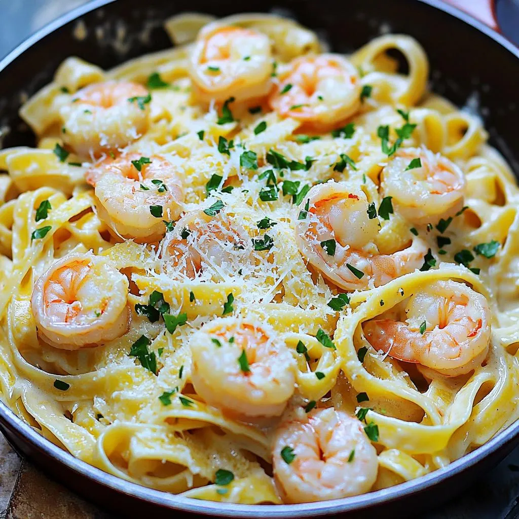To make skillet garlic butter shrimp Alfredo, you need a few key items. Here's a complete list of ingredients you'll need: - 8 oz fettuccine pasta - 1 lb large shrimp, peeled and deveined - 4 tablespoons unsalted butter, divided - 4 cloves garlic, finely minced - 1 cup heavy cream - 1 cup freshly grated Parmesan cheese - 1 teaspoon Italian seasoning - Salt and freshly ground black pepper to taste - Fresh parsley, chopped, for garnish Each ingredient plays a vital role in creating a rich and creamy dish. The fettuccine pasta serves as a perfect base, holding the sauce well. Large shrimp add a sweet and savory flavor, while unsalted butter enhances the richness. Garlic is key for a fragrant aroma and taste. Heavy cream makes the sauce rich and creamy, and Parmesan cheese adds depth. Italian seasoning gives that classic Italian flair, and salt and pepper round out the flavors. Finally, fresh parsley adds a touch of color and brightness to your dish. First, grab a large pot and bring salted water to a rolling boil. This step is key for flavor. Add 8 ounces of fettuccine pasta to the boiling water. Cook the pasta until it is al dente, which means it should still have a bit of firmness. This usually takes about 8 to 10 minutes. When done, save ½ cup of the starchy pasta water. This water helps thicken the sauce later. Drain the pasta in a colander and set it aside. Now, it's time to bring some flavor. Heat a large skillet over medium heat. Add 2 tablespoons of unsalted butter and let it melt until it bubbles. Once the butter is ready, add 4 cloves of finely minced garlic. Sauté the garlic for about 1 minute. Keep an eye on it; you want it fragrant but not browned. This will build the base flavor for your dish. Next, add 1 pound of peeled and deveined shrimp to the skillet. Place the shrimp in a single layer for even cooking. Cook them for about 2 to 3 minutes on each side. Pay attention as the shrimp turn pink and opaque. This means they are done. While cooking, season the shrimp with salt, pepper, and 1 teaspoon of Italian seasoning. Once cooked through, transfer the shrimp to a plate and set aside. In the same skillet, pour in 1 cup of heavy cream. Bring the cream to a gentle simmer over medium-low heat. Stir in the remaining 2 tablespoons of butter along with 1 cup of freshly grated Parmesan cheese. Stir continuously until the cheese melts and the sauce thickens slightly. This creamy sauce is the star of your dish. Now, add the cooked fettuccine directly into the skillet with the Alfredo sauce. Toss the pasta gently to coat it well in the sauce. If the sauce looks too thick, use the reserved pasta water. Add it a few tablespoons at a time until you reach the creamy consistency you like. Return the cooked shrimp to the skillet, gently folding them into the pasta and sauce. Heat everything together for about another minute. This warms the shrimp through. Give the dish a taste and adjust the seasoning with extra salt and pepper if needed. To finish, plate the creamy shrimp Alfredo and garnish with freshly chopped parsley. This adds a nice pop of color and flavor to your meal. To make a great Alfredo sauce, reserving pasta water is key. This starchy water helps the sauce cling to the pasta. It also adds a nice creaminess that makes the dish shine. When you drain your fettuccine, remember to scoop out about half a cup of that water before you toss the pasta. To avoid a gritty sauce, make sure your heat is low when adding cheese. Stir the cheese gently until it melts. If you rush this, you may end up with lumps. No one wants a lumpy sauce in their meal! When cooking shrimp, keep these best practices in mind. Use fresh, high-quality shrimp for the best flavor. Make sure they are peeled and deveined before cooking. This will save you time and make eating easier. Avoid overcooking shrimp by keeping an eye on the color. They should turn pink and opaque. Cooking them for about 2-3 minutes on each side usually does the trick. If they curl up tightly, they are overcooked. For a nice twist, try adding lemon zest as a garnish. It adds a fresh flavor that complements the richness of the sauce. You can also sprinkle some extra Parmesan on top for added taste. As for side dishes, a simple green salad or garlic bread pairs well. These options balance the meal and add a nice crunch. Enjoy your Skillet Garlic Butter Shrimp Alfredo with these tasty sides! {{image_4}} You can easily change the pasta type in this dish. If you want something different, try penne or spaghetti. Each type gives a new twist to your meal. For the seafood, shrimp is great, but you can swap it for scallops or crab. These options will still keep your dish rich and tasty. If you want a lighter version, you can use lower-calorie cream substitutes. Options like half-and-half or Greek yogurt work well. They help cut calories without losing flavor. Adding vegetables is another smart way to boost nutrition. Consider spinach, broccoli, or bell peppers. These veggies add color and taste while making the dish healthier. To make your dish more exciting, try different herbs and spices. Fresh basil, thyme, or even a pinch of oregano can add a nice touch. If you love some heat, sprinkle in red pepper flakes. They add warmth that pairs well with the creamy sauce. Adjust the amount to fit your taste. To store leftovers, let the dish cool to room temperature. Place the shrimp Alfredo in an airtight container. This helps keep the flavors fresh. Use a container that fits the amount you have. Glass or plastic containers work well. The best method to reheat pasta is on the stove. Place the Alfredo in a skillet over low heat. Add a splash of water or cream to keep it moist. Stir gently to warm it without burning. This helps avoid a dry or clumpy texture. Yes, you can freeze Alfredo shrimp pasta. However, the sauce may change texture when thawed. To freeze, let it cool completely. Use a freezer-safe container and leave space for expansion. For thawing, place it in the fridge overnight before reheating. This keeps the dish tasty. It takes about 30 minutes to make this dish. You spend 10 minutes prepping and 20 minutes cooking. First, boil the pasta. While it cooks, sauté the garlic and shrimp. Then, make the sauce and combine everything. You can make this dish ahead, but it’s best fresh. If you store it, keep it in an airtight container in the fridge for up to two days. To reheat, warm it gently in a skillet. Add a splash of water or cream to keep it creamy. This dish pairs well with a simple green salad or garlic bread. You can also serve steamed vegetables or roasted asparagus on the side. These sides add color and nutrition to your meal. To make this dish gluten-free, use gluten-free fettuccine. Many brands offer great options. Check the cooking time, as it may vary from regular pasta. Always look for gluten-free labels on the package. If you want a lighter sauce, you can use half-and-half or whole milk. For a dairy-free option, try coconut milk or cashew cream. These alternatives will change the flavor slightly but still taste great. This blog post covered all you need for a delicious Skillet Garlic Butter Shrimp Alfredo. We explored essential ingredients, step-by-step cooking instructions, tips for the perfect sauce, and variations to enhance flavor. Remember, cooking shrimp takes care to prevent overcooking. Feel free to swap ingredients or add veggies for a healthier dish. With proper storage and easy reheating methods, you can enjoy leftovers too. Now, you can impress your family or friends with this tasty meal. Happy cooking!
