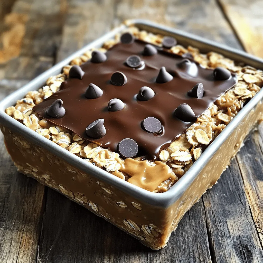 To make these tasty bars, you need: - 2 cups rolled oats - 1 cup creamy peanut butter - 1/2 cup honey or maple syrup - 1/2 cup dark chocolate chips - 1/2 teaspoon vanilla extract - A pinch of salt These ingredients create a smooth, chewy, and rich bar. The oats provide a good base, while the peanut butter adds creaminess. Honey or maple syrup brings sweetness and binds everything. Dark chocolate chips give a nice touch of flavor. You can boost your bars with: - 1/4 cup chia seeds Chia seeds are optional, but they add fiber and healthy fats. They help keep you full and add a bit of crunch. You can also try adding nuts or seeds for extra texture. If you have dietary needs, here are some swaps: - Use almond butter or sunflower seed butter instead of peanut butter for nut-free options. - Replace honey with agave syrup to make it vegan. - Use gluten-free oats if you need a gluten-free recipe. These substitutions keep the bars delicious while fitting your diet. You can enjoy these bars no matter your needs! Start by lining an 8x8 inch square baking pan with parchment paper. Make sure to leave some paper hanging over the edges. This helps to lift the bars out later. It is a simple step, but it makes a big difference. In a large mixing bowl, add 2 cups of rolled oats. If you want, you can include 1/4 cup of chia seeds for extra nutrition. Add a pinch of salt to enhance the flavor. Stir everything together until it is evenly mixed. In a small saucepan, add 1 cup of creamy peanut butter and 1/2 cup of honey. You can also use maple syrup if you prefer. Heat this mixture over low heat. Stir it often until it melts and becomes smooth. Once it’s ready, take it off the heat and add 1/2 teaspoon of vanilla extract. Mix it well. Pour the warm peanut butter mixture over the dry oat mixture. Now, add in 1/2 cup of dark chocolate chips. Mix everything together until the oats are fully coated. Make sure all ingredients blend well. Transfer the mixture into the baking pan. Use a spatula or your hands to press it down firmly into an even layer. This helps the bars hold their shape. While the mixture is still warm, sprinkle more chocolate chips on top. Gently press them down so they stick. Place the pan in the fridge. Let it chill for at least 2 hours. This helps the bars firm up. Once they are set, use the parchment paper to lift the bars out of the pan. Cut them into squares or rectangles. Enjoy your tasty no-bake bars! To get the best texture, mix the oats, peanut butter, and honey carefully. Use creamy peanut butter for a smooth mix. If you want a chewy bite, add chia seeds. Let the mixture cool a little before pressing it into the pan. This helps keep it from being too sticky. For neat cuts, chill the bars well. After two hours, lift the bars out with the parchment paper. Use a sharp knife to cut them. Wipe the knife with a damp cloth after each cut. This keeps the edges clean and pretty. Store the bars in an airtight container in the fridge. They stay fresh for about a week. For longer storage, wrap them in plastic, then foil, and freeze. To enjoy later, just thaw them in the fridge overnight. {{image_4}} You can boost the flavor of these bars with fun add-ins. Consider adding: - 1/2 cup of dried fruit like cranberries or raisins. - 1/2 cup of chopped nuts, such as almonds or walnuts. - 1/4 cup of shredded coconut for extra texture. These add-ins can make your bars even more exciting. Mix and match to find your favorite combo! If you want a healthier sweetener, try these options: - Use agave syrup instead of honey. - Choose date syrup for a low-glycemic choice. - Replace sweeteners with mashed bananas for natural sweetness. These alternatives can change the flavor and health profile of your bars. Swapping ingredients can create new flavors. Here are some ideas: - Use almond butter instead of peanut butter for a nutty twist. - Try milk chocolate chips if you prefer a sweeter taste. - Dark chocolate can be replaced with white chocolate for a creamy version. Experiment with these substitutions to find what you love best! To store your leftover No-Bake Chocolate Peanut Butter Oat Bars, place them in an airtight container. Make sure the bars are completely cool before you cover them. This helps keep them fresh longer. You can also layer parchment paper between the bars. This prevents them from sticking together. If you want to save some for later, freezing is a great option! Wrap each bar tightly in plastic wrap. Then, place them in a freezer-safe bag or container. They will keep well for up to three months. When you’re ready to eat, just thaw them in the fridge overnight. These bars can last about a week in the fridge. Keep an eye out for any changes. If you see mold or an off smell, it’s time to toss them. You may also notice the chocolate may bloom, which looks like a white coating. It’s safe to eat but not as pretty. Yes, you can use other nut butters! Almond butter or cashew butter work great. Each nut butter adds its unique flavor. Just make sure it’s creamy for the right texture. The bars are set when they feel firm to the touch. After chilling for at least two hours, they should hold their shape. If they still feel soft, give them more time in the fridge. Yes, these bars are gluten-free if you use certified gluten-free oats. Check the label to ensure no gluten cross-contamination. This makes them safe for those with gluten sensitivities. Absolutely! To make the bars vegan, use maple syrup instead of honey. Both peanut butter and chocolate chips can be vegan, so read labels for dairy-free options. You can use maple syrup or agave nectar as a substitute for honey. Both options add sweetness while keeping the bars sticky. Choose what fits your taste and needs best. No-bake bars are easy to make and fun to customize. You can use various ingredients to fit your diet or tastes. I shared steps for preparation, mixing, and storage. With tips on texture and cutting, your bars will impress. Feel free to try different flavors and sweeteners to find what you love. These bars are great for snacks, meals, or treats. Experiment, enjoy, and make your own delicious versions!