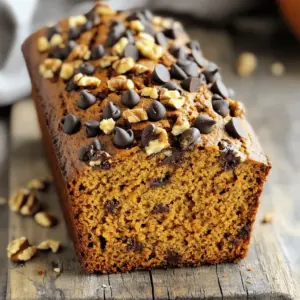 To make this delicious bread, you need some key ingredients: - 1 cup pumpkin puree (canned or homemade) - 1/2 cup vegetable oil - 1 cup granulated sugar - 1/3 cup brown sugar, packed - 2 large eggs - 1 teaspoon vanilla extract - 1 1/2 cups all-purpose flour - 1 teaspoon baking soda - 1 teaspoon baking powder - 1 teaspoon ground cinnamon - 1/2 teaspoon ground nutmeg - 1/4 teaspoon ground ginger - 1/2 teaspoon salt - 1 cup semi-sweet chocolate chips These ingredients create a moist, sweet bread with rich pumpkin flavor and chocolate goodness. To give your bread a twist, consider adding: - 1/2 cup chopped walnuts - Dried cranberries or raisins - A sprinkle of sea salt on top These additions can enhance the taste and texture of your bread. If you need swaps, here are a few options: - Use applesauce instead of oil for less fat. - Choose brown sugar for a richer taste. - Substitute gluten-free flour for a gluten-free option. These swaps keep the essence of the bread while catering to different needs. Start by preheating your oven to 350°F (175°C). This step is key for even baking. Next, grab a 9x5 inch loaf pan. You can grease and flour it, or use parchment paper. Parchment paper helps with easy removal later. In a large bowl, add the pumpkin puree, vegetable oil, granulated sugar, and brown sugar. Crack in the two large eggs and pour in the vanilla extract. Use a whisk to blend until smooth. This mix will give your bread its moist texture. In a separate bowl, sift together the all-purpose flour, baking soda, baking powder, and spices. This includes cinnamon, nutmeg, ginger, and salt. Sifting helps remove lumps. Gradually add the dry mix to the wet ingredients. Use a spatula to fold gently until just combined. It’s okay if there are a few lumps. Once your batter is ready, fold in the chocolate chips and walnuts if you’re using them. Transfer the batter to your prepared loaf pan. Smooth the top with a spatula. Place the pan in your oven and bake for 55-65 minutes. To check if it’s done, insert a toothpick into the center. It should come out clean or with a few crumbs. Let it cool in the pan for 10 minutes, then move it to a wire rack to cool completely. To get a soft and moist loaf, I recommend these steps. First, use fresh pumpkin puree. It adds flavor and moisture. If you use canned puree, choose a brand without additives. Next, do not overmix the batter. Gently fold the wet and dry ingredients together. A few lumps are okay. This keeps the bread light and fluffy. Lastly, check for doneness early. Each oven is different, so start checking at 55 minutes. The toothpick should come out clean or with a few moist crumbs. Measuring ingredients correctly makes a big difference. For dry ingredients like flour, use a spoon to scoop it into a measuring cup. Then, level it off with a knife. Do not pack the flour down; this can add too much. For liquids, use a clear liquid measuring cup. Check the measurement at eye level for accuracy. When using brown sugar, make sure to pack it tightly into the cup. This ensures you get the right amount of sweetness. To keep your chocolate chip pumpkin bread fresh, store it in an airtight container. It stays moist for up to four days at room temperature. If you want to keep it longer, freeze it. Wrap it tightly in plastic wrap and then in foil. It can last for up to three months in the freezer. When you’re ready to eat it, thaw it in the fridge overnight. To enjoy it warm, heat slices in the microwave for about 10-15 seconds. This brings back that fresh-baked taste! {{image_4}} You can make gluten-free chocolate chip pumpkin bread easily. Use gluten-free all-purpose flour instead of regular flour. Most brands work well, but check for a blend that contains xanthan gum. This helps the bread rise and stay together. The texture may change a bit, but it will still taste great! Mixing in nuts or seeds can make your bread more fun. Try adding chopped pecans, hazelnuts, or almonds. You can also use sunflower seeds or pumpkin seeds for a crunchy bite. Just remember to keep the total amount to about half a cup. This way, the chocolate and pumpkin flavors shine through. To make this bread vegan, swap out the eggs. Use 1/4 cup of applesauce for each egg. You can also use flax eggs. To make a flax egg, mix one tablespoon of ground flaxseed with three tablespoons of water. Let it sit for five minutes to thicken. Use plant-based oil instead of vegetable oil if you prefer. With these simple changes, you can enjoy a delicious vegan treat! To keep your chocolate chip pumpkin bread fresh, wrap it tightly. Use plastic wrap or aluminum foil. Store it in an airtight container at room temperature. This way, it can stay soft and moist for up to three days. If you live in a humid area, the fridge may be best. Just remember, the bread can dry out in the fridge. You can freeze chocolate chip pumpkin bread for later. First, let it cool completely. Then, slice the bread for easy serving. Wrap each slice in plastic wrap and place them in a freezer bag. This helps keep them fresh. The bread can last up to three months in the freezer. When you’re ready to eat, take out a slice and thaw it at room temperature. For that fresh-out-of-the-oven taste, reheat slices in the oven. Preheat your oven to 350°F (175°C). Place the slices on a baking sheet. Heat for about 10 minutes. You can also use the microwave. Heat each slice for 15-20 seconds. Keep an eye on it to avoid drying out. Add a pat of butter before serving for a rich flavor. To make pumpkin puree, start with a small pumpkin. Cut it in half and scoop out the seeds. Place the halves cut-side down on a baking sheet. Bake at 350°F for about 45 minutes. After it cools, scoop out the flesh and blend until smooth. You can also use canned pumpkin. Just make sure it is pure pumpkin, not pie filling. Yes, you can use different types of chocolate. Dark chocolate or milk chocolate chips work well. You can even chop up a chocolate bar for a chunkier texture. If you want a sweeter bread, go for milk chocolate. For a richer taste, dark chocolate is a great choice. Chocolate chip pumpkin bread can last up to five days at room temperature. Store it in an airtight container. If you want it to last longer, you can freeze it. Wrapped tightly, it keeps well for up to three months. Just remember to let it thaw before serving. Absolutely! You can add spices like allspice, cloves, or cardamom. These spices add warmth and depth to the bread. Consider using pumpkin pie spice as a blend for a fun twist. Just keep the total spice amount similar to the original recipe to maintain flavor balance. This blog post showed you how to make chocolate chip pumpkin bread. We covered the key ingredients, step-by-step instructions, and tips for the perfect texture. I shared useful storage info and fun variations like gluten-free and vegan options. Enjoying this recipe is simple. With the right steps, you can bake a treat everyone loves. Now, you can impress friends and family with your baking skills. Happy baking!