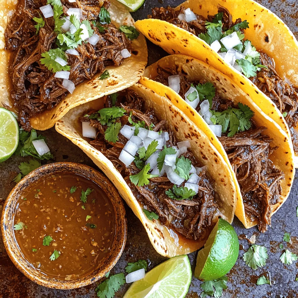 To make Birria beef tacos, you need key ingredients that build flavor and texture. Here’s what you’ll need: - 2 lbs beef chuck roast - 3 dried guajillo chiles, stemmed and seeded - 3 dried pasilla chiles, stemmed and seeded - 1 medium onion, roughly chopped - 4 cloves garlic, minced - 2 bay leaves - 4 cups beef broth - Corn tortillas Spices enhance the rich flavors in Birria. Here are the must-have spices for your taco mix: - 1 teaspoon ground cumin - 1 teaspoon dried oregano - 1 teaspoon smoked paprika - Salt and pepper, to taste - 1 tablespoon apple cider vinegar Garnishes add a fresh touch to your tacos. Consider these options for a perfect finish: - Chopped fresh cilantro - Chopped onion - Lime wedges for serving These ingredients come together to create a dish full of vibrant flavors. The beef becomes tender, and the spices blend perfectly. Enjoy the cooking process, and don’t forget to personalize your tacos with your favorite garnishes. Start by grabbing your dried guajillo and pasilla chiles. In a dry pan, toast them over medium heat for about 1-2 minutes. Watch for a nice aroma; this means they’re ready. Remove them from heat and place the chiles in hot water. Soak them for about 15 minutes until they soften. Drain the chiles and set them aside. Now it's time to mix the marinade. In a blender, add the softened chiles, a chopped onion, minced garlic, bay leaves, ground cumin, dried oregano, smoked paprika, and a splash of apple cider vinegar. Season with a pinch of salt and pepper. Blend until you get a smooth paste. If needed, add a bit of beef broth to help with blending. Take your beef chuck roast and rub the marinade all over it. Make sure it’s well covered. Sprinkle more salt and pepper if you like. Place the marinated beef in your slow cooker. Pour the remaining beef broth over it. Cover the slow cooker and set it to cook on low for 8-10 hours or high for 4-6 hours. The beef should be tender and easy to shred with a fork. Once done, take the roast out and shred it. Save the cooking liquid to make your consommé. To make a rich and tasty consommé, use good quality beef broth. Simmer the broth with the meat in your slow cooker. This will let the flavors blend well. After cooking, strain the liquid to remove bits of spice and meat. Taste the broth and add salt or pepper if needed. A touch of lime juice adds brightness too. Shredding beef can be simple. After cooking, remove the beef from the slow cooker. Use two forks to pull the meat apart. Aim for small, bite-sized pieces. If the beef is tough, it may need more cooking time. You want it tender enough to fall apart with ease. For warm and soft tortillas, toast them right before serving. Heat a skillet over medium heat. Place each corn tortilla in the pan for about 30 seconds per side. Watch them closely; you want them warm, not crispy. This adds a nice touch to your tacos. Serve them right away for the best taste! {{image_4}} You can use different cuts of beef for birria. Beef chuck roast works well, but you might try brisket or short ribs. These cuts add unique flavors. Each choice gives a different bite and texture. Just ensure you cook it long enough for tenderness. You can switch to jackfruit or mushrooms for a great vegan twist. Jackfruit mimics pulled meat well. Use shredded or diced mushrooms for a meaty texture. Add spices like smoked paprika and cumin to keep the flavor strong. Don't forget to use vegetable broth for the consommé. Spice variations can change the taste of your birria. Try adding cinnamon or cloves for warmth. You can also use chipotle for a smoky kick. Adjusting the spice mix can make this dish your own. Experiment with different herbs like thyme or basil for fresh notes. To keep your leftover birria beef fresh, let it cool first. Place it in an airtight container. Make sure to store the beef and consommé separately. This way, each part stays flavorful. You can store it in the fridge for up to 3 days. If you want to keep it longer, freezing is a great option. When you’re ready to eat, reheat the beef and consommé gently. Use a pot over low heat. Stir it often to avoid burning. You can also microwave it, but cover it to keep moisture. Adding a splash of beef broth can help keep it juicy. Serve it hot with fresh tortillas for the best taste. For the best results, freeze the consommé and beef separately. Use freezer-safe bags or containers. Leave some space for the liquid to expand. They can last in the freezer for about 3 months. To enjoy, just thaw overnight in the fridge. Reheat using the tips I shared for great flavor. Birria tacos are a tasty Mexican dish. They come from the Jalisco region. The meat is slow-cooked until tender. You fill soft corn tortillas with this juicy meat. Often, you add toppings like chopped onion and cilantro. You can dip these tacos in a rich, flavorful consommé. This broth is made from the cooking liquid. It adds a unique taste that makes birria tacos special. Yes, you can use other chiles. If you can’t find guajillo or pasilla chiles, try ancho chiles. They give a smoky flavor, too. Just remember to adjust the amount to fit your taste. Experimenting with different chiles can lead to fun new flavors. Each type will change the taste of your birria. Making birria ahead of time is easy. You can prepare the meat and marinade a day before. Store them in the fridge. When ready, just slow cook the meat. It will taste even better after resting. You can also freeze the cooked meat and consommé. This way, you have a quick meal ready when you need it. Just reheat and enjoy your birria tacos! Birria beef tacos blend rich flavors with simple steps. We explored main ingredients, from juicy meats to bold spices. I shared tips for the perfect consommé and easy beef shredding. You can even adapt this dish with different meats or spices. Storing leftovers is easy, and reheating keeps the flavor strong. Birria tacos are not just a meal; they’re a tasty experience. Enjoy making them your own!