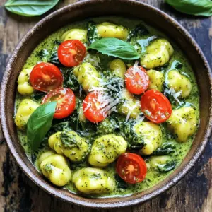 - 1 pound gnocchi (fresh or shelf-stable) - 2 cups fresh spinach, roughly chopped - 1 cup heavy cream - 1/2 cup basil pesto sauce - 1 cup cherry tomatoes, halved - 1/2 cup freshly grated Parmesan cheese - 2 tablespoons olive oil - 2 cloves garlic, finely minced - Salt and freshly cracked black pepper to taste - 1/4 teaspoon red pepper flakes (optional for heat) Gathering the right ingredients makes this dish shine. You can use fresh gnocchi or shelf-stable gnocchi, depending on what you have. The fresh spinach adds a nice green touch. The heavy cream creates a rich sauce, while the basil pesto adds depth of flavor. Cherry tomatoes give a sweet burst, and Parmesan cheese adds that cheesy goodness. - For gnocchi, you can try potato dumplings or even pasta if you prefer. - If you want a plant-based option, use coconut cream or cashew cream instead of heavy cream. - For dairy-free cheese, try nutritional yeast or a store-bought alternative to Parmesan. These substitutions keep the spirit of the dish while catering to your needs. Feel free to mix and match. Cooking should be fun and flexible! Heat 2 tablespoons of olive oil in a large pot over medium heat. Add 2 cloves of minced garlic. Sauté for about 1 minute. You want the garlic fragrant but not burnt. Then, slowly pour in 1 cup of heavy cream. Raise the heat slightly to bring it to a gentle simmer. Stir often to avoid burning the bottom. Next, mix in 1/2 cup of basil pesto sauce. Add a pinch of salt and black pepper. If you like heat, toss in 1/4 teaspoon of red pepper flakes. Stir well until everything is blended smoothly. This adds a rich, herbal flavor to your dish. Now, carefully add 1 pound of gnocchi to the creamy mixture. Make sure they are evenly covered. Allow the gnocchi to cook for about 2-3 minutes. Stir occasionally until they start to soften. Then, gently fold in 2 cups of chopped spinach and 1 cup of halved cherry tomatoes. Cook for an additional 3-5 minutes. Stir to combine. The sauce should thicken, and the spinach should be tender but not wilted. Remove the pot from heat and stir in 1/2 cup of freshly grated Parmesan cheese until it melts. Adjust the seasoning with more salt or pepper as needed. Enjoy this creamy, flavorful dish! - How to prevent gnocchi from sticking: To keep your gnocchi from sticking together, use a non-stick pot. Also, make sure to stir them gently. This way, they won’t clump as they cook. You can also sprinkle a little flour on them before adding to the pot. This adds a light coating that helps prevent sticking. - Ensuring the sauce stays creamy and well-blended: Stir the heavy cream slowly into the pot. Heat it gently to avoid scalding. Mix in the pesto until fully combined. If the sauce thickens too much, you can add a splash of water or more cream. This keeps the sauce smooth and creamy. - Best sides to pair with creamy pesto gnocchi: This dish goes well with a light salad. A simple arugula salad dressed with lemon juice and olive oil works great. You can also serve garlic bread on the side. The crunch of the bread pairs nicely with the creamy texture of the gnocchi. - Presentation tips for a stunning dish: Serve your gnocchi in deep bowls. This helps keep the dish warm. Garnish with extra grated Parmesan and fresh herbs. A sprinkle of basil or parsley adds a vibrant touch. You can even add a few halved cherry tomatoes on top for color and freshness. {{image_4}} You can boost your dish by adding protein. For meat lovers, cooked chicken or shrimp works great. Simply sauté them in the pot before adding garlic. This adds flavor and substance to your meal. For a vegetarian option, consider adding chickpeas or white beans. They provide a hearty texture and protein without meat. To make this dish even more exciting, try adding different vegetables. Bell peppers or zucchini can add color and crunch. Just chop them up and toss them in with the spinach. You can also play with the pesto flavors. Sun-dried tomato pesto offers a rich and unique taste. Experimenting with these options can make your meal feel fresh each time. To keep your creamy pesto gnocchi fresh, place leftovers in an airtight container. Store in the fridge right away to keep them safe. You can enjoy your meal for up to three days. Make sure to label the container with the date. This helps you track freshness. When reheating, do it slowly on low heat. Add a splash of cream or water to keep it creamy. Stir gently to avoid burning. If you want to freeze it, place the gnocchi in a freezer-safe bag. Remove as much air as possible. It can last for about two months in the freezer. Just remember, freezing may change its texture a bit. Can I use gluten-free gnocchi? Yes, you can use gluten-free gnocchi. Many brands offer tasty options. Just ensure you follow the cooking time on the package. They may cook slightly faster than regular gnocchi. How long does this dish take to prepare? This dish takes about 20 minutes from start to finish. You need around 10 minutes to prep and another 10 minutes to cook. It’s quick and easy for a weeknight meal. Can I make this recipe dairy-free? Yes, you can make this recipe dairy-free. Use a plant-based cream and dairy-free cheese. Look for nut or soy-based options. They work well with the pesto flavors. What do I serve with One Pot Creamy Pesto Gnocchi with Spinach? This dish is great on its own, but you can pair it with a fresh salad or garlic bread. A light side dish adds balance and freshness to the meal. This recipe for One Pot Creamy Pesto Gnocchi with Spinach gives you a delicious meal. You learned about the key ingredients and how to prepare them simply. The tips and tricks help you avoid common cooking issues. You can customize this dish with proteins or veggies to suit your taste. In the end, this meal is quick, easy, and satisfying. Enjoy your cooking adventure with this tasty recipe!