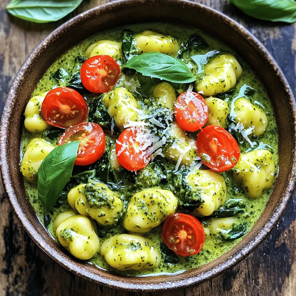- 1 pound gnocchi (fresh or shelf-stable) - 2 cups fresh spinach, roughly chopped - 1 cup heavy cream - 1/2 cup basil pesto sauce - 1 cup cherry tomatoes, halved - 1/2 cup freshly grated Parmesan cheese - 2 tablespoons olive oil - 2 cloves garlic, finely minced - Salt and freshly cracked black pepper to taste - 1/4 teaspoon red pepper flakes (optional for heat) Gathering the right ingredients makes this dish shine. You can use fresh gnocchi or shelf-stable gnocchi, depending on what you have. The fresh spinach adds a nice green touch. The heavy cream creates a rich sauce, while the basil pesto adds depth of flavor. Cherry tomatoes give a sweet burst, and Parmesan cheese adds that cheesy goodness. - For gnocchi, you can try potato dumplings or even pasta if you prefer. - If you want a plant-based option, use coconut cream or cashew cream instead of heavy cream. - For dairy-free cheese, try nutritional yeast or a store-bought alternative to Parmesan. These substitutions keep the spirit of the dish while catering to your needs. Feel free to mix and match. Cooking should be fun and flexible! Heat 2 tablespoons of olive oil in a large pot over medium heat. Add 2 cloves of minced garlic. Sauté for about 1 minute. You want the garlic fragrant but not burnt. Then, slowly pour in 1 cup of heavy cream. Raise the heat slightly to bring it to a gentle simmer. Stir often to avoid burning the bottom. Next, mix in 1/2 cup of basil pesto sauce. Add a pinch of salt and black pepper. If you like heat, toss in 1/4 teaspoon of red pepper flakes. Stir well until everything is blended smoothly. This adds a rich, herbal flavor to your dish. Now, carefully add 1 pound of gnocchi to the creamy mixture. Make sure they are evenly covered. Allow the gnocchi to cook for about 2-3 minutes. Stir occasionally until they start to soften. Then, gently fold in 2 cups of chopped spinach and 1 cup of halved cherry tomatoes. Cook for an additional 3-5 minutes. Stir to combine. The sauce should thicken, and the spinach should be tender but not wilted. Remove the pot from heat and stir in 1/2 cup of freshly grated Parmesan cheese until it melts. Adjust the seasoning with more salt or pepper as needed. Enjoy this creamy, flavorful dish! - How to prevent gnocchi from sticking: To keep your gnocchi from sticking together, use a non-stick pot. Also, make sure to stir them gently. This way, they won’t clump as they cook. You can also sprinkle a little flour on them before adding to the pot. This adds a light coating that helps prevent sticking. - Ensuring the sauce stays creamy and well-blended: Stir the heavy cream slowly into the pot. Heat it gently to avoid scalding. Mix in the pesto until fully combined. If the sauce thickens too much, you can add a splash of water or more cream. This keeps the sauce smooth and creamy. - Best sides to pair with creamy pesto gnocchi: This dish goes well with a light salad. A simple arugula salad dressed with lemon juice and olive oil works great. You can also serve garlic bread on the side. The crunch of the bread pairs nicely with the creamy texture of the gnocchi. - Presentation tips for a stunning dish: Serve your gnocchi in deep bowls. This helps keep the dish warm. Garnish with extra grated Parmesan and fresh herbs. A sprinkle of basil or parsley adds a vibrant touch. You can even add a few halved cherry tomatoes on top for color and freshness. {{image_4}} You can boost your dish by adding protein. For meat lovers, cooked chicken or shrimp works great. Simply sauté them in the pot before adding garlic. This adds flavor and substance to your meal. For a vegetarian option, consider adding chickpeas or white beans. They provide a hearty texture and protein without meat. To make this dish even more exciting, try adding different vegetables. Bell peppers or zucchini can add color and crunch. Just chop them up and toss them in with the spinach. You can also play with the pesto flavors. Sun-dried tomato pesto offers a rich and unique taste. Experimenting with these options can make your meal feel fresh each time. To keep your creamy pesto gnocchi fresh, place leftovers in an airtight container. Store in the fridge right away to keep them safe. You can enjoy your meal for up to three days. Make sure to label the container with the date. This helps you track freshness. When reheating, do it slowly on low heat. Add a splash of cream or water to keep it creamy. Stir gently to avoid burning. If you want to freeze it, place the gnocchi in a freezer-safe bag. Remove as much air as possible. It can last for about two months in the freezer. Just remember, freezing may change its texture a bit. Can I use gluten-free gnocchi? Yes, you can use gluten-free gnocchi. Many brands offer tasty options. Just ensure you follow the cooking time on the package. They may cook slightly faster than regular gnocchi. How long does this dish take to prepare? This dish takes about 20 minutes from start to finish. You need around 10 minutes to prep and another 10 minutes to cook. It’s quick and easy for a weeknight meal. Can I make this recipe dairy-free? Yes, you can make this recipe dairy-free. Use a plant-based cream and dairy-free cheese. Look for nut or soy-based options. They work well with the pesto flavors. What do I serve with One Pot Creamy Pesto Gnocchi with Spinach? This dish is great on its own, but you can pair it with a fresh salad or garlic bread. A light side dish adds balance and freshness to the meal. This recipe for One Pot Creamy Pesto Gnocchi with Spinach gives you a delicious meal. You learned about the key ingredients and how to prepare them simply. The tips and tricks help you avoid common cooking issues. You can customize this dish with proteins or veggies to suit your taste. In the end, this meal is quick, easy, and satisfying. Enjoy your cooking adventure with this tasty recipe!