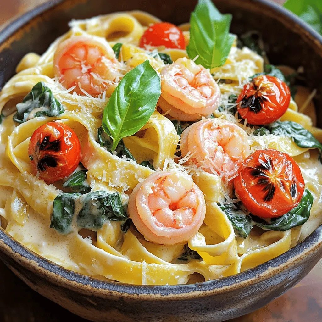 - 8 oz fettuccine pasta - 1 lb large shrimp, peeled and deveined - 3 tablespoons olive oil, divided - 4 cloves garlic, minced - 1 cup cherry tomatoes, halved - 2 cups fresh spinach - 1 cup heavy cream - 1/2 cup grated Parmesan cheese - 1 teaspoon Italian seasoning - Salt and pepper to taste - Fresh basil leaves for garnish You can swap the fettuccine for other pasta like penne or spaghetti. If you want a lighter dish, use zucchini noodles. For a dairy-free option, try coconut cream or cashew cream. If shrimp isn’t your thing, chicken or tofu works well. To make this dish, you'll need a pot for boiling the pasta. A large skillet is key for cooking shrimp and making the sauce. A mixing spoon helps you stir everything. Finally, measuring cups and spoons ensure you get the right amounts. First, fill a large pot with salted water. Bring it to a rolling boil. This step is key for great pasta. Add the fettuccine and cook it for 8-10 minutes. Check the package for exact timing. You want the pasta to be al dente, which means it should be firm but cooked. Once the pasta is ready, drain it. Remember to save a little pasta water for later. Set the pasta aside while you prepare the rest. Next, it's time for the shrimp. Heat 2 tablespoons of olive oil in a large skillet over medium heat. When the oil is hot, add the shrimp. Season them lightly with salt and pepper. Cook the shrimp for about 2-3 minutes on each side. They should turn pink and opaque when done. Once cooked, remove the shrimp from the skillet and place them on a plate. Let them rest while you make the sauce. Now, let’s create the sauce. In the same skillet, add the remaining tablespoon of olive oil. Add 4 cloves of minced garlic and sauté for about 30 seconds. Be careful not to burn the garlic. Then, toss in 1 cup of halved cherry tomatoes. Cook these for about 2-3 minutes until they start to blister. This step brings out their sweet flavor. After that, add 2 cups of fresh spinach and stir it in. Cook until the spinach wilts, which takes about 1-2 minutes. Pour in 1 cup of heavy cream and bring the mixture to a gentle simmer. Stir in 1/2 cup of grated Parmesan cheese and 1 teaspoon of Italian seasoning. Mix everything until the cheese melts and the sauce becomes creamy. Taste it, then adjust the seasoning with more salt and pepper if needed. Finally, add the cooked fettuccine and shrimp back into the skillet. Toss everything together so the pasta and shrimp are coated with that tasty sauce. If the sauce seems too thick, use a splash of the reserved pasta water to get the right consistency. Let it all cook together for another 2-3 minutes. This helps the flavors blend perfectly. - Achieving al dente pasta: Boil your fettuccine in salted water. Follow the package time, about 8-10 minutes. Test it a minute early. You want it firm but not hard. This adds a nice bite to the dish. - Keeping shrimp tender and juicy: Cook your shrimp quickly, just 2-3 minutes on each side. Remove them right when they turn pink. Overcooking makes shrimp tough. - How to avoid curdling cream: Add heavy cream slowly and stir as it heats. Keep the heat low. This helps it blend smoothly without curdling. - Balancing flavors with salt and pepper: Taste your sauce as you cook. Add salt and pepper bit by bit. You want a nice balance, not overpowering. - Presentation ideas: Serve the pasta in deep bowls. Add fresh basil leaves on top for color. A sprinkle of extra Parmesan gives a nice touch too. - Complementary side dishes: Pair with garlic bread or a fresh salad. These sides bring a great balance to the rich pasta. {{image_4}} You can easily tweak this dish to suit your taste. Adding vegetables can boost flavor and nutrition. Bell peppers and zucchini work well. They add color and crunch. Simply sauté them with the shrimp or toss them in with the spinach. You can also swap proteins. If you prefer chicken, use bite-sized pieces instead of shrimp. Scallops are another great choice. They cook quickly and taste amazing with the creamy sauce. If you follow a gluten-free diet, choose gluten-free pasta. Many brands offer great options that taste just as good as regular pasta. You won’t miss out on flavor. For vegan options, swap the heavy cream for coconut cream or a non-dairy alternative. Use nutritional yeast instead of Parmesan cheese. This change keeps the dish creamy and flavorful without dairy. To kick up the heat, add red pepper flakes. Just a pinch can bring a nice warmth to the dish. If you like fresh herbs, try adding parsley or thyme. They add a lovely aroma and taste that complements the sauce perfectly. Feel free to experiment with these variations. Each change can create a new and exciting dish that fits your preferences. To keep your creamy Tuscan garlic shrimp pasta fresh, use airtight containers. Glass or plastic containers work well. Make sure the pasta has cooled down first. Store it in the fridge for up to three days. Label the container with the date for easy tracking. When reheating, avoid a dry pasta dish. The best method is in a skillet. Add a splash of water or cream to help keep it moist. Heat it on low, stirring gently. You can also use the microwave, but cover the dish to trap steam. Heat in short bursts, stirring in between. You can freeze creamy Tuscan garlic shrimp pasta, but it may change slightly in texture. Use a freezer-safe container and leave some space at the top. Freeze for up to three months. To thaw, move it to the fridge overnight. Reheat as mentioned above for the best results. Yes, you can prepare this dish in advance. Cook the pasta and shrimp separately. Store them in airtight containers in the fridge. Keep the sauce in another container. Assemble everything before serving. This way, the flavors stay fresh. Reheat on low heat to avoid overcooking. You can enjoy this pasta with a crisp white wine, like Pinot Grigio. It complements the shrimp and cream well. Side dishes like garlic bread or a fresh salad are great choices. They add a nice crunch and balance the meal. To make this dish lighter, use whole wheat fettuccine. You can also swap heavy cream for a light cream or milk. Adding more spinach boosts nutrients without many calories. Cut back on cheese for fewer calories. These changes keep the flavor while making it healthier. You learned how to make creamy Tuscan garlic shrimp pasta. I shared key ingredients and easy steps to cook a delicious dish. You can customize this recipe with substitutes, flavors, and healthier options. Remember, cooking should be fun and creative. Enjoy trying new ideas, and don’t hesitate to make it your own! Happy cooking!