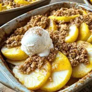 - 5 medium-sized apples, peeled, cored, and sliced - 1 tablespoon fresh lemon juice - 1 tablespoon ground cinnamon - 1/4 cup brown sugar (for apple mixture) - 1 cup rolled oats - 1/2 cup all-purpose flour - 1/2 cup packed brown sugar (for topping) - 1/3 cup melted coconut oil or unsalted butter - 1/4 teaspoon salt - 1/2 teaspoon vanilla extract (optional but recommended for added flavor) The apples form the base of this dish. I prefer tart apples for a nice balance. Use Granny Smith or Honeycrisp for a sweet-tart flavor. The oats add a crunchy texture. They soak up some apple juices, making them even better. Brown sugar sweetens the apples and topping. It gives a rich, caramel-like flavor. Ground cinnamon adds warmth and spice. It pairs perfectly with apples. - Vanilla extract - Coconut oil or butter Adding vanilla extract boosts the flavor. It gives a lovely aroma and richness. Coconut oil or butter adds moisture, making the topping crisp and golden. Use whichever you prefer. - Mixing bowls - Baking dish - Oven You need a few simple tools. A mixing bowl helps you combine ingredients easily. A baking dish holds everything while it bakes. Lastly, your oven cooks the apple crisp to perfection. Preheat your oven to 350°F (175°C) while you prepare. This step ensures even cooking. Start by peeling, coring, and slicing five medium-sized apples. I like to use a mix of sweet and tart apples for great flavor. Once sliced, place them in a large bowl. Add one tablespoon of fresh lemon juice, one tablespoon of ground cinnamon, and a quarter cup of brown sugar. Toss the apple slices gently until they are all coated well. This mix gives the apples a nice zing. Next, transfer the apples into a greased 9x13 inch baking dish. Spread them evenly across the bottom. In a separate bowl, combine one cup of rolled oats, half a cup of all-purpose flour, half a cup of packed brown sugar, and a quarter teaspoon of salt. Mix these dry ingredients until they are well combined. Then, pour in one-third cup of melted coconut oil or unsalted butter. You can also add half a teaspoon of vanilla extract for extra flavor. Stir everything until it forms a crumbly texture. This will create a delicious topping. Now, it’s time to put it all together! Evenly spread the oat mixture over the apples in the baking dish. Press it down gently to make sure it sticks. Preheat your oven to 350°F (175°C). Bake the dish for 30 to 35 minutes. Look for the apples to become tender and the topping to turn golden brown. This step is key to having a tasty apple crisp. Once baked, let it cool for a few minutes before serving. Enjoy it warm for the best experience! To achieve the right crumb topping, mix rolled oats, flour, and brown sugar. Combine these dry ingredients well. When you add melted coconut oil or butter, aim for a crumbly texture. Do not let it become too wet. This keeps your topping light and crispy. For even baking, spread the topping evenly over the apples. Press it down gently to help it stick. To boost flavor, consider adding spices like nutmeg or ginger. These spices add warmth and depth. A splash of vanilla extract enhances sweetness too. For serving, enjoy it warm with vanilla ice cream. The cold ice cream melts slightly, creating a lovely mix. You may also try adding a sprinkle of toasted nuts for crunch. One common mistake is overmixing the topping. This can lead to a dense, tough crust. Mix just until combined for the best texture. Another mistake is using the wrong type of apples. Choose firm apples like Granny Smith or Honeycrisp. These apples keep their shape and balance sweetness with tartness. {{image_4}} You can mix up the apples with other fruits. Adding pears gives a nice twist. Berries, like blueberries or raspberries, also add color and flavor. Seasonal fruits work well too. Try peaches in summer or cranberries in fall. Each fruit brings its own taste. This keeps your apple crisp fresh and fun. If you need a gluten-free dessert, you can make easy swaps. Use gluten-free oats instead of regular oats. For flour, almond flour or coconut flour works great. These options keep the crisp tasty and safe for those with gluten issues. You can also use honey or maple syrup as sweeteners. This gives a different flavor profile while staying gluten-free. To make this dessert vegan, simply swap the butter. Use coconut oil as a great alternative. It adds a hint of coconut flavor too. For a dairy-free treat, skip the ice cream. Instead, serve it with coconut yogurt or a scoop of dairy-free ice cream. Both options add creaminess without dairy. This way, everyone can enjoy the apple crisp! To keep your apple crisp fresh, store it in the fridge. Use an airtight container to prevent moisture loss. If you plan to eat it later, you can freeze it. Wrap the cooled apple crisp tightly in plastic wrap or foil. Place it in a freezer-safe bag or container. This helps keep it from getting freezer burn. To reheat apple crisp, the oven works best. Preheat your oven to 350°F (175°C). Place the apple crisp in a baking dish. Cover it with foil to keep it moist. Bake for about 15-20 minutes. You want it warm but not too hot. You can serve it with a scoop of vanilla ice cream or whipped cream for an extra treat. In the fridge, apple crisp lasts about 3-4 days. If you freeze it, it can last for up to 3 months. Just remember to label your container with the date. This way, you can enjoy your dessert later without worrying about it going bad. Use firm apples like Granny Smith, Honeycrisp, or Fuji. These apples hold their shape well during baking. Their balance of sweet and tart flavors adds depth to the dish. Mix different varieties for a more complex taste. Always peel and slice the apples to ensure even cooking. Yes, you can prepare the apple mixture and topping separately. Store them in the fridge for up to a day. When ready to bake, layer them in the dish and bake as directed. Baking right before serving ensures a warm, fresh dessert. This method makes it easy for gatherings. To achieve a crunchy topping, use a mix of oats and flour. Adding more oats helps create texture. Ensure your butter or coconut oil is melted and mixed well. Press the topping down firmly before baking. For an extra crunch, you can add nuts like walnuts or pecans to the topping. I covered the main ingredients, steps, and tips for making apple crisp. You learned how to prep, assemble, and bake. Remember to experiment with flavors and textures. Avoid common mistakes to ensure your dish shines. Try variations for gluten-free or vegan options. Store leftovers properly to enjoy later. With this guide, you can make delicious apple crisp every time. Get creative, enjoy the process, and share with loved ones. Happy baking!