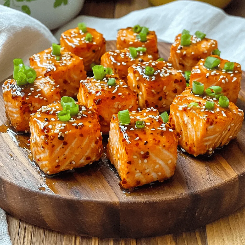 - 1 lb skinless, boneless salmon fillet - 1/4 cup sweet chili sauce - 2 tablespoons soy sauce - 1 tablespoon fresh ginger, finely grated - 2 cloves garlic, minced - 1 tablespoon sesame oil - 1 tablespoon freshly squeezed lime juice - 1/4 cup green onions, chopped - Sesame seeds To make Air Fryer Sweet Chili Salmon Bites, gather these fresh ingredients. Start with one pound of skinless, boneless salmon fillet. This fish is soft and tasty. You will also need sweet chili sauce and soy sauce. These add a nice, sweet, and salty flavor. Next, grab fresh ginger and garlic. Grate a tablespoon of ginger and mince two cloves of garlic. These will bring great taste to the dish. You also need sesame oil and lime juice. The oil adds richness, and the lime gives a fresh kick. For the garnish, chop some green onions and have sesame seeds ready. They add crunch and color to the dish. With these ingredients, you can create a delightful meal that is easy to prepare. Enjoy the bold flavors and fun textures in every bite! - Cut salmon into bite-sized cubes, about 1 inch each. - Set aside in a mixing bowl. - Combine sweet chili sauce, soy sauce, ginger, garlic, sesame oil, and lime juice in a bowl. - Whisk until smooth and well mixed. - Pour the marinade over the salmon cubes in the bowl. - Toss to coat each piece evenly and refrigerate for 30 minutes. - Preheat air fryer to 400°F (200°C) for 5 minutes. - Arrange salmon cubes in a single layer in the air fryer basket. - Cook for 8-10 minutes, shaking the basket halfway through for even cooking. - Transfer salmon bites to a serving platter. - Garnish with chopped green onions and sesame seeds for extra flavor and crunch. To get the best texture, preheat your air fryer for 5 minutes at 400°F (200°C). This step helps seal in the moisture. If you use thicker salmon pieces, increase the cooking time. Aim for 10 minutes for larger bites and 8 minutes for smaller ones. You can add more spices to boost flavor. Try red pepper flakes for heat or dill for freshness. If the sweet chili sauce is too sweet for you, mix in more lime juice. For a spicier kick, a dash of sriracha works wonders. Always check for doneness by flaking the salmon with a fork. The fish should break apart easily. For a precise measure, use a food thermometer. The internal temperature should reach 145°F (63°C) for safe eating. {{image_4}} For a kick, you can add chili flakes or sriracha to the marinade. Start by mixing in about one teaspoon of chili flakes. If you want more heat, add extra. Sriracha is a great option too. Just two tablespoons can bring a nice zest. Adjust based on your heat preference. This spicy twist pairs well with the sweet chili sauce. Fresh herbs can brighten the dish. Try adding chopped cilantro or basil to the marinade. About two tablespoons of either herb will work well. These herbs add freshness and flavor. You can mix and match them based on what you like. This twist makes the salmon bites feel even more special. You can swap salmon for chicken or tofu if you prefer. For chicken, use bite-sized pieces of boneless chicken breast. Make sure to adjust cooking time, as chicken may need a bit longer. Tofu works great too. Press it first to remove extra moisture. Then cut it into cubes and marinate. Both options will absorb the sweet chili sauce well, giving you tasty bites. To keep your leftover salmon bites fresh, store them in an airtight container. This helps prevent spoilage and keeps them tasty. I recommend eating them within 2 days for the best flavor. After that, the salmon may lose its quality. If you want to save salmon bites for later, freezing is a good option. Place them in a freezer-safe bag or container, making sure to remove as much air as possible. This helps prevent freezer burn. When ready to cook, thaw them in the fridge overnight before reheating. To reheat your salmon bites, use an air fryer for the best results. Set the air fryer to 350°F (175°C) and cook for about 5 minutes. This keeps the bites crispy and delicious. Avoid using a microwave, as it may make the salmon soggy. Yes, you can use frozen salmon. First, you need to thaw it. The best way is to place the salmon in the fridge overnight. If you're short on time, you can also put it in a sealed bag and submerge it in cold water for about an hour. After thawing, pat the salmon dry with a paper towel. Then, cut it into bite-sized cubes. You can now follow the marinade steps as usual. To check if your salmon is done, look for a golden-brown color. The salmon should flake easily with a fork when it is cooked. The ideal internal temperature is 145°F (63°C). If you have a food thermometer, use it for the best results. When the salmon reaches this temperature, it’s safe to eat. These salmon bites pair well with many sides. Here are some great options: - Steamed rice or quinoa for a hearty base. - Fresh salad with mixed greens and a light vinaigrette. - Roasted vegetables like broccoli or asparagus for added crunch. - A cool cucumber salad to balance the heat from the chili sauce. - For drinks, try a crisp white wine or sparkling water with lime. These sides will enhance your meal and bring out the flavors of the salmon bites. This recipe for Air Fryer Sweet Chili Salmon Bites combines simple ingredients and easy steps. You learned how to prepare, marinate, and cook salmon with delicious flavors. I shared tips for the perfect texture, safety, and variations to try. Remember, you can customize it to your taste. Whether you want extra spice or a different protein, the options are endless. Enjoy making this dish, and don't hesitate to experiment with your own ideas!