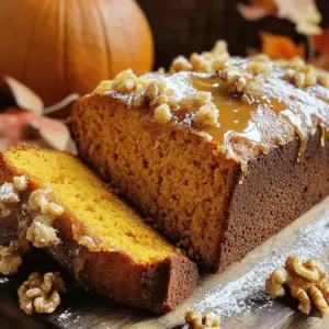 - 1 ½ cups all-purpose flour - 1 teaspoon baking soda - ½ teaspoon baking powder - 1 teaspoon ground cinnamon - ½ teaspoon ground nutmeg - ½ teaspoon ground ginger - ½ teaspoon salt I love using all-purpose flour for a soft texture. Baking soda and baking powder give it lift. Spices like cinnamon, nutmeg, and ginger add warmth and depth. A pinch of salt enhances the sweetness. - 1 cup canned pumpkin puree - 1 cup granulated sugar - ½ cup packed brown sugar - ½ cup vegetable oil - 2 large eggs - 1 teaspoon vanilla extract Canned pumpkin puree keeps this bread moist. I mix granulated sugar and brown sugar for a sweet balance. Vegetable oil adds richness, while eggs help bind everything. Vanilla extract brings in a lovely aroma. - ½ cup chopped walnuts or pecans - ½ cup maple syrup (for glaze) - 1 tablespoon milk (for glaze) Add chopped nuts for a delightful crunch. A maple glaze made with syrup and milk makes it special. This step is optional but so worth it! Preheating the oven and preparing the loaf pan Start by preheating your oven to 350°F (175°C). While it heats, get your 9x5-inch loaf pan ready. Grease it with butter or a spray. Then, sprinkle a little flour in the pan to help the bread come out easily. Combining dry ingredients In a medium bowl, mix 1 ½ cups of all-purpose flour, 1 teaspoon of baking soda, and ½ teaspoon of baking powder. Add ½ teaspoon of salt, 1 teaspoon of ground cinnamon, ½ teaspoon of ground nutmeg, and ½ teaspoon of ground ginger. Whisk these together well. This mix makes the bread tasty and helps it rise. Combining wet ingredients In a large bowl, combine 1 cup of granulated sugar and ½ cup of packed brown sugar. Pour in ½ cup of vegetable oil. Use a whisk or mixer to beat these until they are smooth and creamy. Then add 2 large eggs and 1 teaspoon of vanilla extract, mixing until blended. Adding pumpkin and mixing Next, gently stir in 1 cup of canned pumpkin puree. This will make your bread moist and yummy. Incorporating dry ingredients Gradually add the dry mix to the wet mix. Use a spatula to stir just until combined. Be careful not to overmix. If you want, fold in ½ cup of chopped walnuts or pecans for a crunchy texture. Pouring batter into the loaf pan Once mixed, pour the batter into your prepared loaf pan. Use a spatula to smooth the top. Baking time and doneness check Put the pan in your preheated oven. Bake for 55 to 60 minutes. Check if it’s done by inserting a toothpick in the center. If it comes out clean or with few moist crumbs, it’s ready. Cooling before glazing Take the loaf out of the oven and let it cool in the pan for about 10 minutes. Then, move it to a wire rack to cool completely before adding the maple glaze. Measuring your ingredients is key. When you use too much flour, the bread gets dry. Use the spoon and level method for the best results. This means spooning flour into the cup and leveling it off with a knife. This keeps your bread moist and fluffy. Avoid overmixing the batter. Once you add the dry mix, stir until just combined. Overmixing can make the bread dense. You want a thick but smooth batter. If you see a few floury spots, that's okay. They will bake out. To adjust the glaze's consistency, add a tablespoon of milk. If it's too thick, the glaze won't drizzle well. A good glaze should flow easily over the bread. If you want to change the flavor, try different sweeteners. Honey or agave syrup works great too. You can also add a splash of vanilla or maple flavoring. This gives the glaze a deeper taste. Experiment with spices like cinnamon or nutmeg for a twist. For a beautiful presentation, serve the bread on a rustic wooden board. This looks warm and inviting. Drizzle extra maple syrup over each slice for added sweetness. You can also sprinkle toasted nuts on top for crunch. Pair the bread with a cozy cup of tea or coffee. A warm drink balances the sweet flavors. Enjoying this tasty treat is perfect for any fall gathering! {{image_4}} You can easily change the taste of your pumpkin bread. Adding chocolate chips makes it rich and sweet. Dried fruits, like raisins or cranberries, add a chewy texture. Swap spices to create new flavors. For instance, use allspice or cardamom instead of cinnamon. This gives a warm, unique touch to each bite. Want a healthier twist? Try using whole wheat flour instead of all-purpose flour. This adds fiber and nutrients. You can also use sugar substitutes like honey or maple sugar. If you're vegan, replace eggs with flaxseed meal mixed with water. This keeps the bread moist and fluffy without eggs. Make your pumpkin bread festive! You can fold in fresh cranberries for a tart kick. This adds color and flavor, perfect for holidays. For a cozy touch, serve it with a warm drink, like apple cider or hot cocoa. You can also top each slice with whipped cream for a treat that feels special. To keep your leftover pumpkin bread fresh, wrap it tightly in plastic wrap or aluminum foil. You can also place it in an airtight container. This helps to keep moisture in and prevents it from drying out. In the fridge, your pumpkin bread lasts about 5 to 7 days. Freezing your pumpkin bread is a great way to enjoy it later. To freeze, wrap the loaf in plastic wrap, then place it in a freezer bag. Try to remove as much air as possible to avoid freezer burn. Your bread can stay frozen for up to 3 months. When you are ready to enjoy it, take it out and let it thaw in the fridge overnight or at room temperature for a few hours. To reheat your pumpkin bread and keep it moist, preheat your oven to 350°F (175°C). Place the slices on a baking sheet and warm them for about 10 minutes. You can also use a microwave. Heat a slice for about 20-30 seconds. This method works well, but keep an eye on it to prevent it from becoming too hot. Enjoy your warm pumpkin bread with that delicious maple glaze! Yes, you can make this recipe without eggs. Some great egg substitutes for baking are: - 1/4 cup unsweetened applesauce - 1/4 cup mashed banana - 1 tablespoon ground flaxseed mixed with 2.5 tablespoons water These options work well to bind the ingredients and keep your bread moist. Just remember, each substitute may add a slight flavor or texture change. Pumpkin bread lasts about 3 to 4 days at room temperature. Store it in an airtight container to keep it fresh. If you refrigerate it, the bread can last up to a week. Just make sure to wrap it well to avoid drying out. Absolutely! You can use fresh pumpkin. To prepare it: 1. Cut the pumpkin in half and scoop out the seeds. 2. Roast the halves at 350°F (175°C) for about 45 minutes until soft. 3. Let it cool, then scoop out the flesh and mash it until smooth. This fresh pumpkin will add a lovely flavor to your bread. Pumpkin bread pairs nicely with many beverages and foods. Try these ideas: - A warm cup of spiced chai or coffee - Cream cheese spread for a rich taste - A scoop of vanilla ice cream for dessert These pairings enhance the cozy, autumn vibe of your meal. This blog post outlined how to create delicious pumpkin bread, from ingredients to storage. You learned about dry and wet ingredients, mixing techniques, and optional add-ins. We shared tips to keep your bread moist and ways to personalize it. Don't forget about safe storage methods for leftovers. With these steps and ideas, you can bake a tasty treat that everyone will love. Baking brings joy and comfort. Enjoy your pumpkin bread journey!