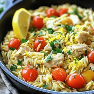 - 1 lb chicken breast, diced - 1 cup orzo pasta - 2 tablespoons olive oil - 1 medium onion, finely chopped - 3 cloves garlic, minced - 1 cup cherry tomatoes, halved - Zest and juice of 1 large lemon - 1 teaspoon dried oregano - 1 teaspoon dried thyme - Fresh parsley, for garnish - Salt and freshly ground black pepper - 3 cups low-sodium chicken broth Using these ingredients, you will create a dish packed with flavor and nutrition. The chicken breast gives a great protein base. The orzo pasta adds a nice texture. Olive oil helps everything cook well and adds richness. Onions and garlic build a tasty foundation. Cherry tomatoes bring sweetness and color. Lemon zest and juice brighten the dish. Dried herbs like oregano and thyme add depth. Fresh parsley on top makes it look great and tastes fresh. Season with salt and pepper to make all the flavors shine. Finally, the low-sodium chicken broth gives moisture and flavor to the orzo. This mix of ingredients makes Lemon Herb Chicken Orzo a delightful one-pot meal. To start, heat 2 tablespoons of olive oil in a large pot over medium heat. Once the oil shimmers, add 1 pound of diced chicken breast. Season the chicken with salt and freshly ground black pepper. Sauté the chicken until it turns golden brown and is fully cooked. This usually takes about 5 to 7 minutes. Once done, remove the chicken from the pot and set it aside. Next, use the same pot to add 1 finely chopped medium onion. Sauté the onion until it becomes translucent, which takes about 3 to 4 minutes. Then, add 3 cloves of minced garlic to the pot. Stir frequently for about 30 seconds. This step brings out the amazing flavors. Now it's time to add the fun ingredients. Toss in 1 cup of halved cherry tomatoes and let them cook for 2 to 3 minutes. This helps the tomatoes soften and release their juices. After that, stir in 1 cup of orzo pasta. Pour in 3 cups of low-sodium chicken broth, along with the zest and juice of 1 large lemon. Add 1 teaspoon each of dried oregano and thyme. Mix everything well. Increase the heat and bring the mixture to a rapid boil. Once it boils, reduce the heat to low. Add the browned chicken back into the pot. Cover the pot and let it simmer for about 10 to 12 minutes. The orzo should become tender yet still have a slight bite to it. After simmering, remove the pot from heat. Fluff the orzo gently with a fork. Taste and adjust the seasoning with more salt and pepper, if needed. Serve the dish hot. Garnish each bowl with freshly chopped parsley and a wedge of lemon for an extra burst of flavor. Enjoy every bite! - To achieve al dente orzo, cook for about 10-12 minutes. This timing gives it a firm bite. - Stir the orzo gently while it simmers. This keeps it from sticking to the pot. - To boost the lemon flavor, use both the zest and juice of a large lemon. This adds a bright taste. - Fresh herbs make a big difference. Adding parsley at the end brightens the dish. - For a beautiful presentation, serve in shallow bowls. This shows off the colorful ingredients well. - Pair this dish with a crisp green salad or steamed veggies for a great side. {{image_4}} You can change the protein in this dish. Shrimp works well. It cooks fast and adds a seafood twist. Simply sauté the shrimp until pink. Add it at the same time as the chicken. Tofu is another great option. Choose firm or extra-firm tofu for the best texture. Dice it and sauté until golden. This swap makes the dish plant-based. Adding veggies boosts flavor and nutrition. Spinach is a great choice. Toss in fresh spinach towards the end of cooking. It wilts quickly and adds color. Bell peppers also make a nice addition. Chop them up and cook them with the onions. They add sweetness and crunch. Feel free to mix and match your favorite vegetables. If you need a gluten-free option, try chickpea orzo. It has a similar taste and texture. Cook it just like regular orzo. This keeps the dish safe for those with gluten issues. For a vegetarian swap, skip the chicken and use more veggies. You can also add beans for protein. This way, everyone can enjoy a tasty meal. To store leftovers safely, let the dish cool first. Place it in an airtight container. This helps keep your Lemon Herb Chicken Orzo fresh. I recommend glass containers for easy heating. You can store it in the fridge for three to four days. For the best flavor, reheat in a pot on the stovetop. Add a splash of broth or water to keep it moist. Stir often to maintain even heat. If using the microwave, place it in a bowl. Cover it with a lid or microwave-safe wrap. Heat in short intervals, stirring in between to ensure even warmth. To freeze portions, let the dish cool completely. Scoop it into freezer-safe bags or containers, leaving some space for expansion. Label each bag with the date. You can freeze it for up to three months. To thaw, place it in the fridge overnight. Reheat on the stovetop or microwave, adding a bit of broth for flavor. To make Lemon Herb Chicken Orzo gluten-free, swap orzo for gluten-free pasta. Look for options made from rice or chickpeas. These pasta types cook well and keep a nice texture. Always check labels to ensure they are gluten-free. You can also use gluten-free chicken broth to avoid cross-contamination. Yes, you can use brown rice. However, the cooking time will change. Brown rice takes about 35-40 minutes to cook. Be sure to increase the liquid to 4 cups of broth for best results. Add the rice before the chicken to give it time to cook fully. Lemon Herb Chicken Orzo lasts about 3-4 days in the fridge. Store it in an airtight container for best results. Make sure it cools down before you seal it. This helps keep it fresh and tasty. If it smells or looks off, it’s best to throw it away. This dish pairs well with many sides. Consider a fresh green salad for a light touch. Garlic bread adds a nice crunch and flavor. Roasted vegetables also complement the meal well. For a refreshing drink, try lemonade or iced tea to balance the dish. This blog post outlined a simple and tasty Lemon Herb Chicken Orzo recipe. We covered key ingredients, step-by-step cooking instructions, and helpful tips. You learned ways to customize the dish with different proteins and vegetables. I shared storage and reheating methods to maintain flavor. In conclusion, this recipe is versatile and easy to prepare. It brings fresh flavors to your table, delighting everyone. Enjoy your cooking journey with this dish!