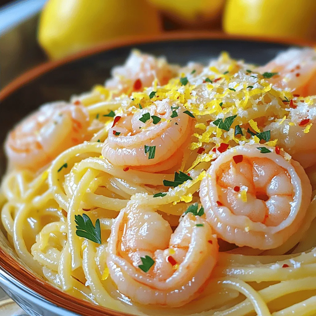 - 8 oz linguine or spaghetti - 1 lb large shrimp, peeled and deveined - 4 cloves garlic, finely minced - Zest and juice of 1 lemon - 1/4 cup extra-virgin olive oil - 1/4 tsp red pepper flakes (optional for heat) - Fresh parsley, chopped, for garnish - Grated Parmesan cheese, for serving (optional) - Salt - Freshly ground black pepper - Pasta cooking water The key to making Minute Lemon Garlic Shrimp Pasta is in the ingredients. First, choose fresh shrimp. They should be large, peeled, and deveined. This step saves time and ensures a nice bite. Next, for the pasta, I like using linguine or spaghetti. Both work well, so pick what you enjoy. Garlic is essential in this dish. I use four cloves, finely minced, to give a strong flavor. The lemon provides a zesty kick. You need both the zest and juice from one lemon. This will brighten the whole meal. Olive oil is your friend here. Use a good quality extra-virgin olive oil for the best taste. If you like some heat, add red pepper flakes. They are optional but add a nice touch. Fresh parsley gives a pop of color and flavor. Lastly, you can sprinkle on grated Parmesan cheese if you want a richer taste. For cooking, have salt and freshly ground black pepper on hand. You also need to save some pasta cooking water. This helps create a smooth sauce that clings to the pasta. First, fill a large pot with water. Bring it to a rolling boil. Once boiling, add a generous pinch of salt. Carefully add your linguine or spaghetti. Cook according to the package instructions until it's al dente, about 8 to 10 minutes. Before draining, remember to reserve about 1/2 cup of that starchy pasta water. Drain the pasta and set it aside. Next, heat a large skillet over medium heat. Pour in the olive oil and let it warm up. Add the minced garlic and red pepper flakes if you like some heat. Sauté for about 1 minute. Stir continuously until the garlic is fragrant and lightly golden. Be careful not to let it brown, as this can make the flavor bitter. Now, add the peeled and deveined shrimp to the skillet. Spread them out in a single layer. Let them cook undisturbed for 2 to 3 minutes on one side. Then flip them over and cook for another 2 to 3 minutes. The shrimp should turn pink and opaque. Season them with salt and freshly cracked black pepper to your taste. Once your shrimp are cooked, add the drained pasta to the skillet. Squeeze in the fresh lemon juice and sprinkle the lemon zest over everything. Gently toss the mixture together. Use the reserved pasta water a little at a time. This helps create a creamy sauce that coats the pasta perfectly. Remove the skillet from heat. Sprinkle freshly chopped parsley over the pasta for a burst of color and flavor. Taste the dish and adjust the seasoning if needed. Serve the pasta hot on plates. For an extra layer of flavor, garnish with grated Parmesan cheese. For an elegant touch, use wide, shallow bowls and add some extra lemon zest on top. To boost the taste of your Minute Lemon Garlic Shrimp Pasta, consider using red pepper flakes. These add a nice kick. Start with a pinch, then adjust to your liking. If you want more heat, add a bit more. For lemon freshness, always use a fresh lemon. Roll the lemon on the counter before cutting it. This helps release more juice. Zest the lemon before juicing it. The zest adds a strong lemon flavor without extra juice. To avoid rubbery shrimp, cook them just right. Shrimp cook fast, so keep an eye on them. Cook the shrimp until they turn pink and opaque. This takes about 4 to 6 minutes total. To tell if shrimp are cooked, look for their color change. Raw shrimp are gray. When they turn pink, they are done. You can also check by cutting one in half. It should be opaque inside. Use decorative bowls for an elegant touch. Wide, shallow bowls show off the pasta and shrimp nicely. For garnishing, sprinkle fresh parsley on top for color. You can also add extra lemon zest for a pop of brightness. A light drizzle of olive oil adds a nice finish. These small details make your dish look gourmet. {{image_4}} You can switch out shrimp for chicken. Use boneless, skinless chicken breasts. Cut them into small pieces. Cook them in the same way as shrimp. This gives you a tasty twist. If you want a plant-based option, try vegan shrimp. Many brands offer good substitutes. They mimic shrimp well and soak up flavors. You can enjoy a similar taste without meat. For a healthier choice, use whole grain pasta. Whole grain linguine or spaghetti adds fiber. It also adds a nutty flavor. This change makes the dish more filling. If you need gluten-free options, choose gluten-free pasta. Many varieties are available now. Look for those made from rice or quinoa. They work great in this recipe and taste delicious. You can add vegetables for extra nutrition. Spinach is a great option. It wilts quickly and adds color. Asparagus also works well. Just cut it into small pieces and add it with shrimp. Experiment with herbs to change the flavor. Basil adds a fresh taste. Thyme brings a warm note. Both herbs enhance the dish and make it more exciting. To store leftovers, let the pasta cool first. Then, place it in an airtight container. This helps keep the flavors fresh. The shrimp pasta lasts in the fridge for about 2 to 3 days. Make sure to eat it within this time frame for the best taste. You can freeze this shrimp pasta, but it's best to do so without the garnish. Place it in a freezer-safe container. It will keep well for up to 2 months. When you want to eat it, thaw it overnight in the fridge. To reheat, use a skillet on low heat. Add a splash of water or olive oil to help bring back the sauce's creaminess. Stir gently until it is hot. This keeps the shrimp tender and pasta from getting mushy. You can tell shrimp are cooked when they change color. They should be pink and opaque. Cooking usually takes about 4-6 minutes. If you see them curl and form a "C," they are done. Overcooked shrimp turn tough and rubbery, so watch the time closely. Yes, you can prepare some parts in advance. Cook the pasta and shrimp separately, then store them in the fridge. When ready to eat, just reheat and combine. This way, you save time and enjoy a quick meal. Many side dishes go well with this pasta. Consider a fresh green salad for a crisp taste. Garlic bread also pairs nicely, adding that extra crunch. You could serve roasted veggies for a healthy touch. Absolutely! Just swap out regular pasta for gluten-free options. Look for gluten-free linguine or spaghetti in stores. Check the label to ensure they are safe for your diet. This way, everyone can enjoy this delightful meal! In this post, I detailed how to make a delicious Lemon Garlic Shrimp Pasta. We covered the key ingredients, cooking steps, and tips for a perfect dish. Remember to adjust flavors and experiment with alternatives. You can make this recipe your own by adding different proteins or veggies. This dish is quick, easy, and perfect for any meal. With proper storage, you can enjoy leftovers too. Try it out and impress your family and friends with your cooking skills!