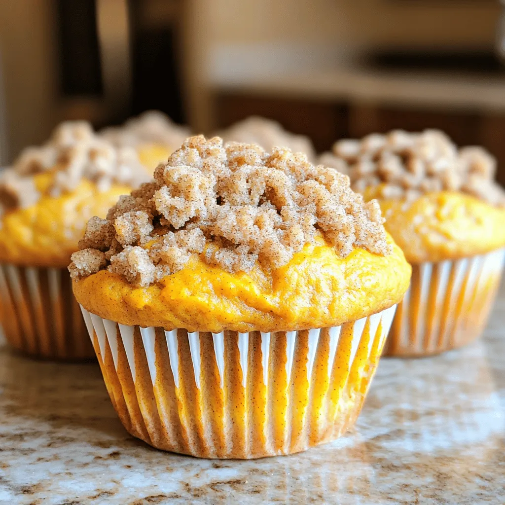 To make delicious pumpkin streusel muffins, you will need these main ingredients: - 1 cup canned pumpkin puree - 1/2 cup granulated sugar - 1/2 cup packed brown sugar - 1/2 cup vegetable oil - 2 large eggs - 1 teaspoon vanilla extract - 1 1/2 cups all-purpose flour - 1 teaspoon baking powder - 1 teaspoon baking soda - 1 teaspoon ground cinnamon - 1/2 teaspoon ground nutmeg - 1/2 teaspoon salt These ingredients combine to create a moist and flavorful muffin. Pumpkin puree gives a rich taste and lovely color. The sugars add sweetness, while the spices bring warmth. The streusel topping adds a delightful crunch. Here’s what you need for it: - 1/4 cup all-purpose flour - 1/4 cup packed brown sugar - 1 teaspoon ground cinnamon - 2 tablespoons cold butter, cubed This mixture will create a crumbly texture that contrasts beautifully with the soft muffin. For this recipe, the measurements are straightforward. You use standard cups and teaspoons. Keep everything in mind for accuracy. - Dry Ingredients: Measure flour and sugar carefully to avoid dense muffins. - Wet Ingredients: Ensure your pumpkin and oils are mixed well to create a smooth batter. These ingredients and measurements will help you create the best pumpkin streusel muffins! First, preheat your oven to 350°F (175°C). This step is key for even baking. Next, take a muffin tin and line it with paper liners. If you don’t have liners, grease each cup with oil or butter. This will keep your muffins from sticking. In a large bowl, add 1 cup of canned pumpkin puree. Then, mix in 1/2 cup of granulated sugar and 1/2 cup of packed brown sugar. Pour in 1/2 cup of vegetable oil. Crack in 2 large eggs and add 1 teaspoon of vanilla extract. Use a whisk to blend these ingredients until the mixture is smooth. Grab another bowl and add 1 1/2 cups of all-purpose flour. Then, add 1 teaspoon of baking powder and 1 teaspoon of baking soda. Sprinkle in 1 teaspoon of ground cinnamon, 1/2 teaspoon of ground nutmeg, and 1/2 teaspoon of salt. Whisk these dry ingredients together. Make sure there are no lumps. This helps your muffins rise nicely. In a small bowl, combine 1/4 cup of all-purpose flour, 1/4 cup of packed brown sugar, and 1 teaspoon of ground cinnamon. Cut in 2 tablespoons of cold, cubed butter. Use a fork or your fingers to mix until you see coarse crumbs. This will create a tasty crust for your muffins. Now, it’s time to fill the muffin cups. Spoon the pumpkin batter into each cup, filling them about 2/3 full. Sprinkle a tablespoon of the streusel topping on each one. Bake in your preheated oven for 18-20 minutes. To check if they are done, insert a toothpick into the center of a muffin. If it comes out clean or with a few moist crumbs, they are ready. Let them cool for about 5 minutes in the pan. Then, move them to a wire rack. To get the best muffin texture, focus on mixing. After combining wet and dry ingredients, stir gently. Overmixing adds air and makes muffins dense. You want a lumpy batter, not smooth. This keeps your muffins soft and fluffy. Also, use room temperature ingredients. They blend better and create a nice rise. Lastly, fill the muffin cups only two-thirds full. This allows room for them to rise perfectly. You can switch some ingredients if you need to. For example, use applesauce instead of oil. This will cut calories and add moisture. If you want less sugar, try using honey or maple syrup. These options add flavor and sweetness. For a gluten-free version, swap all-purpose flour with a gluten-free blend. Just make sure it has a good binding agent, like xanthan gum. To boost the flavor, add spices! A pinch of ginger gives warmth. Cloves add depth and a unique taste. You could even try cardamom for a twist. A touch of vanilla extract enhances sweetness too. Mix and match spices based on your preference. Experimenting can lead to a new favorite flavor! {{image_4}} You can easily add chocolate chips to your pumpkin muffins. Just mix 1 cup of semi-sweet chocolate chips into the batter before pouring it into the muffin cups. The rich chocolate pairs well with the warm spices and pumpkin flavor. This adds a sweet touch that both kids and adults will love. You can use mini chips for a more subtle chocolate flavor. To make gluten-free pumpkin muffins, swap regular flour for a gluten-free blend. Look for a blend that contains xanthan gum, which helps mimic the texture of wheat flour. You may also add an extra egg to improve the muffins' structure. This way, everyone can enjoy the delightful taste of pumpkin muffins without gluten. For vegan muffins, replace the eggs with flax eggs. To make one flax egg, mix 1 tablespoon of ground flaxseed with 3 tablespoons of water. Let the mix sit for about five minutes. You can also use plant-based oil instead of vegetable oil. Maple syrup or coconut sugar can replace granulated and brown sugar. These changes keep the muffins moist and delicious while being vegan-friendly. To keep your pumpkin streusel muffins fresh, store them in an airtight container. This keeps moisture in and prevents them from drying out. Place a piece of parchment paper between layers to avoid sticking. If you plan to eat them within a few days, they can stay at room temperature. For longer storage, refrigerate them for up to a week. Freezing is a great way to save muffins. First, let the muffins cool completely. Then, wrap each muffin tightly in plastic wrap. Place the wrapped muffins in a freezer bag, removing as much air as possible. You can freeze them for up to three months. When you're ready to enjoy, simply thaw them at room temperature or warm them in the oven. Reheating your muffins is easy. If frozen, let them thaw first. For warm muffins, preheat your oven to 350°F (175°C). Place the muffins on a baking sheet for about 10 minutes. You can also use a microwave. Heat each muffin for about 15-20 seconds. Enjoy them warm for the best flavor! You can use butternut squash puree in place of pumpkin puree. It has a similar taste and texture. Sweet potato puree is another option. It adds a nice sweetness to the muffins. You can also use applesauce if you want to reduce fat. Just keep in mind that it will change the flavor a bit. To check if the muffins are done, insert a toothpick into the center of a muffin. If it comes out clean or with a few moist crumbs, your muffins are ready. If the toothpick has wet batter on it, bake them a few more minutes. Typically, you should bake them for 18-20 minutes at 350°F. Yes, you can make these muffins in advance. They store well for a few days. Place them in an airtight container at room temperature. If you want to keep them longer, freeze them. Just wrap each muffin in plastic wrap and place them in a freezer bag. When you're ready to eat, thaw them at room temperature or microwave them for a few seconds. Pumpkin streusel muffins are easy and fun to make. We covered key ingredients, step-by-step instructions, and helpful tips. You learned how to get the best texture and flavor. Don’t forget the exciting variations, like chocolate chips or vegan options. Store them well to keep them fresh and tasty. With these simple steps and ideas, you can bake muffins your friends and family will love. I hope you enjoy your baking adventure!