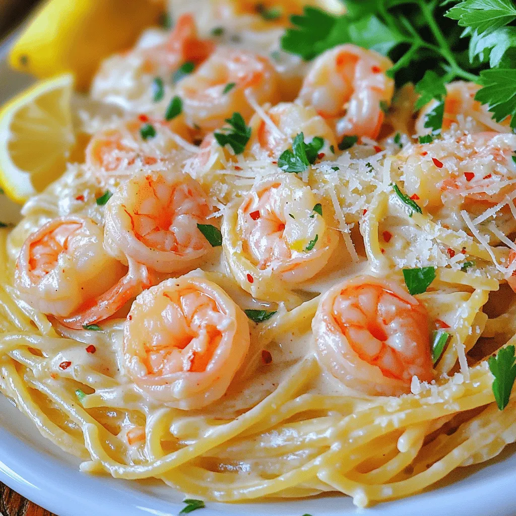 - 8 ounces spaghetti pasta - 1 pound large shrimp, peeled and deveined - 4 tablespoons unsalted butter, divided - 4 cloves garlic, minced - 1 cup heavy cream - 1 cup grated Parmesan cheese - 1/2 teaspoon red pepper flakes - 1/4 cup fresh parsley, finely chopped - Lemon wedges for serving - Salt - Black pepper Gather these ingredients for a quick and tasty meal. Start with 8 ounces of spaghetti pasta. This will be our base. You’ll need 1 pound of large shrimp, peeled and deveined. The shrimp add great flavor and protein. Use 4 tablespoons of unsalted butter, divided, to give a rich taste. Next, add 4 cloves of minced garlic. Garlic brings warmth and aroma to the dish. For creaminess, you’ll need 1 cup of heavy cream. It makes the sauce rich and smooth. Don't forget 1 cup of grated Parmesan cheese. This will add depth and a cheesy finish. For a bit of heat, use 1/2 teaspoon of red pepper flakes, but this is optional. You can sprinkle in 1/4 cup of fresh parsley for color and freshness. Lastly, have lemon wedges ready for serving. The lemon brightens up the dish. Now, season with salt and black pepper to taste. This will enhance all the flavors. With these ingredients, you are on your way to making a delightful garlic butter shrimp pasta! 1. First, fill a big pot with water. 2. Add a generous pinch of salt and bring it to a boil. 3. Once boiling, add 8 ounces of spaghetti. 4. Cook until the spaghetti is al dente, about 8-10 minutes. 5. After cooking, drain the pasta. Make sure to save 1/2 cup of pasta water. 1. In a large skillet, melt 2 tablespoons of butter over medium heat. 2. Once melted, add 4 minced garlic cloves and optional red pepper flakes. 3. Sauté for about 30 seconds until the garlic smells good. 4. Then, add 1 pound of peeled shrimp, seasoning with salt and black pepper. 5. Cook the shrimp for 2-3 minutes per side, until pink and opaque. 6. When cooked, remove the shrimp from the skillet and set them aside. 1. In the same skillet, add the remaining 2 tablespoons of butter. 2. Once melted, pour in 1 cup of heavy cream and stir well. 3. Let the cream simmer for 2-3 minutes to thicken a bit. 4. Gradually mix in 1 cup of grated Parmesan cheese, whisking until smooth. 5. If the sauce is too thick, stir in some reserved pasta water until you like it. 1. Return the cooked spaghetti and shrimp to the skillet. 2. Toss everything together until the pasta and shrimp are coated with the sauce. 3. Add 1/4 cup of chopped parsley for a fresh touch. 1. Plate the creamy shrimp pasta in bowls. 2. Garnish with extra parsley and serve with lemon wedges on the side. 3. The lemon adds a nice zing to the dish! To make the best pasta, avoid overcooking. Cook spaghetti until it is al dente. This means it should be firm to the bite. If you cook it too long, it becomes mushy. Always check the package for cooking times. When draining the pasta, save some water. Reserve about 1/2 cup of pasta water. This starchy water helps adjust the sauce later. If your sauce is too thick, add some reserved pasta water. Stir well to combine. For a smooth cream sauce, keep an eye on the consistency. You want it thick but pourable. If it gets too thick, add the reserved pasta water. Stir in small amounts until you reach the right texture. You can also mix in different cheese options. Try adding mozzarella or cream cheese for a twist. Each cheese gives a unique flavor to the dish. Experiment to find what you like best. To know when shrimp is done, watch for color changes. They should turn pink and opaque. This takes about 2-3 minutes on each side. Undercooking is better, as they will cook more in the sauce. To avoid rubbery shrimp, do not overcook them. Shrimp cooks quickly, so stay attentive. If they curl tightly, they are overdone. Keep a close eye to get them just right. {{image_4}} You can switch up the protein in this dish. Try using chicken instead of shrimp. Simply cut the chicken into small pieces and sauté until golden. If you like seafood, scallops are another great choice. They cook quickly and add a nice flavor. Don't forget to adjust cooking times. Also, consider adding vegetables for extra nutrients. Spinach wilts nicely in the creamy sauce. Asparagus adds a nice crunch. Just chop it into small pieces and cook it with the shrimp. You can play with flavors in this dish. Add fresh herbs like basil or thyme for a new taste. If you want a little kick, use more red pepper flakes. Sun-dried tomatoes give a sweet, tangy twist. Chop them up and mix them in the sauce. Olives can also add a briny flavor. Just slice them and stir them in before serving. Experimenting with flavors makes this dish fun and unique. If you're watching carbs, try making this dish low-carb. Use zucchini noodles instead of spaghetti. They add a fresh taste and are easy to cook. You can spiralize zucchini to get the noodle shape. For those who need a dairy-free option, you can swap the heavy cream. Use coconut milk for a rich base. Nutritional yeast can add a cheesy flavor without dairy. These adaptations let everyone enjoy this dish! To keep your creamy garlic butter shrimp pasta fresh, store it in an airtight container. This helps prevent any strong odors from your fridge. It will last for about 3 days. Make sure to let it cool before sealing it up. When you're ready to enjoy leftovers, reheating is key. You can use the microwave or stovetop. If you use the microwave, heat in short bursts. Stir in between to keep it moist. If you prefer stovetop, add a splash of water or cream to the pan. Heat it over low heat, stirring gently until warm. You can freeze this dish if you want to save it for later. Place it in a freezer-safe container. It will stay fresh for about 2 months. When you're ready to eat, move it to the fridge overnight to thaw. After it's thawed, reheat as mentioned before. This way, you can enjoy a quick meal anytime! To make creamy shrimp pasta from scratch, start by cooking your spaghetti in salted boiling water. Once it's al dente, drain it but save some pasta water. In a skillet, melt butter and cook minced garlic until fragrant. Then, add shrimp seasoned with salt and pepper. Cook the shrimp until pink, then set them aside. In the same skillet, add more butter and heavy cream. Let it simmer, then stir in grated Parmesan cheese until smooth. Finally, combine the pasta and shrimp in the sauce and toss well. Yes, you can use frozen shrimp for this recipe. Just thaw the shrimp before cooking. You can do this by leaving them in the fridge overnight or placing them in cold water for about 15-20 minutes. Once thawed, peel and devein them if needed. This will save you time and still give you great flavor. If you need a substitute for heavy cream, use half-and-half mixed with a little butter. You can also try coconut cream for a dairy-free option. Another choice is to mix milk with cornstarch to thicken it. This gives a rich texture without using heavy cream. To add spice to this dish, include more red pepper flakes. You can adjust the amount based on your spice level. Another option is to add a dash of hot sauce while cooking. For more heat, consider using fresh chopped chili peppers or a sprinkle of cayenne pepper. Yes, it is safe to reheat shrimp pasta. Just be careful not to overheat it, as shrimp can become rubbery. You can reheat it in the microwave or on the stovetop. If using the stovetop, add a splash of water or broth to keep it moist. Heat it gently until warmed through. This blog post covered a simple, delicious creamy shrimp pasta recipe. We explored key ingredients like spaghetti, shrimp, butter, and heavy cream, as well as optional add-ins like red pepper flakes and parsley. I shared easy step-by-step instructions and offered tips to elevate your dish. Remember, you can customize it with different proteins and flavors to suit your taste. Enjoy creating this meal, and don’t forget to store any leftovers properly. With a few simple techniques, you will impress your family and friends with your cooking skills.