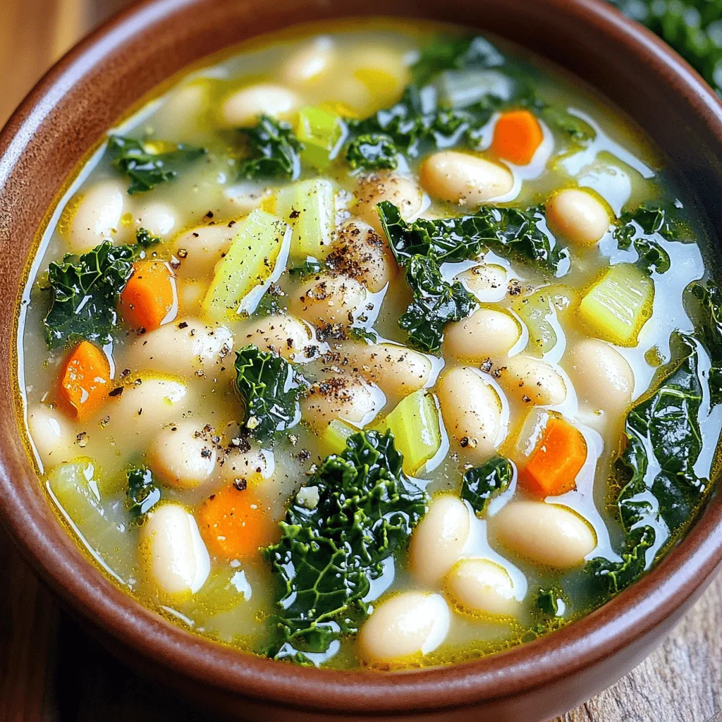 To make this soup, you need a few key items. Here’s what you’ll require: - 1 cup dried white beans (cannellini or great northern), soaked overnight and drained - 4 cups vegetable broth - 1 medium onion, finely diced - 2 cloves garlic, minced - 2 medium carrots, diced into bite-sized pieces - 2 celery stalks, diced - 4 cups kale, ribs removed and leaves torn into bite-sized pieces These main ingredients create a hearty base for your soup. The beans give it protein, while the veggies add flavor and nutrients. Seasoning transforms the soup from simple to savory. Here are the seasonings you'll need: - 1 teaspoon dried thyme - 1 teaspoon smoked paprika - 1 bay leaf - Salt and black pepper to taste - 2 tablespoons extra-virgin olive oil - Juice of 1 fresh lemon These seasonings create depth in your soup. The thyme and smoked paprika add warmth. The bay leaf infuses a nice aroma. Garnishes can elevate your soup’s look and taste. Consider these options: - Freshly grated Parmesan cheese for serving - A sprig of fresh thyme or a lemon wedge Garnishes add a lovely touch. They also bring extra flavor and a pop of color to your dish. Enjoy experimenting with these extras! Start by soaking 1 cup of dried white beans overnight. This helps them cook evenly. The next day, drain the beans. Dice 1 medium onion finely, mince 2 cloves of garlic, and chop 2 medium carrots and 2 celery stalks into bite-sized pieces. Gather 4 cups of kale, removing the tough ribs and tearing the leaves into smaller pieces. In your slow cooker, add the soaked white beans and pour in 4 cups of vegetable broth. Next, mix in the diced onion, minced garlic, chopped carrots, and celery. Sprinkle in 1 teaspoon of dried thyme and 1 teaspoon of smoked paprika. Then, add 1 bay leaf for flavor. Stir all the ingredients gently to combine them. Secure the lid and cook on low for 6 to 8 hours or on high for 3 to 4 hours. The beans should be soft when done. About 30 minutes before serving, add the torn kale to the pot. Stir it well and cover again. This lets the kale wilt and become tender. When the soup is ready, remove the bay leaf. Stir in 2 tablespoons of extra-virgin olive oil and the juice of 1 fresh lemon. Add salt and black pepper to taste. Ladle the warm soup into bowls. If you like, sprinkle some freshly grated Parmesan cheese on top for extra flavor. To soak dried beans, follow these steps: - Place 1 cup of dried white beans in a bowl. - Cover the beans with water, ensuring they are submerged. - Let the beans soak overnight at room temperature. - Drain and rinse the beans before using them in your soup. Soaking beans softens them. This reduces cooking time and helps them cook evenly. If you forget to soak overnight, you can use the quick-soak method. Boil the beans in water for 2 minutes, then remove from heat. Let them sit for 1 hour. For a creamy soup, use cannellini or great northern beans. These beans break down well and give the soup a smooth texture. Cook the soup on low for 6 to 8 hours. This longer cook time allows the flavors to meld and the beans to soften perfectly. Add the kale about 30 minutes before serving. This way, it will wilt yet retain some texture. You want it tender but not mushy. Stir gently when mixing in the kale to keep the beans intact. Start with the basic seasonings: dried thyme, smoked paprika, salt, and black pepper. Taste the soup after cooking for about 6 hours. Adjust the seasonings as needed. If you like it spicier, add a pinch of red pepper flakes. If you want more zest, a bit more lemon juice can brighten the flavor. Don’t forget to remove the bay leaf before serving. It adds flavor but isn’t edible. Each small tweak can make the soup perfect for your taste! {{image_4}} You can add meat for extra flavor and protein. Chicken or sausage works well. Cooked bacon bits add a nice crunch, too. If you want to use meat, add it at the start. This gives it time to cook with the beans. For a plant-based option, try adding tempeh or lentils. These also bring a hearty texture to the soup. This soup is easy to make vegan or vegetarian. Simply skip the cheese and use vegetable broth. You can also boost the flavor with vegan sausage. Add extra veggies like zucchini or bell peppers for more nutrients. Always check labels for hidden animal products if you are strict. Feel free to swap in seasonal veggies. In spring, fresh peas or asparagus taste great. In fall, add pumpkin or sweet potato for a warm twist. You can also try different greens. Swiss chard or spinach can replace the kale. The soup remains delicious with these simple changes. To store leftover soup, let it cool first. Place it in an airtight container. Make sure to fill the container only to the top. This keeps the soup fresh. Store it in the fridge for up to three days. If you want it to last longer, freezing is a great option. When freezing soup, use a freezer-safe container. Leave some space at the top for expansion. You can also use freezer bags for easy storage. Label each bag with the date and contents. This helps you keep track of your meals. The soup can stay fresh in the freezer for up to three months. To reheat the soup, use a pot on the stove. Heat it over medium heat, stirring often. If the soup is too thick, add a bit of water or broth. You can also use the microwave. Place the soup in a bowl, cover it, and heat for a few minutes. Stir halfway through to heat evenly. Always taste before serving to adjust the seasonings. Yes, you can use canned beans. They save time and are already cooked. Just rinse them well to remove extra salt. Use about two cans for this recipe. Add them during the last hour of cooking. This way, they won’t get too soft. You know the beans are cooked when they are soft and creamy inside. If you can mash them with a fork, they’re done. Check them after the cooking time. If they need more time, let them cook longer. The slow cooker does a great job of making them tender. This soup pairs well with crusty bread or a fresh side salad. You can also serve it with a sprinkle of Parmesan cheese. For a fun twist, try adding a drizzle of balsamic glaze. It adds a nice touch of flavor! Yes, this soup is great for meal prep. It stores well in the fridge for up to five days. You can also freeze it for up to three months. Just let it cool before you store it. When ready to eat, reheat it gently on the stove or in the microwave. In this blog post, we explored the key ingredients and steps to make Slow Cooker White Bean Kale Soup. We discussed essential seasonings, optional garnishes, and tips for soaking dried beans. You learned how to adjust the soup's flavors and incorporate proteins or seasonal swaps. Remember, this soup is easy and flexible. Try different ingredients to make it your own. Enjoy cooking and savor every delicious bite!