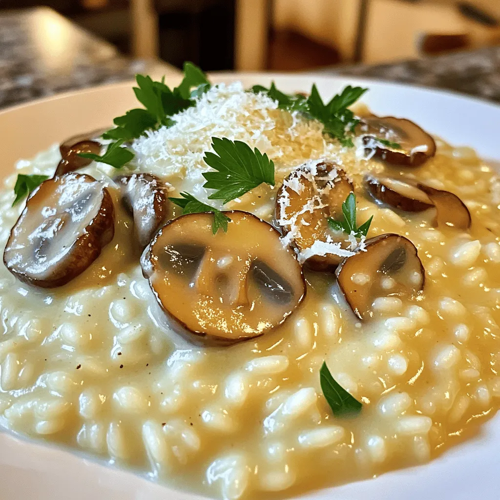 To make creamy garlic mushroom risotto, gather these items: - 1 ½ cups Arborio rice - 4 cups vegetable broth, kept warm - 1 cup mushrooms (shiitake or cremini), sliced - 1 medium onion, finely chopped - 3 cloves garlic, minced - 1 cup heavy cream or a plant-based alternative - ½ teaspoon dried thyme - ½ cup grated Parmesan cheese or a vegan substitute - 2 tablespoons olive oil - 1 tablespoon butter or a vegan option - Salt and freshly cracked pepper to taste - Fresh parsley, chopped for garnish Using quality ingredients makes a big difference in risotto. Fresh mushrooms give a rich flavor. Arborio rice absorbs liquid well, creating that lovely creamy texture. Good broth adds depth to the dish. Always choose fresh produce for the best taste. Quality cheese enhances the overall dish. Each ingredient plays a vital role in the final product. You can easily adjust this recipe for dietary needs: - Rice: Use other short-grain rice if Arborio is not available. - Broth: Use chicken broth for a non-vegetarian version. - Cream: Swap heavy cream with coconut milk or cashew cream for a vegan option. - Cheese: Nutritional yeast can replace cheese for a dairy-free touch. - Butter: Use olive oil instead for a vegan-friendly option. These substitutions keep the creamy garlic mushroom risotto tasty and satisfying for everyone. Start by warming the vegetable broth in a saucepan on low heat. This step is key. A warm broth helps the rice cook evenly. You want to keep it hot but not boiling. This prepares you for the next steps. In a large skillet, heat olive oil and butter over medium heat. Once hot, add the chopped onion. Sauté it until it turns translucent. This usually takes about 3-4 minutes. Then, add the minced garlic. Stir it in and let it cook for about 30 seconds. This helps release its great flavor. Next, toss in the sliced mushrooms. Stir occasionally, cooking until they are tender and golden brown. This should take about 5-7 minutes. Once the mushrooms are ready, add the Arborio rice. Stir well to coat the rice with the garlic-mushroom mix. Cook for 1-2 minutes. You want the rice to look slightly translucent on the edges. Now it’s time to start adding broth. Use a ladle to add one scoop of warm vegetable broth to the skillet. Stir the rice often. Wait until the rice absorbs the broth before adding more. Repeat this process for 18-20 minutes. You want the rice to be creamy and just al dente. Once the rice is cooked, stir in the heavy cream and grated Parmesan cheese. If you prefer, you can use a vegan cheese. Add the dried thyme, salt, and freshly cracked pepper. Adjust the seasoning to your taste. Remove the skillet from the heat and cover it. Let the risotto sit for a few minutes to thicken. Serve it hot, garnished with fresh parsley and extra cheese if you like. Enjoy this warm and flavorful dish! To get smooth and creamy risotto, you must stir often. As the rice cooks, it releases starch. This starch helps create a rich texture. Add broth one ladle at a time. Wait for the rice to soak in the liquid before adding more. This slow process gives you that perfect creamy finish. Keep an eye on the rice. It should be tender but still have a slight bite, known as al dente. One common mistake is adding all the broth at once. This leads to uneven cooking and a thick mess. Another mistake is not stirring enough. Stirring helps keep the rice from sticking and helps it cook evenly. Also, don’t rush the cooking. Each step is important for the flavors to build. Lastly, don’t skip the resting time after cooking. This allows the flavors to meld and the risotto to thicken. To boost flavor, use fresh thyme or parsley. These herbs add brightness and depth. Try adding a pinch of nutmeg for warmth. A splash of white wine can also elevate the dish. If you want a spicy kick, add a dash of crushed red pepper. Always taste as you go. Adjust salt and pepper to suit your preferences. These simple additions make your risotto even more delicious. {{image_4}} You can easily make this risotto vegan. Use plant-based cream instead of heavy cream. Nutritional yeast can replace Parmesan cheese. This will give you a cheesy flavor without dairy. Olive oil and vegan butter work well too. Just follow the same steps in the recipe. The taste remains rich and creamy. To add protein, consider chicken, shrimp, or tofu. For chicken, cook bite-sized pieces in the skillet before adding onions. Shrimp can join the mushrooms, cooking until pink. If you prefer tofu, use firm tofu and cook until golden. Adding protein makes the dish more filling and satisfying. The type of mushroom can change the flavor. Shiitake and cremini are great choices. You can also try portobello for a meaty texture. If you like a stronger taste, use oyster mushrooms. Each type brings a unique flavor to the risotto. Mix and match for an exciting twist! Once you finish your meal, let the risotto cool down. Place it in an airtight container. Make sure you store it in the fridge. Risotto can last up to three days this way. For the best taste, eat it within two days. To reheat your risotto, add a splash of broth or water to a pan. Heat it over low heat. Stir often until it warms. This helps keep the creaminess. You can also use the microwave. Just add some liquid and cover it to avoid drying out. If you want to freeze risotto, let it cool completely first. Then, scoop portions into freezer bags. Squeeze out the air and seal them well. This method keeps the risotto fresh for up to two months. When you’re ready to eat, thaw it in the fridge overnight. Then, reheat it with some broth or water to restore the creamy texture. No, Arborio rice is best for risotto. It has more starch than regular rice. This starch makes the risotto creamy. If you use regular rice, the dish may not be as rich. Risotto lasts about 3 to 5 days in the fridge. Store it in an airtight container. Let it cool down before placing it in the fridge. This helps keep the flavors fresh. You can make risotto in advance, but it is best fresh. If you make it early, undercook it slightly. This way, when you reheat, it will not become mushy. Add a bit of broth when reheating to restore creaminess. You can serve risotto with many dishes. Try a simple green salad for freshness. Grilled vegetables or garlic bread are also great choices. For protein, consider chicken or sautéed shrimp. In this article, we covered key points for making creamy garlic mushroom risotto. We explored the best ingredients, the step-by-step cooking method, and tips for perfect texture. Understanding substitutions helped meet dietary needs. We also looked at delicious variations and proper storage. My final thought is that great risotto comes from quality ingredients and practice. Enjoy your cooking journey!
