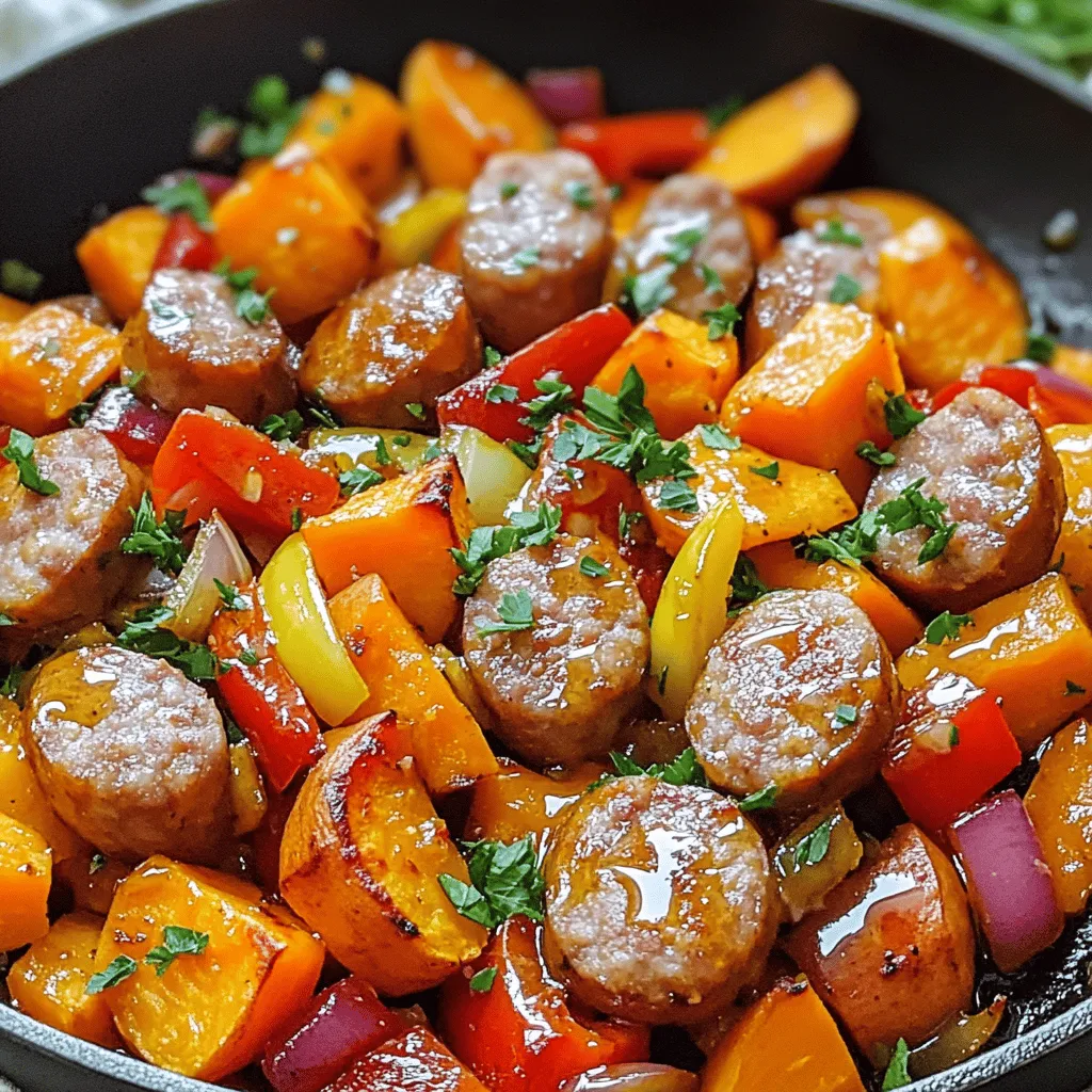 - 4 links of chicken or turkey sausage, sliced into rounds - 2 medium sweet potatoes, peeled and diced into small cubes - 1 red bell pepper, chopped into bite-sized pieces - 1 small yellow onion, diced finely - 3 garlic cloves, minced - 3 tablespoons honey - 2 tablespoons olive oil - 1 teaspoon smoked paprika - 1/2 teaspoon salt - 1/4 teaspoon black pepper - Fresh parsley, chopped Gathering these ingredients is the first step to making a tasty meal. I love using chicken or turkey sausage for this dish. It adds a nice, savory flavor. Sweet potatoes bring a bit of sweetness and a lovely texture. Red bell pepper and onion add crunch and color. Garlic brings great aroma and taste. Next, you need honey. It balances the savory notes of the sausage. Olive oil works wonders for cooking and adds a rich flavor. Smoked paprika gives a warm, smoky taste that you will enjoy. Salt and black pepper are essential to bring out all the flavors. Finally, fresh parsley makes a great garnish. It adds color and freshness to the dish. When you mix all these ingredients, you create a delicious blend that sings in your mouth. Trust me, it’s worth it! Start by peeling the sweet potatoes. Cut them into small cubes. This helps them cook faster and evenly. Next, slice the sausage into rounds. Chop the red bell pepper into bite-sized pieces. Dice the yellow onion finely. Finally, mince the garlic cloves. Each ingredient adds its own flavor. In a large skillet, heat 1 tablespoon of olive oil over medium heat. When the oil is hot, add the diced sweet potatoes. Season them with salt, black pepper, and smoked paprika. Sauté the sweet potatoes for about 10-12 minutes. Stir occasionally until they become tender and slightly caramelized. This step builds a great base for our dish. Next, move the sautéed sweet potatoes to one side of the skillet. Create space for the other ingredients. Add another tablespoon of olive oil into the empty side. Place the diced onion and chopped bell pepper there. Sauté for 3-4 minutes. The onion should become translucent and the bell pepper should soften nicely. Now, add the sliced sausage to the skillet. Stir everything together to combine. Let the mixture cook for an additional 5-6 minutes. This helps the sausage brown and heat through. It also shares its delicious flavor with the vegetables. Finally, stir in the minced garlic and drizzle the honey over the mixture. Mix well to coat everything. Cook for another 2-3 minutes until the garlic is fragrant and the honey forms a glaze. Once cooked, take the skillet off the heat. Taste and adjust the seasoning if needed. Sprinkle chopped fresh parsley on top. This adds a burst of color and freshness. For a charming touch, serve the skillet directly on the table. You can also plate individual servings and garnish each with extra parsley. Enjoy your meal! To ensure even cooking of sweet potatoes, cut them into small cubes. The smaller they are, the quicker and better they cook. Always add a pinch of salt and smoked paprika to enhance their flavor while cooking. Properly browning sausage adds a rich taste. Use medium heat and let the sausage sit in the skillet for a few minutes before stirring. This helps form a nice sear. If you want to adjust sweetness, add more or less honey. Start with a tablespoon, then taste the dish. You can always add more, but it's hard to take it away. Utilizing fresh herbs, like parsley, brightens the dish. Chop them finely and sprinkle on top just before serving. This adds color and flavor. Serving directly in the skillet offers a rustic and warm feel. It invites people to dig in right away. Alternatively, you can plate individual servings. This makes for a nice table presentation. Garnish each plate with extra chopped parsley to make it pop. {{image_4}} You can switch up the sausage type for fun. Try pork or vegetarian sausage. Each option gives a new taste. You can also change the veggies. Use zucchini or broccoli instead of bell pepper. These swaps keep the meal fresh and exciting. If you need gluten-free, check your sausage label. Most chicken or turkey sausages fit this need. You can also use sweet potatoes as a great base. To make it paleo-friendly, skip the honey. Use a natural sweetener like maple syrup instead. This keeps the dish healthy and tasty. Want to spice it up? Add chili flakes for some heat. Just sprinkle them in while cooking. For a bright twist, add citrus juice. A squeeze of lemon or lime at the end makes the flavors pop. These small changes can create a whole new dish. After cooking, let the Honey Garlic Sausage & Sweet Potatoes Skillet cool. Store it in an airtight container in the refrigerator. It stays fresh for up to three days. To reheat, simply warm it in a skillet over medium heat. Stir occasionally until heated through. You can also use the microwave for quick reheating. Just cover it to keep moisture in. If you want to enjoy this dish later, consider freezing it. Portion the skillet into small containers. Make sure they are freezer-safe. This dish can last up to two months in the freezer. When you're ready to eat, thaw the container in the fridge overnight. Reheat it in a skillet or microwave until hot. To keep your ingredients fresh before cooking, store sweet potatoes in a cool, dark place. Keep the sausage in the fridge and use it by the date on the package. Check for signs of spoilage, like a weird smell or change in color. If you notice these signs, it’s best to throw it away. Fresh ingredients make for a better meal! Yes, you can! This recipe works well with many types of sausage. You might try spicy Italian sausage for a kick or apple chicken sausage for a sweet twist. Use what you enjoy most. Each sausage brings its unique flavor, which can change the dish. To add heat, sprinkle in some red pepper flakes while cooking. You can also use spicy sausage instead of mild. Another option is to add diced jalapeños or hot sauce to the mix. Just be careful to taste as you go. You want the heat to enhance the dish, not overpower it. Yes, you can prepare some parts ahead. You can chop the veggies and sausage a day before. Store them in the fridge in airtight containers. Cook the dish when you're ready. Leftovers can be stored in the fridge for up to three days. Just reheat in a skillet or microwave. This dish pairs nicely with a simple green salad for freshness. You could also serve it with crusty bread to soak up the sauce. For a heartier meal, try it with rice or quinoa. Each side will complement the sweet and savory flavors beautifully. This blog post covered a delicious dish made from chicken sausage, sweet potatoes, and vibrant veggies. You learned how to prep the ingredients and cook them step by step. Tips for flavor, cooking, and presentation help make this dish a hit. Remember, you can switch up ingredients and adjust flavors to fit your taste. Enjoy this meal fresh or stored for later. With these easy steps, you can create a satisfying dish anytime. Give it a try and see how fun cooking can be!