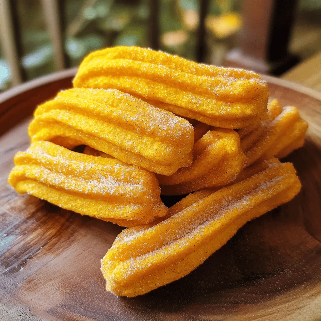 - 1 cup all-purpose flour - 1/2 cup pumpkin puree - 1/4 cup granulated sugar (for the dough) - 2 tablespoons unsalted butter, melted - 1 teaspoon baking powder - 1/2 teaspoon ground cinnamon - 1/4 teaspoon ground nutmeg - 1/4 teaspoon salt - 1/2 cup water - 1/4 cup granulated sugar (for coating) - 1 teaspoon ground cinnamon (for coating) To make these churros, you will need a few key tools: - Air fryer - Medium saucepan - Wooden spoon - Piping bag with a star-shaped tip - Parchment paper - Shallow bowl for coating These tools help you create churros that are crispy on the outside and soft inside. While the churros are tasty on their own, you can add some fun extras: - Chocolate sauce for dipping - Caramel sauce for a sweet twist - A sprinkle of extra cinnamon for garnish These options make your churros even more special and fun to eat! For the dough, start by heating a medium saucepan on medium heat. Add 1/2 cup of pumpkin puree, 1/4 cup granulated sugar, and 2 tablespoons of melted butter. Pour in 1/2 cup of water. Stir gently until it boils, which takes about 3-4 minutes. Once boiling, take it off the heat. Now, quickly add 1 cup of all-purpose flour, 1 teaspoon baking powder, 1/2 teaspoon ground cinnamon, 1/4 teaspoon ground nutmeg, and 1/4 teaspoon salt. Use a wooden spoon to mix until the dough pulls away from the pan. This should take about 1-2 minutes. Let the dough cool for about 5 minutes to make it easier to handle. While the dough cools, preheat your air fryer to 375°F (190°C). Once the dough has cooled, transfer it into a piping bag fitted with a star tip. Pipe the dough onto parchment paper into long strips, about 5 inches each. Place the churros in the air fryer basket without crowding them. You may need to cook in batches. Air fry the churros for 10-12 minutes, checking at 10 minutes to avoid burning. They should be golden brown and crispy when done. In a shallow bowl, mix 1/4 cup granulated sugar with 1 teaspoon ground cinnamon. Right after cooking, toss the warm churros in this cinnamon-sugar mixture until they are fully coated. Serve them warm for the best taste. Enjoy every bite of these pumpkin churros! To make great churros, the dough must be just right. Start by mixing the water, pumpkin puree, melted butter, and sugar until it boils. This step is key. When you add the flour and other dry ingredients, stir hard. You want a dough that pulls away from the pan. If the dough feels sticky, add a touch more flour. If it’s too dry, add a bit of water. For crispy churros, you must preheat your air fryer to 375°F (190°C). This helps them cook evenly. Once you pipe the dough, keep the churros spaced out in the basket. Overcrowding makes them steam instead of fry. Cook them for 10-12 minutes, checking at 10 minutes. They should be golden brown. If your churros are too soft, you may not have cooked them long enough. Always check for that nice golden color. If they stick to the air fryer, try using parchment paper or spray the basket with a little oil. For churros that lack flavor, make sure to measure your spices accurately. A little more cinnamon can make a big difference! {{image_4}} You can play with flavors in these churros. Try adding cocoa powder for chocolate churros. Mix in 2 tablespoons of cocoa with the dry ingredients. If you love vanilla, add a splash of vanilla extract to your wet mix. This gives a sweet touch that pairs well with pumpkin. You can even mix in spices like ginger or allspice to create a unique taste. For a gluten-free version, swap all-purpose flour for a gluten-free blend. Look for a blend that includes xanthan gum for better texture. You can also use almond flour for a nutty flavor. Just keep in mind that the dough may need slight adjustments. Add a bit more water if the dough is too dry. This way, you can enjoy the churros without gluten. Serving these churros can be fun! Place them in a tall glass for a nice look. Add a small bowl of chocolate sauce or caramel for dipping. This adds more flavor and excitement. You can also sprinkle some crushed nuts or sprinkles on top for a crunch. Pair them with hot chocolate or coffee for a cozy treat. Enjoying these churros warm makes them even better! To keep your leftover churros fresh, place them in an airtight container. This helps maintain their texture and flavor. If you have a few churros, you can stack them with parchment paper between layers. This keeps them from sticking together. Store the container in a cool, dry spot for up to two days. For longer storage, consider freezing. When you want to enjoy your churros again, reheating is key. Preheat your air fryer to 350°F (175°C). Place the churros in the basket, making sure they are not crowded. Heat them for about 3-5 minutes. This method keeps them crispy and avoids sogginess. You can also use a conventional oven at the same temperature for 5-7 minutes. Freezing churros is a great way to save them for later. First, let the churros cool completely. Then, place them in a single layer on a baking sheet. Freeze them for about an hour. Once frozen, transfer the churros to a freezer-safe bag or container. They can stay in the freezer for up to three months. When you’re ready to eat them, cook from frozen using the air fryer. Adjust the time to about 8-10 minutes. Enjoy your pumpkin churros any time! Yes, you can use fresh pumpkin. Start by roasting a small pumpkin. Cut it in half and scoop out the seeds. Roast the halves cut side down on a baking sheet at 400°F (200°C) for about 30-40 minutes. Once soft, scoop out the flesh and mash it until smooth. Use this fresh pumpkin in place of canned puree in the recipe. This adds a lovely flavor and freshness to your churros. To stop churros from sticking, coat your air fryer basket with cooking spray or a light layer of oil. It helps create a barrier between the churros and the basket. Be careful not to overcrowd the basket. Leave space between each churro for hot air to flow, ensuring even cooking. This also helps them crisp up nicely. Serve your churros warm for the best taste. You can stack them in a tall glass for a fun look. Add a side of chocolate sauce or caramel for dipping. You might sprinkle extra cinnamon on top for a nice touch. This makes them even more appealing and delicious! You learned how to make delicious air fryer pumpkin churros from scratch. We covered the ingredients, tools, and optional toppings. The step-by-step guide helped you prepare the dough and achieve that perfect crispy texture. You also found tips for variations and storage. With these methods, you can enjoy churros anytime. Now, it’s time to bring fun to your kitchen. Enjoy making these tasty treats with family and friends!