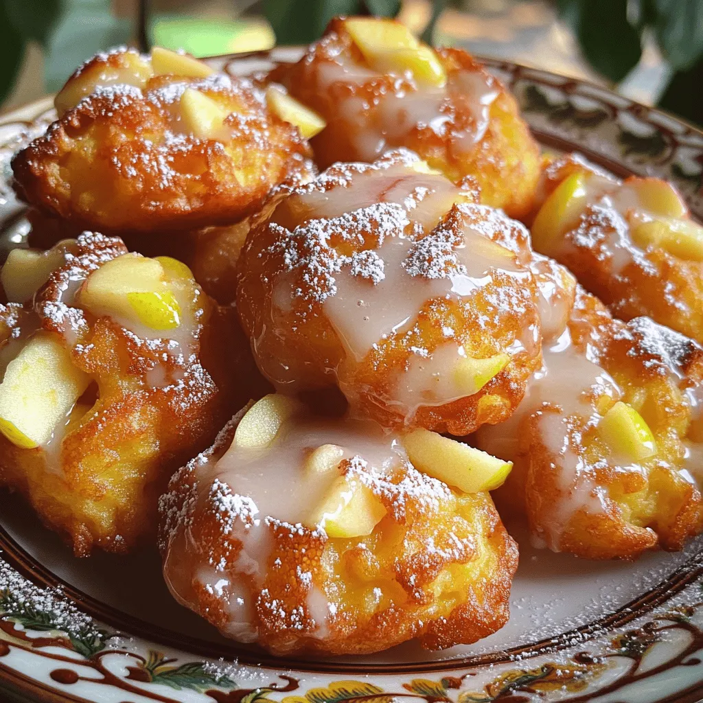 - 2 medium-sized apples (like Granny Smith or Honeycrisp), peeled, cored, and diced - 1 cup all-purpose flour - 1 teaspoon baking powder - 1/2 teaspoon baking soda - 1/2 teaspoon ground cinnamon - 1/4 teaspoon ground nutmeg - 1/4 teaspoon salt - 1/3 cup granulated sugar - 1/2 cup milk (whole or 2%) - 1 large egg - 1 teaspoon vanilla extract - 1/2 cup powdered sugar (for the glaze) - 2 tablespoons warm water (to thicken the glaze) - Vegetable oil (for frying) You can swap some ingredients based on what you have. For apples, any sweet variety works. Try Fuji or Gala apples if you like. Use almond milk or oat milk if you want a dairy-free option. If you have no granulated sugar, brown sugar can add a nice flavor. For the egg, use a flax egg or applesauce as a substitute. This keeps the fritters moist and tasty. You’ll need a few basic tools: - Mixing bowls - A whisk - A spoon or small ice cream scoop for dropping batter - A deep frying pan or Dutch oven - A thermometer to check oil temperature - Paper towels for draining - A small bowl for the glaze These tools help make the process easy and fun. Enjoy cooking with them! First, peel the apples. I like to use Granny Smith or Honeycrisp for their flavor. Next, remove the cores and dice the apples into small cubes. Aim for about half an inch in size. Set them aside in a bowl. This step is key to adding juicy bites in each fritter. In a large bowl, combine the dry ingredients. Add one cup of all-purpose flour, one teaspoon of baking powder, and half a teaspoon of baking soda. Next, toss in half a teaspoon of ground cinnamon, a quarter teaspoon of ground nutmeg, and a quarter teaspoon of salt. Finally, mix in one-third cup of granulated sugar. Use a whisk to blend everything well, until there are no lumps. In another bowl, you will mix the wet ingredients. Pour in half a cup of milk, add one large egg, and include one teaspoon of vanilla extract. Whisk these together until the mixture is smooth. This will help your fritters stay moist and flavorful. Now, it’s time to make the batter. Gradually pour the wet mix into the dry ingredients. Stir gently until just combined. Don't overmix; some lumps are okay! After that, carefully fold the diced apples into the batter. This ensures each fritter has tasty apple pieces. In a deep frying pan, pour enough vegetable oil to cover about an inch of the bottom. Heat the oil over medium heat until it reaches around 350°F (175°C). To test if it’s ready, drop a small spoonful of batter into the oil. If it bubbles and floats, you're good to go! Spoon heaping amounts of batter into the hot oil. Make sure not to crowd the pan. Fry each fritter for about 2-3 minutes per side. Look for a golden brown color. When they are done, place them on a paper towel-lined plate to drain excess oil. While the fritters cool slightly, prepare the glaze. In a small bowl, whisk half a cup of powdered sugar with two tablespoons of warm water. Mix until you have a smooth, creamy glaze. If you like it thicker, add more powdered sugar bit by bit until it’s perfect. When the fritters are warm, glaze them. You can either drizzle the glaze over the fritters or dip each one into the glaze for full coverage. Let the glaze set for a few minutes before serving. Enjoy the warm, sweet, and apple-filled bites! To get a perfect fritter, focus on the batter. - Less is more: Mix the wet and dry ingredients gently. Lumps are okay. - Diced apples: Cut your apples into small cubes. This helps distribute their taste. - Rest the batter: Let it sit for about 10 minutes before frying. This gives a better rise. Frying is key to great apple fritters. - Oil temperature: Heat oil to 350°F (175°C). Test with a small batter drop. - Do not crowd: Fry only a few fritters at once. This keeps the oil hot. - Golden brown: Fry until they turn a nice golden color. This means they are cooked inside. You can change up the flavors in your fritters. - Spices: Try adding more cinnamon or some ginger for warmth. - Nuts: Chopped walnuts or pecans give a nice crunch. - Fruits: Mix in other fruits like blueberries or pears for fun twists. These tips will help you make the best bakery-style apple fritters at home! Enjoy the process and have fun experimenting! {{image_4}} You can swap apples for other fruits in fritters. Try pears for a sweet twist. Peaches or berries can add tartness and color. Just make sure to chop them small. This keeps the batter light and fluffy. You can also mix different fruits for a fun medley. To make gluten-free apple fritters, use gluten-free all-purpose flour. Most blends work well in this recipe. You may need to add a bit more liquid. Try almond milk in place of regular milk. This keeps them moist and tasty. Follow the same steps for frying and glazing. For vegan fritters, replace the egg with flaxseed meal. Mix one tablespoon of flaxseed with three tablespoons of water. Let it sit until it thickens. Use plant-based milk instead of regular milk. Coconut or almond milk adds great flavor. The rest of the recipe stays the same. You'll love the taste! To store leftover apple fritters, let them cool completely. Place them in an airtight container. You can keep them at room temperature for up to two days. If you want them fresh longer, move them to the fridge. They stay good there for about a week. To reheat apple fritters, use an oven for the best results. Preheat the oven to 350°F (175°C). Place fritters on a baking sheet. Heat them for about 5-7 minutes until warm. You can also use a microwave, but the fritters may get soft. Try heating them for 10-15 seconds at a time. If you want to freeze apple fritters, first let them cool completely. Lay them in a single layer on a baking sheet. Freeze them for about two hours until firm. Then, transfer them to a freezer bag or container. They will stay fresh for up to three months. When ready, thaw them in the fridge overnight before reheating. You can check the oil temperature easily. Heat the oil to about 350°F (175°C). To test, drop a small spoonful of batter into the oil. If it bubbles and floats, the oil is ready. This means your fritters will cook perfectly. Yes, you can use different apple types. Sweet apples like Fuji or Gala work great. Tart apples like Granny Smith add a nice zing. Choose any apple you love to eat. If you need a milk substitute, use almond or oat milk. You can also use water or a dairy-free milk option. This makes the recipe more flexible for different diets. Apple fritters taste best fresh but can last up to two days. Store them in an airtight container. Keep them at room temperature for the best flavor and texture. You can prepare the batter ahead of time. Keep it in the fridge for up to an hour. Just remember to fold in the apples just before frying to keep the batter fresh. In this post, we explored how to make bakery-style apple fritters. We covered essential ingredients, tools, and step-by-step instructions for perfecting your fritters. I shared tips for the best texture and frying practices, along with variations for different diets. Remember, the key lies in using fresh ingredients and proper frying methods. Your apple fritters can shine with the right techniques. Enjoy preparing and sharing these treats with friends and family. Happy cooking!