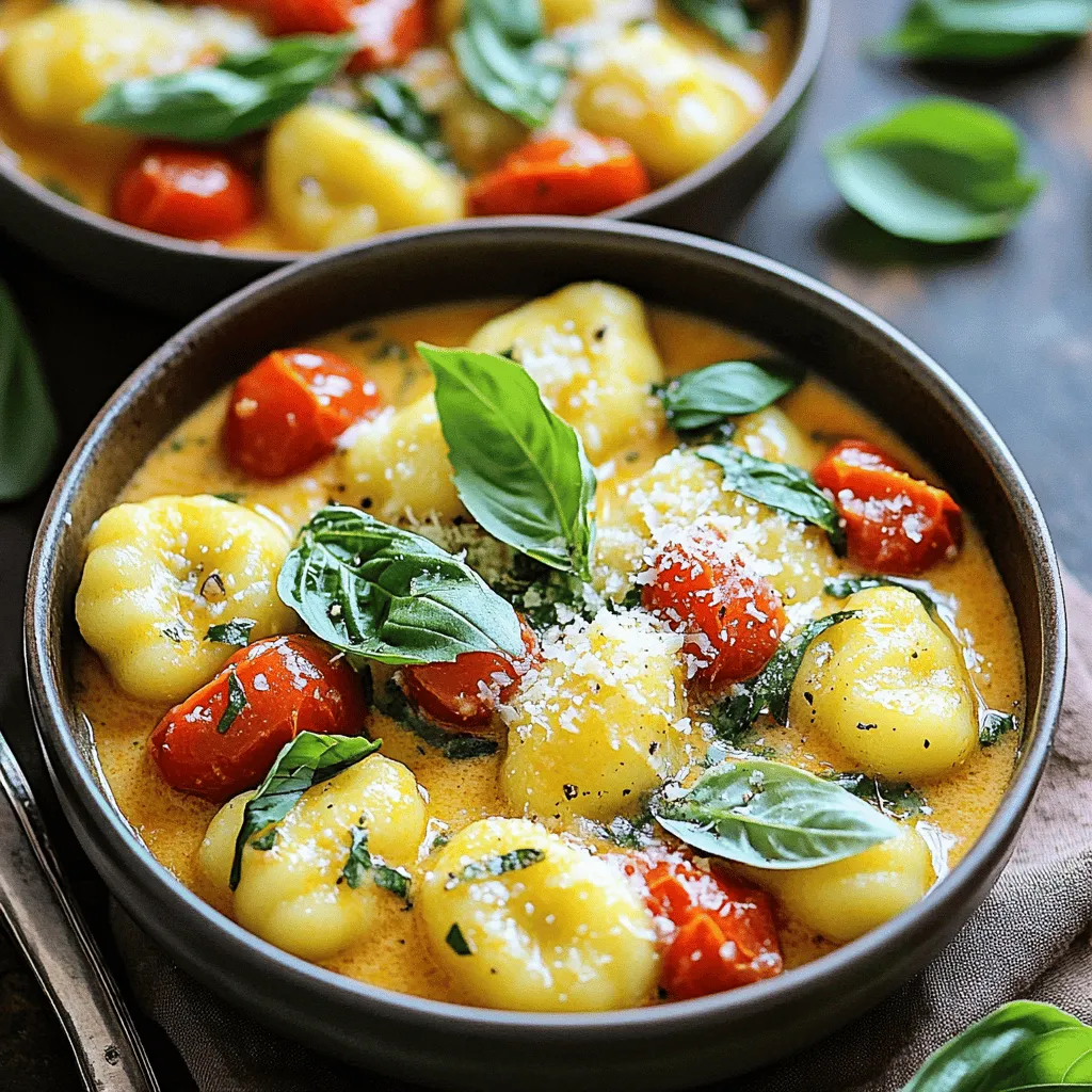 - 1 pound potato gnocchi - 1 can (14 oz) diced tomatoes, with juice - 2 cups vegetable broth - 1 cup heavy cream or coconut cream for a dairy-free option - 3 cloves garlic, minced - 1 teaspoon dried oregano - Salt and freshly ground black pepper to taste - 1 cup fresh basil leaves, roughly chopped - 1 cup grated Parmesan cheese or nutritional yeast for a vegan alternative - 2 tablespoons olive oil The main ingredients are simple yet full of flavor. The potato gnocchi brings a wonderful texture that pairs perfectly with the creamy sauce. The diced tomatoes add a tangy taste, while the broth enhances the rich flavor. If you want a dairy-free version, use coconut cream instead of heavy cream. It adds a nice sweetness and richness to the dish. You can also swap grated Parmesan cheese for nutritional yeast. It gives a cheesy flavor without any dairy. Besides salt and pepper, you can add a pinch of crushed red pepper for heat. Fresh basil adds a burst of flavor. When serving, sprinkle extra basil on top. A light dusting of Parmesan or nutritional yeast also makes it look pretty and appetizing. Enjoy this creamy delight! Start by heating the olive oil in a large pot over medium heat. Once the oil is hot, add three cloves of minced garlic. Sauté the garlic for about one minute. Watch it closely; you do not want it to brown. The smell will fill your kitchen with warmth and flavor. Next, pour in one can of diced tomatoes with its juice. Then, add two cups of vegetable broth and one teaspoon of dried oregano. Stir everything together well. Bring this mixture to a gentle boil. Once boiling, carefully add one pound of potato gnocchi to the pot. Cook the gnocchi according to the package instructions, usually around two to three minutes. You will know they are ready when they float to the top. After the gnocchi are cooked, reduce the heat to low. Slowly stir in one cup of heavy cream or coconut cream if you prefer a dairy-free option. Let it simmer for an extra two to three minutes. This helps the sauce thicken slightly. Now, season your dish with salt and freshly ground black pepper to taste. Remove the pot from heat. Gently fold in one cup of roughly chopped fresh basil and one cup of grated Parmesan cheese. If you want a vegan dish, use nutritional yeast instead. Stir until the cheese melts and the sauce becomes creamy. Taste your dish and adjust the seasoning if needed. To get a creamy sauce, choose heavy cream or coconut cream. Both work great! Heat the cream slowly in the pot. Stir it in after cooking the gnocchi. This helps the sauce thicken well. Be careful not to boil the cream. This keeps it smooth and rich. If you want a vegan option, use nutritional yeast. It adds a cheesy flavor without dairy. If you have leftovers, store them in an airtight container. Let the gnocchi cool down first. Then, place them in the fridge. They will last for about three days. When you reheat, add a splash of water or broth. This keeps the gnocchi moist and tasty. Garnish your dish with fresh basil leaves. This adds color and a fresh taste. You can also sprinkle extra Parmesan cheese on top. Serve the gnocchi with crusty bread. This is great for scooping up the sauce. For a twist, add red pepper flakes for heat. This will make your meal pop with flavor! {{image_4}} You can easily make this dish vegetarian or vegan. For a vegetarian version, use heavy cream and Parmesan cheese. For vegan, swap these for coconut cream and nutritional yeast. Both options keep the rich, creamy taste. You still get that satisfying flavor without the dairy. If you need gluten-free gnocchi, look for brands made with rice or corn flour. These types work well in this recipe. Always check the package to ensure they are certified gluten-free. This way, everyone can enjoy the dish without worries. Want to boost nutrition? Try adding spinach or mushrooms. Spinach adds iron and vitamins. Mushrooms bring umami and texture. You can sauté them with garlic at the start. This way, they blend well with the sauce. Feel free to experiment with other veggies, too! To keep your One-Pot Creamy Tomato Basil Gnocchi fresh, store it in an airtight container. I recommend letting it cool before sealing. This helps avoid extra moisture, which can make the dish soggy. In the fridge, it lasts for about three days. Make sure to label the container with the date you made it. This way, you’ll know when to enjoy it again. If you want to freeze the gnocchi, it’s best to do this before adding the heavy cream. Freeze it in a single layer on a baking sheet for about an hour. Once frozen, transfer the gnocchi to a freezer-safe bag. This method prevents them from sticking together. You can freeze it for up to three months. When you are ready to eat, cook it straight from the freezer. To reheat, you can use the stove or microwave. For the stove, add a splash of broth or water to a pan. Heat over low until warm. If you prefer the microwave, heat in short bursts, stirring in between. This keeps the sauce creamy and avoids drying out the dish. Taste it before serving and adjust the seasoning if needed. Enjoy every bite! Yes, you can use fresh gnocchi! Fresh gnocchi cooks faster than packaged ones. You should check the package for cooking times. Fresh gnocchi may only need 1-2 minutes in boiling water. Watch closely for when they float. They are ready when they rise to the top. If you need a substitute for heavy cream, use coconut cream. It gives a rich texture and adds flavor. You can also use cashew cream for a nutty taste. Blend soaked cashews with water until smooth. This option is great for a dairy-free meal. This dish lasts for up to three days in the fridge. Store it in an airtight container. Before eating, reheat gently on low heat. Add a splash of broth or cream to keep it creamy. Check for freshness by smelling and tasting before serving. This blog post covered how to make a tasty one-pot creamy tomato basil gnocchi. We explored the key ingredients, step-by-step cooking instructions, and helpful tips. You can adapt this dish with dairy-free alternatives or extra veggies. Storing and reheating are easy with the right methods. Remember, cooking should be fun! Experiment with flavors and enjoy the process. Your kitchen can be a place of joy with this simple recipe. Enjoy your delicious gnocchi today!