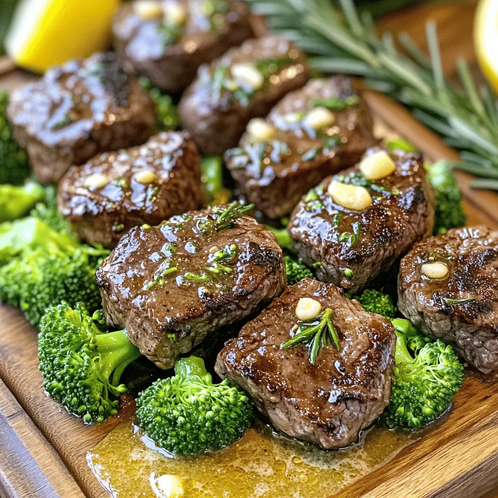 - 1 lb sirloin steak, cut into bite-sized pieces - 2 tablespoons unsalted butter - 3 cloves garlic, finely minced - 1 teaspoon fresh rosemary, finely chopped - 1 teaspoon fresh thyme, finely chopped - 2 cups broccoli florets - 1 tablespoon olive oil - Zest of 1 lemon (about 1 teaspoon) - 1 tablespoon freshly squeezed lemon juice - Salt and freshly ground black pepper to taste In this dish, we use sirloin steak for its rich flavor and tenderness. Unsalted butter adds a creamy texture. Fresh garlic gives a strong, savory kick, while rosemary and thyme bring fragrant notes. Broccoli adds color and crunch, making this plate more vibrant. Olive oil helps with cooking and adds richness. Lemon zest and juice brighten the dish, balancing the savory flavors. Don’t forget to season well with salt and pepper for the best taste. Each ingredient plays an important role in this recipe. The steak delivers protein, while the broccoli adds vitamins. Together, they create a balanced and delightful meal. Start by seasoning the sirloin steak bites. Sprinkle salt and black pepper on all sides. This step adds flavor to each bite. It’s crucial to have an even cook. When the steak cooks evenly, it stays juicy and tender. Bring a medium pot of salted water to a boil. Add the broccoli florets and cook for about two minutes. You want them bright green and tender-crisp. After that, drain the broccoli quickly. Plunge it into ice water to stop the cooking. This keeps the broccoli crunchy and colorful. Heat one tablespoon of olive oil in a large skillet over medium-high heat. Once the oil is hot, add the seasoned steak bites in a single layer. Make sure there is space between each piece for even cooking. Sear the steak for about two to three minutes. Flip them and sear for another two to three minutes until they reach your desired doneness. Remove the steak bites and set them aside. In the same skillet, reduce the heat to medium and add the unsalted butter. Let it melt completely. After it melts, add the minced garlic, chopped rosemary, and thyme. Sauté the mixture for about one minute. Stir as it cooks until it smells good, but be careful not to brown the garlic. Browned garlic can taste bitter. Return the seared steak bites to the skillet. Toss them in the garlic butter mixture until well coated. Next, add the blanched broccoli along with the lemon zest and lemon juice. Toss everything together for two minutes. Make sure everything is hot and well mixed. Taste your dish and adjust the seasoning. You may want to add more salt and freshly ground black pepper. This allows you to customize the flavors to your liking. Choosing the Right Cut For this dish, I suggest using sirloin steak. It’s tender and flavorful. Look for cuts with good marbling. This fat gives the meat great taste and keeps it juicy. Tips for Achieving the Best Sear To get the best sear, heat your skillet well. Use medium-high heat and let the oil shimmer. Place steak pieces in a single layer. Avoid crowding the pan to ensure even cooking. Flip them only once to get a nice crust. Preventing Overcooking When blanching broccoli, time is key. Cook it for just 2 minutes. This keeps the bright green color and crisp texture. Watch closely to avoid mushy broccoli. Alternatives to Ice Water If you don’t have ice water, try cold water instead. Just make sure it’s very cold. This will help stop the cooking right away. Suggested Herb Substitutions While rosemary and thyme are great, you can switch them out. Try parsley or basil for a fresh twist. Each herb brings its own unique taste to your dish. Option to Add Spices or Sauces Want to kick it up a notch? Add a pinch of red pepper flakes for heat. You can also drizzle soy sauce or Worcestershire sauce for added depth. Each option will elevate the flavor of your steak bites. {{image_4}} You can swap the sirloin steak for other proteins. Chicken works well for a lighter dish. Shrimp is another great choice. It cooks fast and adds a nice flavor. For a vegetarian option, consider using mushrooms or firm tofu. Both soak up flavors nicely. They can be cooked in the same garlic butter for a rich taste. Adding more veggies boosts the nutrition. Bell peppers add color and sweetness. Carrots bring a nice crunch. Snap peas or green beans are also tasty. They cook quickly and blend well. You can pair this dish with rice or quinoa for a filling meal. Mixing in a salad adds freshness. This gives your plate a vibrant look and a variety of textures. To change the flavor, try different seasonings. Smoky paprika or cumin adds warmth. Fresh parsley or cilantro can brighten the dish. If you like heat, add hot sauce or red pepper flakes. This gives a spicy kick. You can also try a splash of soy sauce for depth. These twists keep the recipe fun and exciting every time you make it. To keep your garlic butter steak bites and broccoli fresh, store leftovers in an airtight container. Make sure they cool down first. Refrigerate them within two hours of cooking. They stay good for up to three days. Avoid leaving them out too long, as bacteria can grow quickly. When it’s time to enjoy your leftovers, reheating properly is key. Use the stovetop for best results. Heat a pan over medium heat and add a splash of water or broth. This keeps the steak moist. Place the leftovers in the pan, cover it with a lid, and heat for about five minutes. Stir occasionally to ensure even warmth. You can also use the microwave, but be careful. Heat in short bursts, stirring in between, to avoid drying out the dish. To make garlic butter steak bites, follow these simple steps: 1. Season the Steak: Use salt and black pepper on bite-sized sirloin pieces. 2. Blanch Broccoli: Boil broccoli florets for 2 minutes, then cool in ice water. 3. Sear the Steak: Heat olive oil and cook the steak for 2-3 minutes on each side. 4. Make Garlic Butter: Melt butter, add garlic, rosemary, and thyme, sauté until fragrant. 5. Combine: Toss the steak and broccoli in the garlic butter, add lemon zest and juice. These steps create a quick and tasty meal. Yes, you can meal prep this dish. Here are some tips: - Cook the Steak: Sear the steak bites and store them in the fridge. - Prepare the Broccoli: Blanch and cool the broccoli, then store it as well. - Make Garlic Butter: Prepare the garlic butter and keep it in a jar. - Combine Later: When ready to eat, reheat steak and broccoli, then toss with garlic butter. Meal prepping saves time on busy nights. This dish pairs well with several sides: - Rice: White or brown rice absorbs the garlic butter well. - Potatoes: Mashed or roasted potatoes offer great texture. - Salad: A fresh green salad adds crunch and balance. - Bread: Garlic bread can soak up the extra sauce. These sides complement the dish nicely. Yes, this recipe is gluten-free. All ingredients used are safe. - Steak: Sirloin steak has no gluten. - Butter and Olive Oil: Both are gluten-free. - Herbs: Fresh herbs like rosemary and thyme are also safe. Always check labels if using packaged items. To get a tender steak, try these tips: - Choose the Right Cut: Sirloin is great for bite-sized pieces. - Season Well: Salt enhances flavor and helps tenderize. - Do Not Overcook: Cook to medium-rare for the best tenderness. - Let it Rest: Resting the steak for a few minutes helps juices redistribute. These steps will help your steak stay juicy and tender. This blog post covered how to make delicious garlic butter steak bites and broccoli. You learned about key ingredients, like sirloin steak, garlic, and fresh herbs. We explored step-by-step methods for cooking, blanching, and enhancing flavor. You also found helpful tips on variations, storage, and answering common questions. Cooking can be fun and rewarding. With practice, you’ll create tasty meals that impress. Keep experimenting with flavors and enjoy each dish you make!
